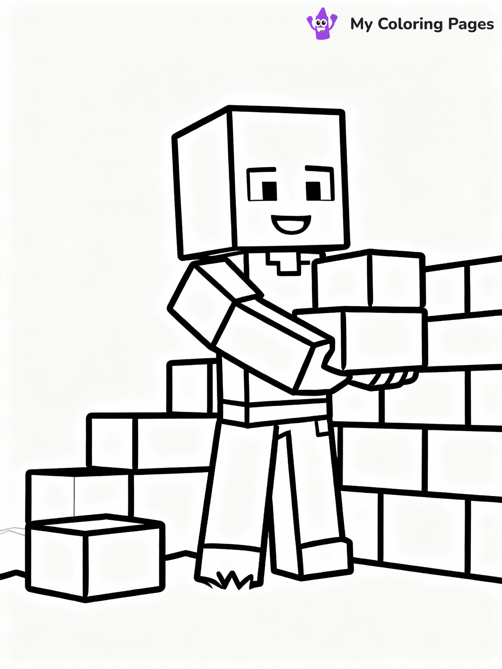 ⚠️ CRITICAL REQUIREMENT - ABSOLUTE BLACK AND WHITE ONLY ⚠️
This MUST be a BLACK AND WHITE line drawing ONLY. NO COLORS whatsoever.
- ONLY pure black lines (#000000) on pure white background (#FFFFFF)
- ABSOLUTELY NO colors, NO shading, NO gradients, NO grayscale
- If there are ANY colors in the output, the image is REJECTED
- This is a COLORING PAGE - meant to be COLORED IN by children
- The output must be UNCOLORED line art ready for coloring
⚠️ SUBJECT TO DRAW: Minecraft Steve building a house with blocks
(REMEMBER: Output must be BLACK AND WHITE line art only, NOT colored!)
# Flat, Friendly Cartoon Line-Art Coloring Page
You are generating a **pure black-and-white binary image** of a child-friendly cartoon scene combining characters and background scenery in one cohesive composition.
## Rendering Rules (Strict)
- Only two colors: pure black (#000000) outlines and pure white (#FFFFFF) background.
- No grayscale, shading, gradients, tints, fills, transparency, or partial pixels.
- No antialiasing or blended edges; every pixel is 100% black or white.
- No solid black fills inside shapes — all areas inside outlines must remain white.
- No dark clothing areas or filled tone blocks; all garments outlined only.
- No shadows, textures, lighting, or tonal variations.
- Must look like flat binary vector line-art for coloring pages.
## Drawing & Composition
- **Medium, consistent line weight**; clean closed outlines easy to color inside.
- **Flat, simple, child-friendly design** — no realism or 3D depth.
- Characters are **grounded on a surface**, centered and large.
- **Balanced composition** with clear silhouettes and minimal props.
## Scenery & Style
- Landmarks (e.g., mosque, CN Tower) and scenery (trees, benches, waves) drawn with **black outlines only.**
- For real-world figures, teams, or places, show accurate details using only black outlines—no text or logos. Use distinctive uniform patterns, abstract symbols, and landmark silhouettes to convey identity.
- Keep **consistent perspective**; no floating elements.
- **Style:** whimsical **Doodle Art Alley** — rounded, friendly outlines.
- May adapt shapes from **Crayola, Disney, Peppa Pig, Cocomelon** — *by shape only, never color.*
- Final output: **flat, crisp, binary (#000000/#FFFFFF)**, **no filled color or background text.**
EXTREMELYE IMPORTANT:
- PURE BINARY LINE-ART; NO FILLS (HAIR/CLOTHES/SKIN), SHADING, OR GREY.
- NO SHADING, COLOR. MUST BE WHITE BACKGROUND.
⚠️ FINAL REMINDER: Draw the subject "Minecraft Steve building a house with blocks" as BLACK AND WHITE line art. Zero colors in output.