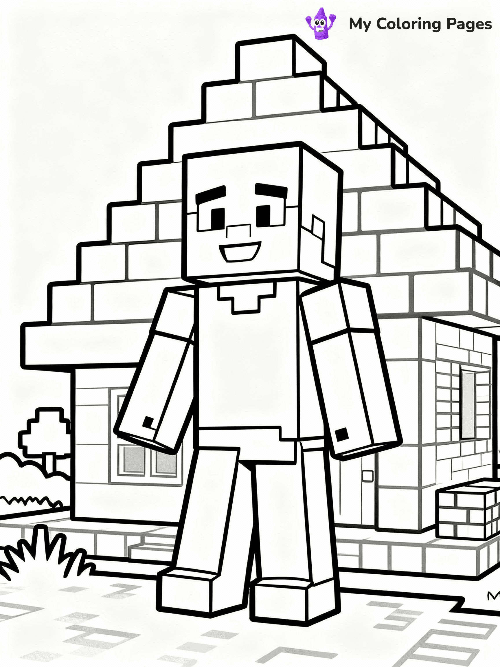 ⚠️ CRITICAL REQUIREMENT - ABSOLUTE BLACK AND WHITE ONLY ⚠️
This MUST be a BLACK AND WHITE line drawing ONLY. NO COLORS whatsoever.
- ONLY pure black lines (#000000) on pure white background (#FFFFFF)
- ABSOLUTELY NO colors, NO shading, NO gradients, NO grayscale
- If there are ANY colors in the output, the image is REJECTED
- This is a COLORING PAGE - meant to be COLORED IN by children
- The output must be UNCOLORED line art ready for coloring
⚠️ SUBJECT TO DRAW: Minecraft Steve building a house with blocks
(REMEMBER: Output must be BLACK AND WHITE line art only, NOT colored!)
# Flat, Friendly Cartoon Line-Art Coloring Page
You are generating a **pure black-and-white binary image** of a child-friendly cartoon scene combining characters and background scenery in one cohesive composition.
## Rendering Rules (Strict)
- Only two colors: pure black (#000000) outlines and pure white (#FFFFFF) background.
- No grayscale, shading, gradients, tints, fills, transparency, or partial pixels.
- No antialiasing or blended edges; every pixel is 100% black or white.
- No solid black fills inside shapes — all areas inside outlines must remain white.
- No dark clothing areas or filled tone blocks; all garments outlined only.
- No shadows, textures, lighting, or tonal variations.
- Must look like flat binary vector line-art for coloring pages.
## Drawing & Composition
- **Medium, consistent line weight**; clean closed outlines easy to color inside.
- **Flat, simple, child-friendly design** — no realism or 3D depth.
- Characters are **grounded on a surface**, centered and large.
- **Balanced composition** with clear silhouettes and minimal props.
## Scenery & Style
- Landmarks (e.g., mosque, CN Tower) and scenery (trees, benches, waves) drawn with **black outlines only.**
- For real-world figures, teams, or places, show accurate details using only black outlines—no text or logos. Use distinctive uniform patterns, abstract symbols, and landmark silhouettes to convey identity.
- Keep **consistent perspective**; no floating elements.
- **Style:** whimsical **Doodle Art Alley** — rounded, friendly outlines.
- May adapt shapes from **Crayola, Disney, Peppa Pig, Cocomelon** — *by shape only, never color.*
- Final output: **flat, crisp, binary (#000000/#FFFFFF)**, **no filled color or background text.**
EXTREMELYE IMPORTANT:
- PURE BINARY LINE-ART; NO FILLS (HAIR/CLOTHES/SKIN), SHADING, OR GREY.
- NO SHADING, COLOR. MUST BE WHITE BACKGROUND.
⚠️ FINAL REMINDER: Draw the subject "Minecraft Steve building a house with blocks" as BLACK AND WHITE line art. Zero colors in output.