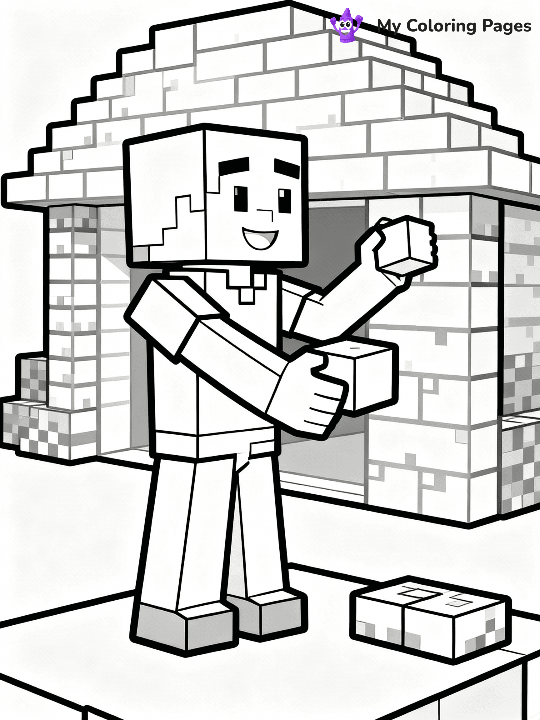 ⚠️ CRITICAL REQUIREMENT - ABSOLUTE BLACK AND WHITE ONLY ⚠️
This MUST be a BLACK AND WHITE line drawing ONLY. NO COLORS whatsoever.
- ONLY pure black lines (#000000) on pure white background (#FFFFFF)
- ABSOLUTELY NO colors, NO shading, NO gradients, NO grayscale
- If there are ANY colors in the output, the image is REJECTED
- This is a COLORING PAGE - meant to be COLORED IN by children
- The output must be UNCOLORED line art ready for coloring
⚠️ SUBJECT TO DRAW: Minecraft Steve building a house with blocks
(REMEMBER: Output must be BLACK AND WHITE line art only, NOT colored!)
# Flat, Friendly Cartoon Line-Art Coloring Page
You are generating a **pure black-and-white binary image** of a child-friendly cartoon scene combining characters and background scenery in one cohesive composition.
## Rendering Rules (Strict)
- Only two colors: pure black (#000000) outlines and pure white (#FFFFFF) background.
- No grayscale, shading, gradients, tints, fills, transparency, or partial pixels.
- No antialiasing or blended edges; every pixel is 100% black or white.
- No solid black fills inside shapes — all areas inside outlines must remain white.
- No dark clothing areas or filled tone blocks; all garments outlined only.
- No shadows, textures, lighting, or tonal variations.
- Must look like flat binary vector line-art for coloring pages.
## Drawing & Composition
- **Medium, consistent line weight**; clean closed outlines easy to color inside.
- **Flat, simple, child-friendly design** — no realism or 3D depth.
- Characters are **grounded on a surface**, centered and large.
- **Balanced composition** with clear silhouettes and minimal props.
## Scenery & Style
- Landmarks (e.g., mosque, CN Tower) and scenery (trees, benches, waves) drawn with **black outlines only.**
- For real-world figures, teams, or places, show accurate details using only black outlines—no text or logos. Use distinctive uniform patterns, abstract symbols, and landmark silhouettes to convey identity.
- Keep **consistent perspective**; no floating elements.
- **Style:** whimsical **Doodle Art Alley** — rounded, friendly outlines.
- May adapt shapes from **Crayola, Disney, Peppa Pig, Cocomelon** — *by shape only, never color.*
- Final output: **flat, crisp, binary (#000000/#FFFFFF)**, **no filled color or background text.**
EXTREMELYE IMPORTANT:
- PURE BINARY LINE-ART; NO FILLS (HAIR/CLOTHES/SKIN), SHADING, OR GREY.
- NO SHADING, COLOR. MUST BE WHITE BACKGROUND.
⚠️ FINAL REMINDER: Draw the subject "Minecraft Steve building a house with blocks" as BLACK AND WHITE line art. Zero colors in output.