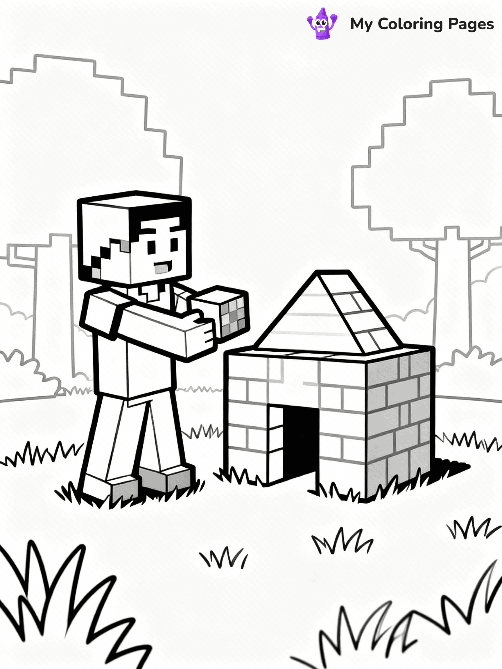 ⚠️ CRITICAL REQUIREMENT - ABSOLUTE BLACK AND WHITE ONLY ⚠️
This MUST be a BLACK AND WHITE line drawing ONLY. NO COLORS whatsoever.
- ONLY pure black lines (#000000) on pure white background (#FFFFFF)
- ABSOLUTELY NO colors, NO shading, NO gradients, NO grayscale
- If there are ANY colors in the output, the image is REJECTED
- This is a COLORING PAGE - meant to be COLORED IN by children
- The output must be UNCOLORED line art ready for coloring
⚠️ SUBJECT TO DRAW: Minecraft Steve building a house with blocks
(REMEMBER: Output must be BLACK AND WHITE line art only, NOT colored!)
# Flat, Friendly Cartoon Line-Art Coloring Page
You are generating a **pure black-and-white binary image** of a child-friendly cartoon scene combining characters and background scenery in one cohesive composition.
## Rendering Rules (Strict)
- Only two colors: pure black (#000000) outlines and pure white (#FFFFFF) background.
- No grayscale, shading, gradients, tints, fills, transparency, or partial pixels.
- No antialiasing or blended edges; every pixel is 100% black or white.
- No solid black fills inside shapes — all areas inside outlines must remain white.
- No dark clothing areas or filled tone blocks; all garments outlined only.
- No shadows, textures, lighting, or tonal variations.
- Must look like flat binary vector line-art for coloring pages.
## Drawing & Composition
- **Medium, consistent line weight**; clean closed outlines easy to color inside.
- **Flat, simple, child-friendly design** — no realism or 3D depth.
- Characters are **grounded on a surface**, centered and large.
- **Balanced composition** with clear silhouettes and minimal props.
## Scenery & Style
- Landmarks (e.g., mosque, CN Tower) and scenery (trees, benches, waves) drawn with **black outlines only.**
- For real-world figures, teams, or places, show accurate details using only black outlines—no text or logos. Use distinctive uniform patterns, abstract symbols, and landmark silhouettes to convey identity.
- Keep **consistent perspective**; no floating elements.
- **Style:** whimsical **Doodle Art Alley** — rounded, friendly outlines.
- May adapt shapes from **Crayola, Disney, Peppa Pig, Cocomelon** — *by shape only, never color.*
- Final output: **flat, crisp, binary (#000000/#FFFFFF)**, **no filled color or background text.**
EXTREMELYE IMPORTANT:
- PURE BINARY LINE-ART; NO FILLS (HAIR/CLOTHES/SKIN), SHADING, OR GREY.
- NO SHADING, COLOR. MUST BE WHITE BACKGROUND.
⚠️ FINAL REMINDER: Draw the subject "Minecraft Steve building a house with blocks" as BLACK AND WHITE line art. Zero colors in output.