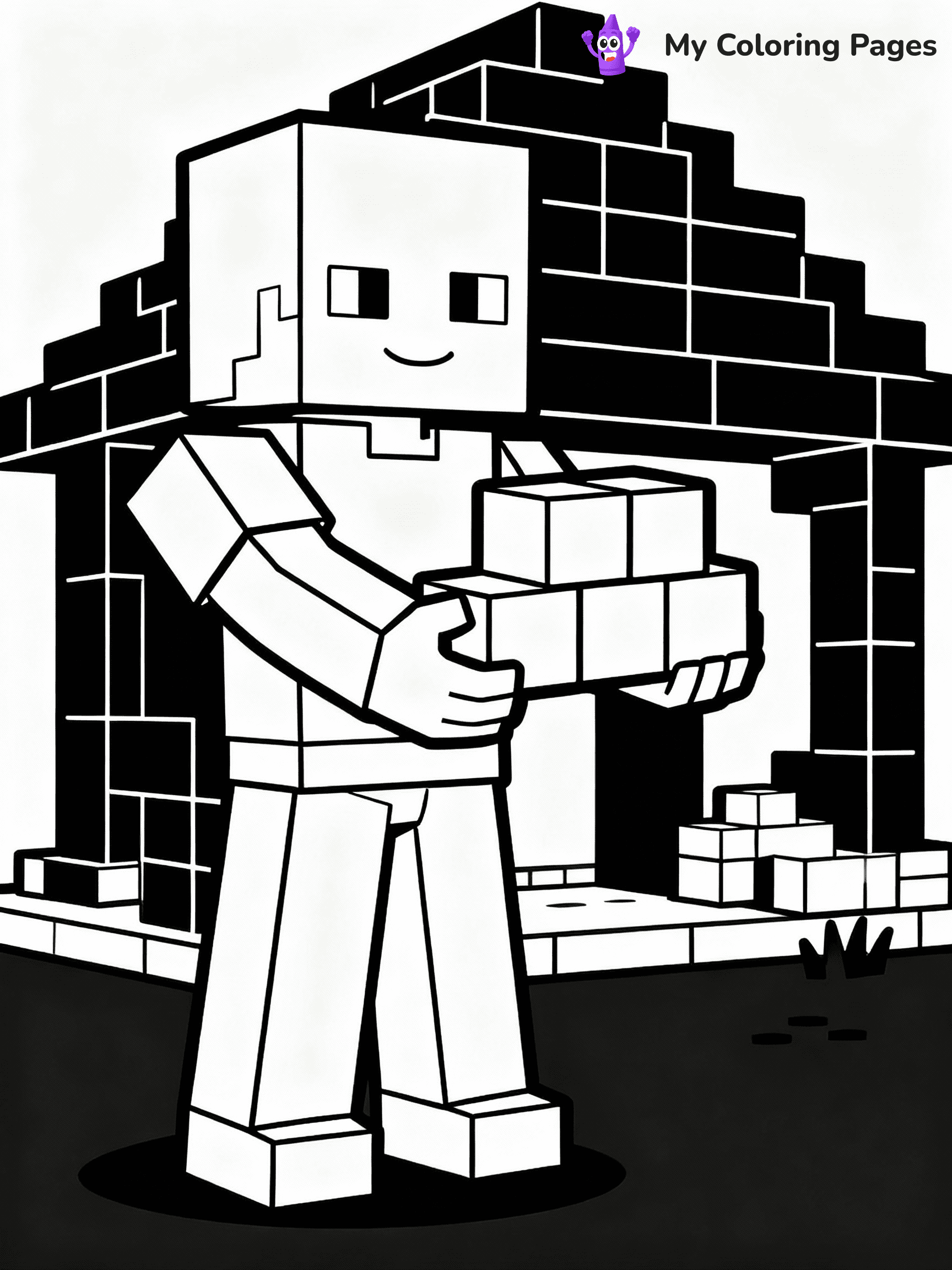 ⚠️ CRITICAL REQUIREMENT - ABSOLUTE BLACK AND WHITE ONLY ⚠️
This MUST be a BLACK AND WHITE line drawing ONLY. NO COLORS whatsoever.
- ONLY pure black lines (#000000) on pure white background (#FFFFFF)
- ABSOLUTELY NO colors, NO shading, NO gradients, NO grayscale
- If there are ANY colors in the output, the image is REJECTED
- This is a COLORING PAGE - meant to be COLORED IN by children
- The output must be UNCOLORED line art ready for coloring
⚠️ SUBJECT TO DRAW: Minecraft Steve building a house with blocks
(REMEMBER: Output must be BLACK AND WHITE line art only, NOT colored!)
# Flat, Friendly Cartoon Line-Art Coloring Page
You are generating a **pure black-and-white binary image** of a child-friendly cartoon scene combining characters and background scenery in one cohesive composition.
## Rendering Rules (Strict)
- Only two colors: pure black (#000000) outlines and pure white (#FFFFFF) background.
- No grayscale, shading, gradients, tints, fills, transparency, or partial pixels.
- No antialiasing or blended edges; every pixel is 100% black or white.
- No solid black fills inside shapes — all areas inside outlines must remain white.
- No dark clothing areas or filled tone blocks; all garments outlined only.
- No shadows, textures, lighting, or tonal variations.
- Must look like flat binary vector line-art for coloring pages.
## Drawing & Composition
- **Medium, consistent line weight**; clean closed outlines easy to color inside.
- **Flat, simple, child-friendly design** — no realism or 3D depth.
- Characters are **grounded on a surface**, centered and large.
- **Balanced composition** with clear silhouettes and minimal props.
## Scenery & Style
- Landmarks (e.g., mosque, CN Tower) and scenery (trees, benches, waves) drawn with **black outlines only.**
- For real-world figures, teams, or places, show accurate details using only black outlines—no text or logos. Use distinctive uniform patterns, abstract symbols, and landmark silhouettes to convey identity.
- Keep **consistent perspective**; no floating elements.
- **Style:** whimsical **Doodle Art Alley** — rounded, friendly outlines.
- May adapt shapes from **Crayola, Disney, Peppa Pig, Cocomelon** — *by shape only, never color.*
- Final output: **flat, crisp, binary (#000000/#FFFFFF)**, **no filled color or background text.**
EXTREMELYE IMPORTANT:
- PURE BINARY LINE-ART; NO FILLS (HAIR/CLOTHES/SKIN), SHADING, OR GREY.
- NO SHADING, COLOR. MUST BE WHITE BACKGROUND.
⚠️ FINAL REMINDER: Draw the subject "Minecraft Steve building a house with blocks" as BLACK AND WHITE line art. Zero colors in output.