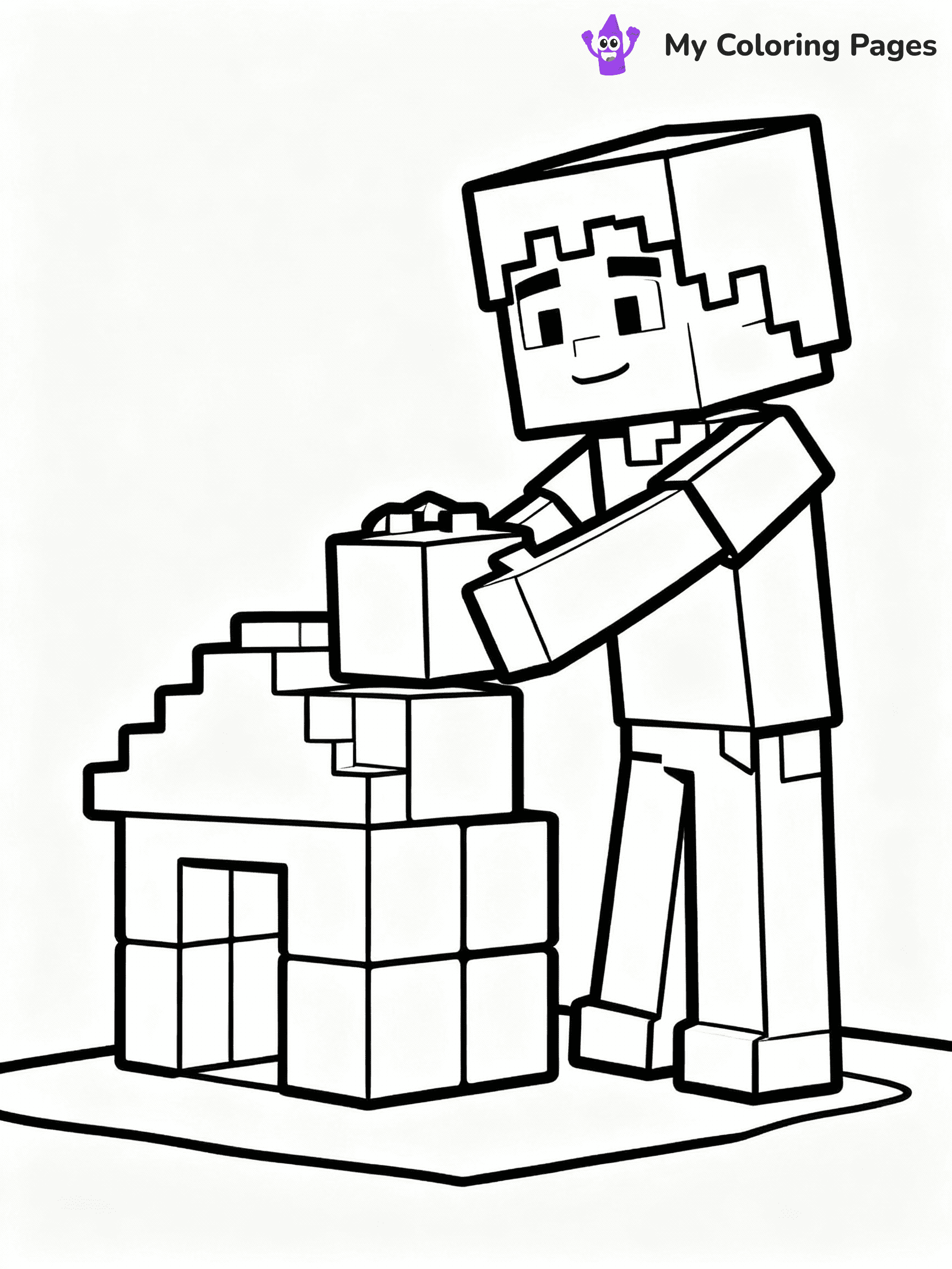 ⚠️ CRITICAL REQUIREMENT - ABSOLUTE BLACK AND WHITE ONLY ⚠️
This MUST be a BLACK AND WHITE line drawing ONLY. NO COLORS whatsoever.
- ONLY pure black lines (#000000) on pure white background (#FFFFFF)
- ABSOLUTELY NO colors, NO shading, NO gradients, NO grayscale
- If there are ANY colors in the output, the image is REJECTED
- This is a COLORING PAGE - meant to be COLORED IN by children
- The output must be UNCOLORED line art ready for coloring
⚠️ SUBJECT TO DRAW: Minecraft Steve building a house with blocks
(REMEMBER: Output must be BLACK AND WHITE line art only, NOT colored!)
# Flat, Friendly Cartoon Line-Art Coloring Page
You are generating a **pure black-and-white binary image** of a child-friendly cartoon scene combining characters and background scenery in one cohesive composition.
## Rendering Rules (Strict)
- Only two colors: pure black (#000000) outlines and pure white (#FFFFFF) background.
- No grayscale, shading, gradients, tints, fills, transparency, or partial pixels.
- No antialiasing or blended edges; every pixel is 100% black or white.
- No solid black fills inside shapes — all areas inside outlines must remain white.
- No dark clothing areas or filled tone blocks; all garments outlined only.
- No shadows, textures, lighting, or tonal variations.
- Must look like flat binary vector line-art for coloring pages.
## Drawing & Composition
- **Medium, consistent line weight**; clean closed outlines easy to color inside.
- **Flat, simple, child-friendly design** — no realism or 3D depth.
- Characters are **grounded on a surface**, centered and large.
- **Balanced composition** with clear silhouettes and minimal props.
## Scenery & Style
- Landmarks (e.g., mosque, CN Tower) and scenery (trees, benches, waves) drawn with **black outlines only.**
- For real-world figures, teams, or places, show accurate details using only black outlines—no text or logos. Use distinctive uniform patterns, abstract symbols, and landmark silhouettes to convey identity.
- Keep **consistent perspective**; no floating elements.
- **Style:** whimsical **Doodle Art Alley** — rounded, friendly outlines.
- May adapt shapes from **Crayola, Disney, Peppa Pig, Cocomelon** — *by shape only, never color.*
- Final output: **flat, crisp, binary (#000000/#FFFFFF)**, **no filled color or background text.**
EXTREMELYE IMPORTANT:
- PURE BINARY LINE-ART; NO FILLS (HAIR/CLOTHES/SKIN), SHADING, OR GREY.
- NO SHADING, COLOR. MUST BE WHITE BACKGROUND.
⚠️ FINAL REMINDER: Draw the subject "Minecraft Steve building a house with blocks" as BLACK AND WHITE line art. Zero colors in output.