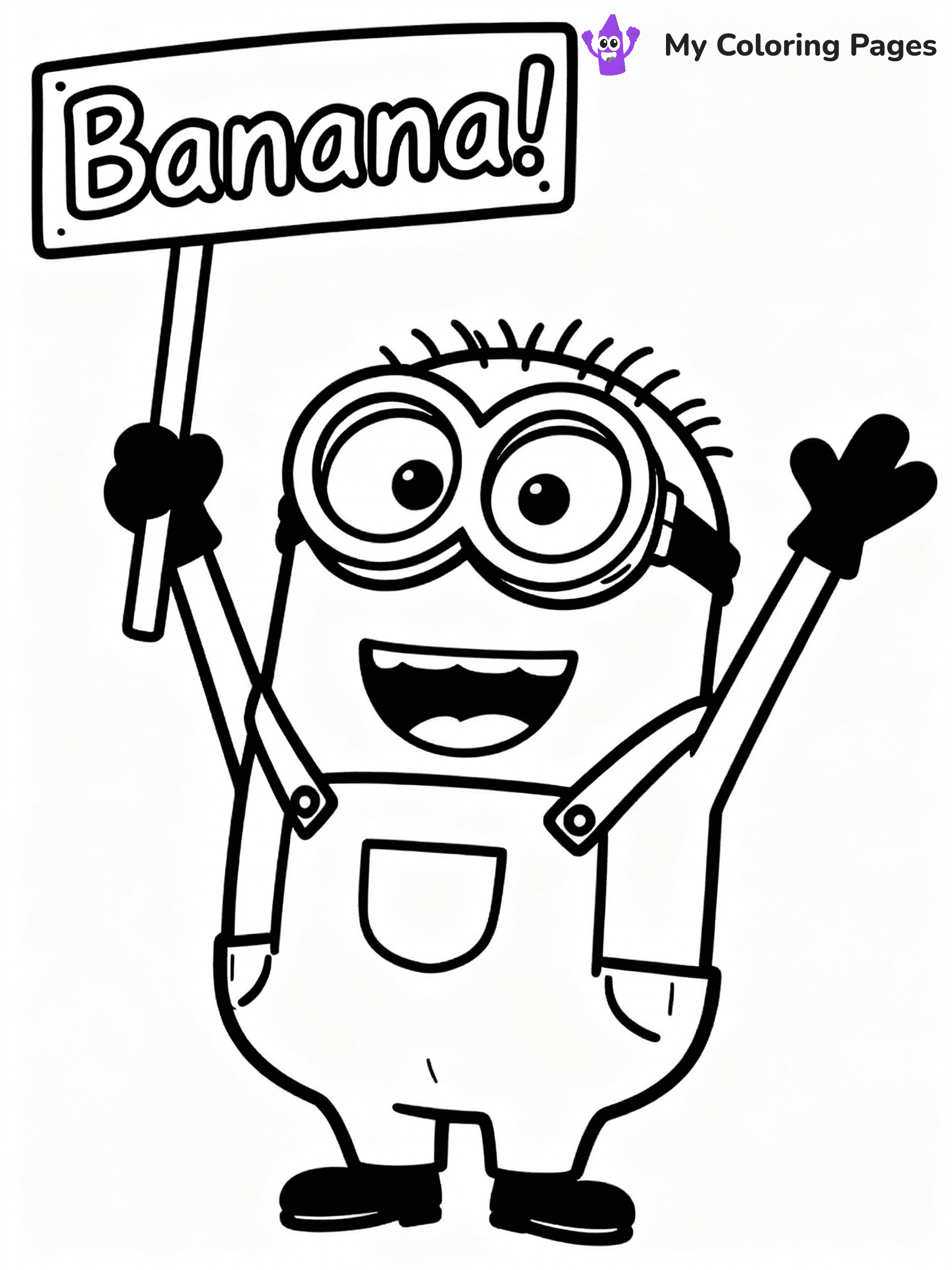 ⚠️ CRITICAL REQUIREMENT - ABSOLUTE BLACK AND WHITE ONLY ⚠️
This MUST be a BLACK AND WHITE line drawing ONLY. NO COLORS whatsoever.
- ONLY pure black lines (#000000) on pure white background (#FFFFFF)
- ABSOLUTELY NO colors, NO shading, NO gradients, NO grayscale
- If there are ANY colors in the output, the image is REJECTED
- This is a COLORING PAGE - meant to be COLORED IN by children
- The output must be UNCOLORED line art ready for coloring
⚠️ SUBJECT TO DRAW: Kevin from Minions in CGI animation style, wearing overalls, holding a sign that says "Banana!", cheerful pose
(REMEMBER: Output must be BLACK AND WHITE line art only, NOT colored!)
# COLORING PAGE: BLACK OUTLINES ONLY - WHITE BACKGROUND MANDATORY
Create a **coloring book page** using EXACTLY two values: black lines, white space.
## NON-NEGOTIABLE BINARY RULES
- **ONLY #000000 (black) and #FFFFFF (white)** - NO other values exist
- **EVERY PIXEL = BLACK OR WHITE** - no gray/shading/antialiasing
- **WHITE BACKGROUND MANDATORY** - entire canvas stays white
- **ALL SHAPES HOLLOW** - everything is empty outlines waiting to be colored
- **FORBIDDEN:** fills, shading, gradients, patterns, textures, colors
- **NO SOLID REGIONS** - if it's not a thin line, it's wrong
## Universal Line Standards
- Black outlines ONLY - thin, uniform weight
- Every shape completely empty inside
- Closed contours suitable for coloring
- Simple flat illustration - zero depth/3D/realism
- **Style:** Whimsical Doodle Art Alley - rounded, friendly outlines (unless specified)
## Everything = Outline Only
- Characters/animals: hollow shapes
- Objects/clothing: empty contours
- Backgrounds/scenery: line work only
- Natural elements: outlined forms
- Dark/night areas: don't exist (use outlined symbols)
- Textures/patterns: convert to simple lines
## The Test
Can a child color EVERY white space with crayons? If any area is pre-filled/shaded/gray or colored in, it FAILS. Every shape must be waiting to receive color.
**FINAL OUTPUT**: Binary coloring page. Black lines define shapes. White spaces ready for coloring. Nothing else exists. No exceptions. Print-ready.
⚠️ FINAL REMINDER: Draw the subject "Kevin from Minions in CGI animation style, wearing overalls, holding a sign that says "Banana!", cheerful pose" as BLACK AND WHITE line art. Zero colors in output.