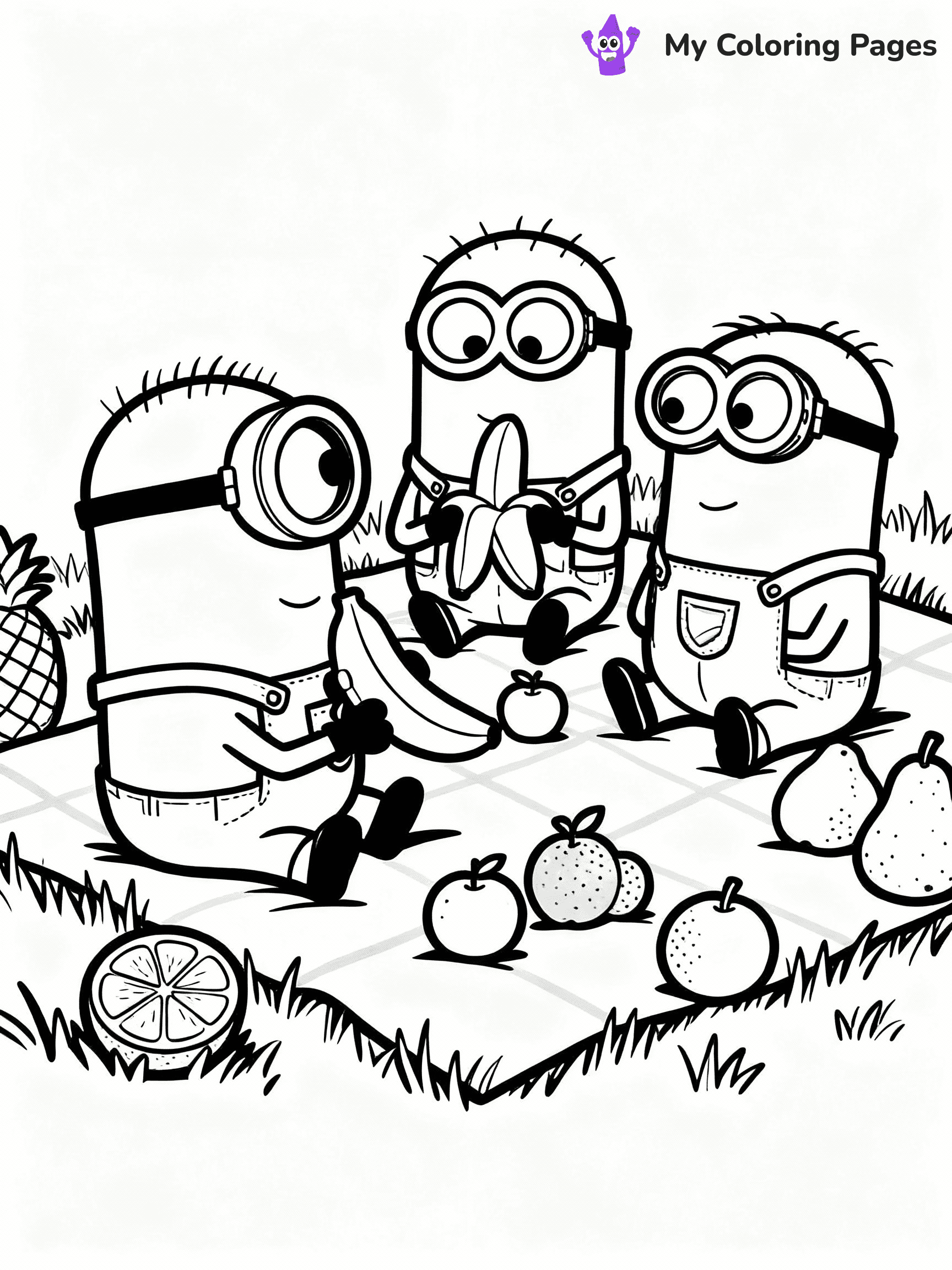 ⚠️ CRITICAL REQUIREMENT - ABSOLUTE BLACK AND WHITE ONLY ⚠️
This MUST be a BLACK AND WHITE line drawing ONLY. NO COLORS whatsoever.
- ONLY pure black lines (#000000) on pure white background (#FFFFFF)
- ABSOLUTELY NO colors, NO shading, NO gradients, NO grayscale
- If there are ANY colors in the output, the image is REJECTED
- This is a COLORING PAGE - meant to be COLORED IN by children
- The output must be UNCOLORED line art ready for coloring
⚠️ SUBJECT TO DRAW: Minions in Minions animation style, having a banana picnic, sitting on grass, various fruits around
(REMEMBER: Output must be BLACK AND WHITE line art only, NOT colored!)
# COLORING PAGE: BLACK OUTLINES ONLY - WHITE BACKGROUND MANDATORY
Create a **coloring book page** using EXACTLY two values: black lines, white space.
## NON-NEGOTIABLE BINARY RULES
- **ONLY #000000 (black) and #FFFFFF (white)** - NO other values exist
- **EVERY PIXEL = BLACK OR WHITE** - no gray/shading/antialiasing
- **WHITE BACKGROUND MANDATORY** - entire canvas stays white
- **ALL SHAPES HOLLOW** - everything is empty outlines waiting to be colored
- **FORBIDDEN:** fills, shading, gradients, patterns, textures, colors
- **NO SOLID REGIONS** - if it's not a thin line, it's wrong
## Universal Line Standards
- Black outlines ONLY - thin, uniform weight
- Every shape completely empty inside
- Closed contours suitable for coloring
- Simple flat illustration - zero depth/3D/realism
- **Style:** Whimsical Doodle Art Alley - rounded, friendly outlines (unless specified)
## Everything = Outline Only
- Characters/animals: hollow shapes
- Objects/clothing: empty contours
- Backgrounds/scenery: line work only
- Natural elements: outlined forms
- Dark/night areas: don't exist (use outlined symbols)
- Textures/patterns: convert to simple lines
## The Test
Can a child color EVERY white space with crayons? If any area is pre-filled/shaded/gray or colored in, it FAILS. Every shape must be waiting to receive color.
**FINAL OUTPUT**: Binary coloring page. Black lines define shapes. White spaces ready for coloring. Nothing else exists. No exceptions. Print-ready.
⚠️ FINAL REMINDER: Draw the subject "Minions in Minions animation style, having a banana picnic, sitting on grass, various fruits around" as BLACK AND WHITE line art. Zero colors in output.