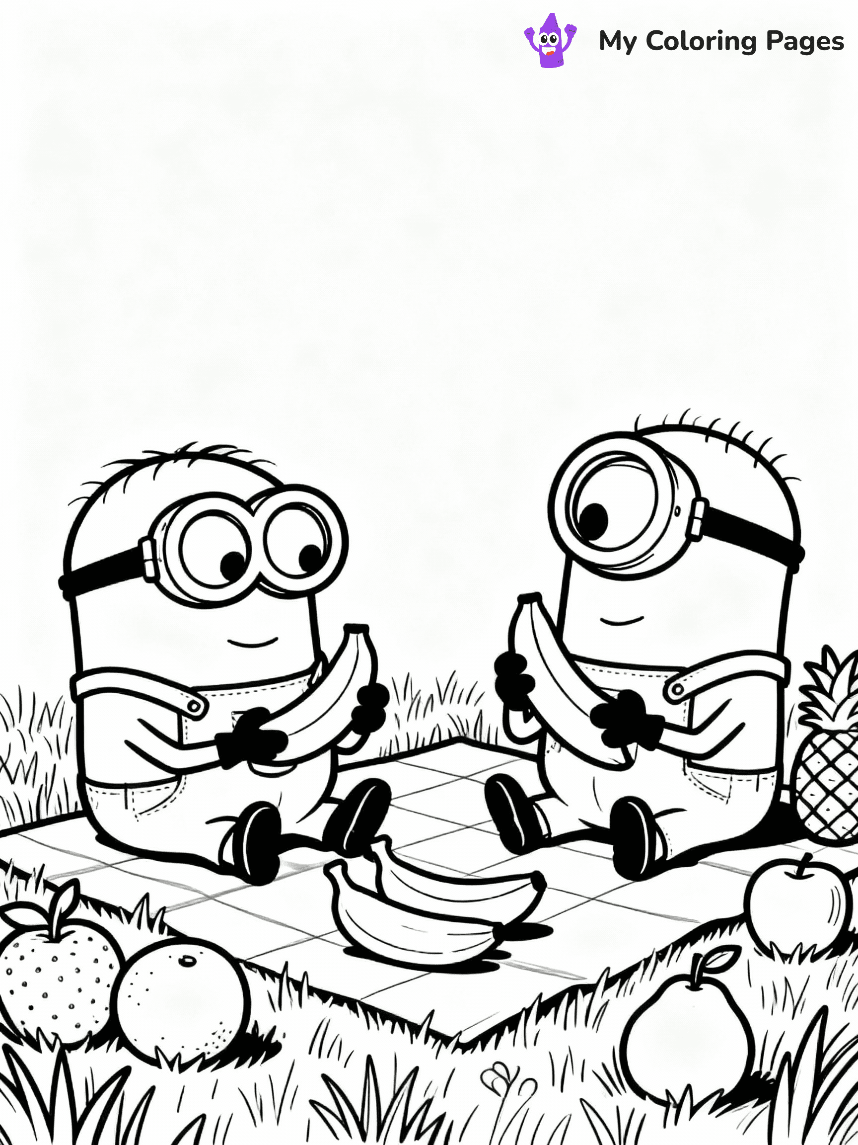 ⚠️ CRITICAL REQUIREMENT - ABSOLUTE BLACK AND WHITE ONLY ⚠️
This MUST be a BLACK AND WHITE line drawing ONLY. NO COLORS whatsoever.
- ONLY pure black lines (#000000) on pure white background (#FFFFFF)
- ABSOLUTELY NO colors, NO shading, NO gradients, NO grayscale
- If there are ANY colors in the output, the image is REJECTED
- This is a COLORING PAGE - meant to be COLORED IN by children
- The output must be UNCOLORED line art ready for coloring
⚠️ SUBJECT TO DRAW: Minions in Minions animation style, having a banana picnic, sitting on grass, various fruits around
(REMEMBER: Output must be BLACK AND WHITE line art only, NOT colored!)
# COLORING PAGE: BLACK OUTLINES ONLY - WHITE BACKGROUND MANDATORY
Create a **coloring book page** using EXACTLY two values: black lines, white space.
## NON-NEGOTIABLE BINARY RULES
- **ONLY #000000 (black) and #FFFFFF (white)** - NO other values exist
- **EVERY PIXEL = BLACK OR WHITE** - no gray/shading/antialiasing
- **WHITE BACKGROUND MANDATORY** - entire canvas stays white
- **ALL SHAPES HOLLOW** - everything is empty outlines waiting to be colored
- **FORBIDDEN:** fills, shading, gradients, patterns, textures, colors
- **NO SOLID REGIONS** - if it's not a thin line, it's wrong
## Universal Line Standards
- Black outlines ONLY - thin, uniform weight
- Every shape completely empty inside
- Closed contours suitable for coloring
- Simple flat illustration - zero depth/3D/realism
- **Style:** Whimsical Doodle Art Alley - rounded, friendly outlines (unless specified)
## Everything = Outline Only
- Characters/animals: hollow shapes
- Objects/clothing: empty contours
- Backgrounds/scenery: line work only
- Natural elements: outlined forms
- Dark/night areas: don't exist (use outlined symbols)
- Textures/patterns: convert to simple lines
## The Test
Can a child color EVERY white space with crayons? If any area is pre-filled/shaded/gray or colored in, it FAILS. Every shape must be waiting to receive color.
**FINAL OUTPUT**: Binary coloring page. Black lines define shapes. White spaces ready for coloring. Nothing else exists. No exceptions. Print-ready.
⚠️ FINAL REMINDER: Draw the subject "Minions in Minions animation style, having a banana picnic, sitting on grass, various fruits around" as BLACK AND WHITE line art. Zero colors in output.