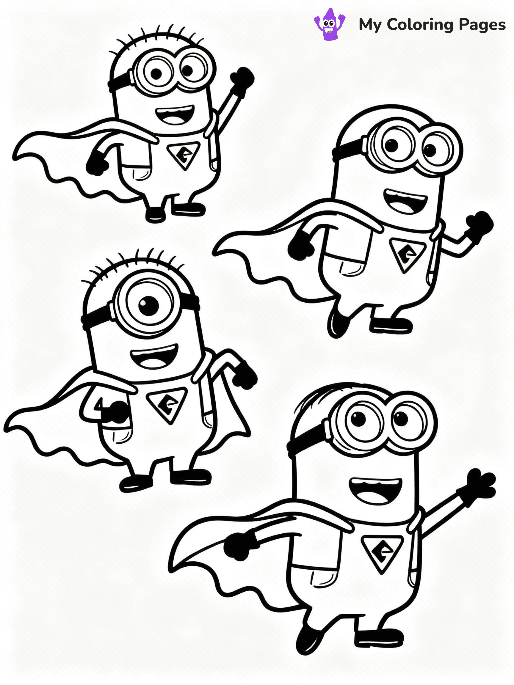 ⚠️ CRITICAL REQUIREMENT - ABSOLUTE BLACK AND WHITE ONLY ⚠️
This MUST be a BLACK AND WHITE line drawing ONLY. NO COLORS whatsoever.
- ONLY pure black lines (#000000) on pure white background (#FFFFFF)
- ABSOLUTELY NO colors, NO shading, NO gradients, NO grayscale
- If there are ANY colors in the output, the image is REJECTED
- This is a COLORING PAGE - meant to be COLORED IN by children
- The output must be UNCOLORED line art ready for coloring
⚠️ SUBJECT TO DRAW: Minions in Minions animation style, dressed as superheroes, capes flowing, striking dynamic poses
(REMEMBER: Output must be BLACK AND WHITE line art only, NOT colored!)
# COLORING PAGE: BLACK OUTLINES ONLY - WHITE BACKGROUND MANDATORY
Create a **coloring book page** using EXACTLY two values: black lines, white space.
## NON-NEGOTIABLE BINARY RULES
- **ONLY #000000 (black) and #FFFFFF (white)** - NO other values exist
- **EVERY PIXEL = BLACK OR WHITE** - no gray/shading/antialiasing
- **WHITE BACKGROUND MANDATORY** - entire canvas stays white
- **ALL SHAPES HOLLOW** - everything is empty outlines waiting to be colored
- **FORBIDDEN:** fills, shading, gradients, patterns, textures, colors
- **NO SOLID REGIONS** - if it's not a thin line, it's wrong
## Universal Line Standards
- Black outlines ONLY - thin, uniform weight
- Every shape completely empty inside
- Closed contours suitable for coloring
- Simple flat illustration - zero depth/3D/realism
- **Style:** Whimsical Doodle Art Alley - rounded, friendly outlines (unless specified)
## Everything = Outline Only
- Characters/animals: hollow shapes
- Objects/clothing: empty contours
- Backgrounds/scenery: line work only
- Natural elements: outlined forms
- Dark/night areas: don't exist (use outlined symbols)
- Textures/patterns: convert to simple lines
## The Test
Can a child color EVERY white space with crayons? If any area is pre-filled/shaded/gray or colored in, it FAILS. Every shape must be waiting to receive color.
**FINAL OUTPUT**: Binary coloring page. Black lines define shapes. White spaces ready for coloring. Nothing else exists. No exceptions. Print-ready.
⚠️ FINAL REMINDER: Draw the subject "Minions in Minions animation style, dressed as superheroes, capes flowing, striking dynamic poses" as BLACK AND WHITE line art. Zero colors in output.