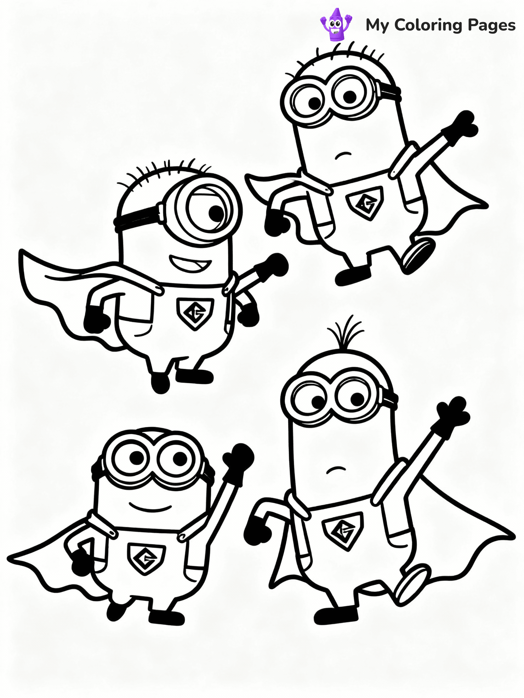 ⚠️ CRITICAL REQUIREMENT - ABSOLUTE BLACK AND WHITE ONLY ⚠️
This MUST be a BLACK AND WHITE line drawing ONLY. NO COLORS whatsoever.
- ONLY pure black lines (#000000) on pure white background (#FFFFFF)
- ABSOLUTELY NO colors, NO shading, NO gradients, NO grayscale
- If there are ANY colors in the output, the image is REJECTED
- This is a COLORING PAGE - meant to be COLORED IN by children
- The output must be UNCOLORED line art ready for coloring
⚠️ SUBJECT TO DRAW: Minions in Minions animation style, dressed as superheroes, capes flowing, striking dynamic poses
(REMEMBER: Output must be BLACK AND WHITE line art only, NOT colored!)
# COLORING PAGE: BLACK OUTLINES ONLY - WHITE BACKGROUND MANDATORY
Create a **coloring book page** using EXACTLY two values: black lines, white space.
## NON-NEGOTIABLE BINARY RULES
- **ONLY #000000 (black) and #FFFFFF (white)** - NO other values exist
- **EVERY PIXEL = BLACK OR WHITE** - no gray/shading/antialiasing
- **WHITE BACKGROUND MANDATORY** - entire canvas stays white
- **ALL SHAPES HOLLOW** - everything is empty outlines waiting to be colored
- **FORBIDDEN:** fills, shading, gradients, patterns, textures, colors
- **NO SOLID REGIONS** - if it's not a thin line, it's wrong
## Universal Line Standards
- Black outlines ONLY - thin, uniform weight
- Every shape completely empty inside
- Closed contours suitable for coloring
- Simple flat illustration - zero depth/3D/realism
- **Style:** Whimsical Doodle Art Alley - rounded, friendly outlines (unless specified)
## Everything = Outline Only
- Characters/animals: hollow shapes
- Objects/clothing: empty contours
- Backgrounds/scenery: line work only
- Natural elements: outlined forms
- Dark/night areas: don't exist (use outlined symbols)
- Textures/patterns: convert to simple lines
## The Test
Can a child color EVERY white space with crayons? If any area is pre-filled/shaded/gray or colored in, it FAILS. Every shape must be waiting to receive color.
**FINAL OUTPUT**: Binary coloring page. Black lines define shapes. White spaces ready for coloring. Nothing else exists. No exceptions. Print-ready.
⚠️ FINAL REMINDER: Draw the subject "Minions in Minions animation style, dressed as superheroes, capes flowing, striking dynamic poses" as BLACK AND WHITE line art. Zero colors in output.