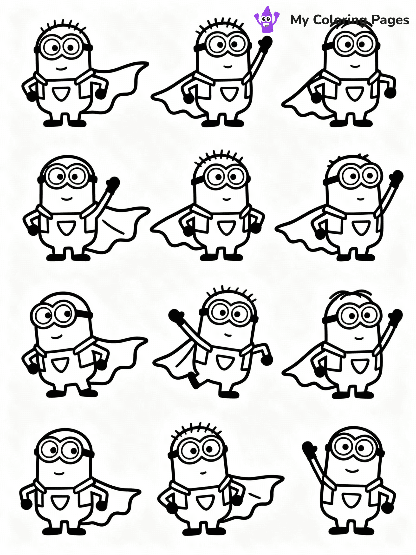 ⚠️ CRITICAL REQUIREMENT - ABSOLUTE BLACK AND WHITE ONLY ⚠️
This MUST be a BLACK AND WHITE line drawing ONLY. NO COLORS whatsoever.
- ONLY pure black lines (#000000) on pure white background (#FFFFFF)
- ABSOLUTELY NO colors, NO shading, NO gradients, NO grayscale
- If there are ANY colors in the output, the image is REJECTED
- This is a COLORING PAGE - meant to be COLORED IN by children
- The output must be UNCOLORED line art ready for coloring
⚠️ SUBJECT TO DRAW: Minions in Minions animation style, dressed as superheroes, capes flowing, striking dynamic poses
(REMEMBER: Output must be BLACK AND WHITE line art only, NOT colored!)
# COLORING PAGE: BLACK OUTLINES ONLY - WHITE BACKGROUND MANDATORY
Create a **coloring book page** using EXACTLY two values: black lines, white space.
## NON-NEGOTIABLE BINARY RULES
- **ONLY #000000 (black) and #FFFFFF (white)** - NO other values exist
- **EVERY PIXEL = BLACK OR WHITE** - no gray/shading/antialiasing
- **WHITE BACKGROUND MANDATORY** - entire canvas stays white
- **ALL SHAPES HOLLOW** - everything is empty outlines waiting to be colored
- **FORBIDDEN:** fills, shading, gradients, patterns, textures, colors
- **NO SOLID REGIONS** - if it's not a thin line, it's wrong
## Universal Line Standards
- Black outlines ONLY - thin, uniform weight
- Every shape completely empty inside
- Closed contours suitable for coloring
- Simple flat illustration - zero depth/3D/realism
- **Style:** Whimsical Doodle Art Alley - rounded, friendly outlines (unless specified)
## Everything = Outline Only
- Characters/animals: hollow shapes
- Objects/clothing: empty contours
- Backgrounds/scenery: line work only
- Natural elements: outlined forms
- Dark/night areas: don't exist (use outlined symbols)
- Textures/patterns: convert to simple lines
## The Test
Can a child color EVERY white space with crayons? If any area is pre-filled/shaded/gray or colored in, it FAILS. Every shape must be waiting to receive color.
**FINAL OUTPUT**: Binary coloring page. Black lines define shapes. White spaces ready for coloring. Nothing else exists. No exceptions. Print-ready.
⚠️ FINAL REMINDER: Draw the subject "Minions in Minions animation style, dressed as superheroes, capes flowing, striking dynamic poses" as BLACK AND WHITE line art. Zero colors in output.