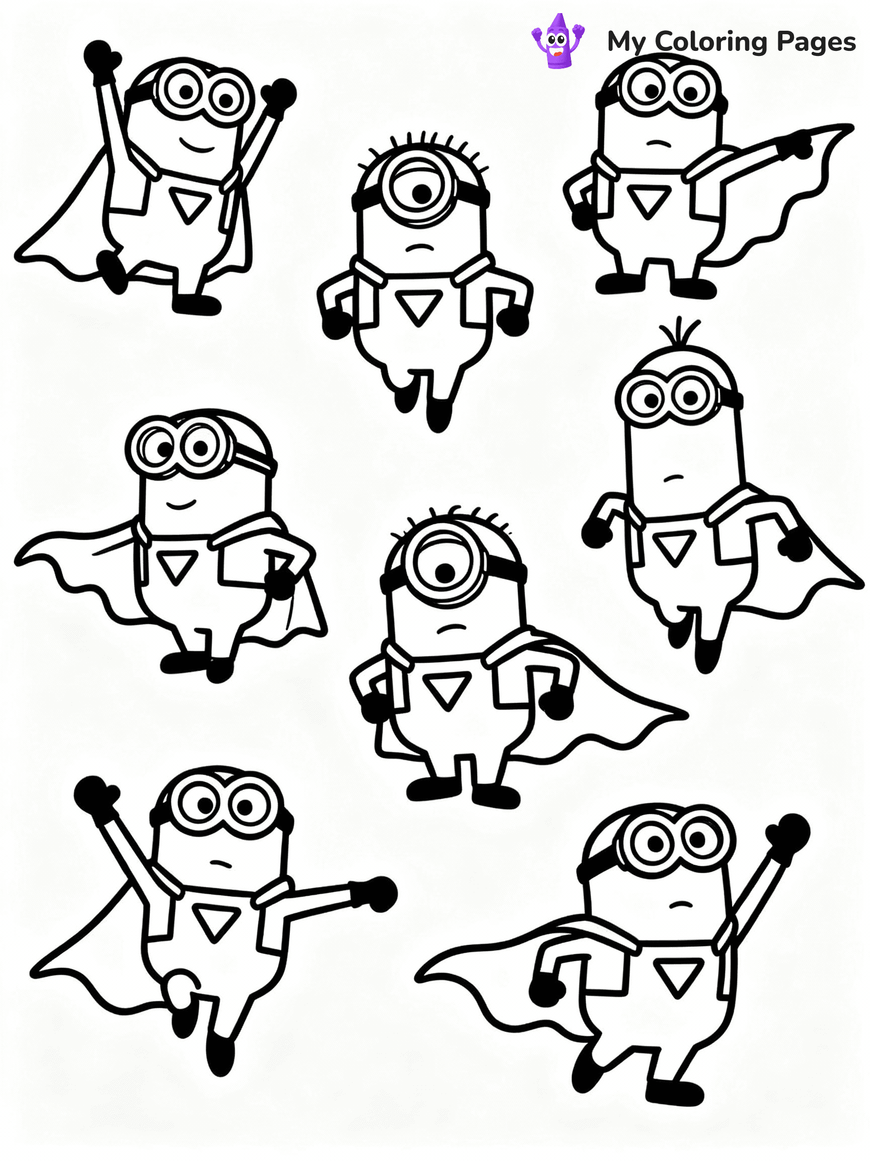 ⚠️ CRITICAL REQUIREMENT - ABSOLUTE BLACK AND WHITE ONLY ⚠️
This MUST be a BLACK AND WHITE line drawing ONLY. NO COLORS whatsoever.
- ONLY pure black lines (#000000) on pure white background (#FFFFFF)
- ABSOLUTELY NO colors, NO shading, NO gradients, NO grayscale
- If there are ANY colors in the output, the image is REJECTED
- This is a COLORING PAGE - meant to be COLORED IN by children
- The output must be UNCOLORED line art ready for coloring
⚠️ SUBJECT TO DRAW: Minions in Minions animation style, dressed as superheroes, capes flowing, striking dynamic poses
(REMEMBER: Output must be BLACK AND WHITE line art only, NOT colored!)
# COLORING PAGE: BLACK OUTLINES ONLY - WHITE BACKGROUND MANDATORY
Create a **coloring book page** using EXACTLY two values: black lines, white space.
## NON-NEGOTIABLE BINARY RULES
- **ONLY #000000 (black) and #FFFFFF (white)** - NO other values exist
- **EVERY PIXEL = BLACK OR WHITE** - no gray/shading/antialiasing
- **WHITE BACKGROUND MANDATORY** - entire canvas stays white
- **ALL SHAPES HOLLOW** - everything is empty outlines waiting to be colored
- **FORBIDDEN:** fills, shading, gradients, patterns, textures, colors
- **NO SOLID REGIONS** - if it's not a thin line, it's wrong
## Universal Line Standards
- Black outlines ONLY - thin, uniform weight
- Every shape completely empty inside
- Closed contours suitable for coloring
- Simple flat illustration - zero depth/3D/realism
- **Style:** Whimsical Doodle Art Alley - rounded, friendly outlines (unless specified)
## Everything = Outline Only
- Characters/animals: hollow shapes
- Objects/clothing: empty contours
- Backgrounds/scenery: line work only
- Natural elements: outlined forms
- Dark/night areas: don't exist (use outlined symbols)
- Textures/patterns: convert to simple lines
## The Test
Can a child color EVERY white space with crayons? If any area is pre-filled/shaded/gray or colored in, it FAILS. Every shape must be waiting to receive color.
**FINAL OUTPUT**: Binary coloring page. Black lines define shapes. White spaces ready for coloring. Nothing else exists. No exceptions. Print-ready.
⚠️ FINAL REMINDER: Draw the subject "Minions in Minions animation style, dressed as superheroes, capes flowing, striking dynamic poses" as BLACK AND WHITE line art. Zero colors in output.