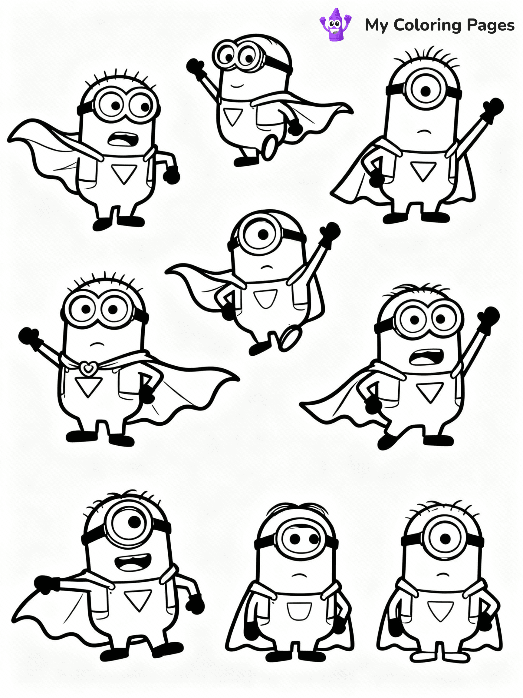 ⚠️ CRITICAL REQUIREMENT - ABSOLUTE BLACK AND WHITE ONLY ⚠️
This MUST be a BLACK AND WHITE line drawing ONLY. NO COLORS whatsoever.
- ONLY pure black lines (#000000) on pure white background (#FFFFFF)
- ABSOLUTELY NO colors, NO shading, NO gradients, NO grayscale
- If there are ANY colors in the output, the image is REJECTED
- This is a COLORING PAGE - meant to be COLORED IN by children
- The output must be UNCOLORED line art ready for coloring
⚠️ SUBJECT TO DRAW: Minions in Minions animation style, dressed as superheroes, capes flowing, striking dynamic poses
(REMEMBER: Output must be BLACK AND WHITE line art only, NOT colored!)
# COLORING PAGE: BLACK OUTLINES ONLY - WHITE BACKGROUND MANDATORY
Create a **coloring book page** using EXACTLY two values: black lines, white space.
## NON-NEGOTIABLE BINARY RULES
- **ONLY #000000 (black) and #FFFFFF (white)** - NO other values exist
- **EVERY PIXEL = BLACK OR WHITE** - no gray/shading/antialiasing
- **WHITE BACKGROUND MANDATORY** - entire canvas stays white
- **ALL SHAPES HOLLOW** - everything is empty outlines waiting to be colored
- **FORBIDDEN:** fills, shading, gradients, patterns, textures, colors
- **NO SOLID REGIONS** - if it's not a thin line, it's wrong
## Universal Line Standards
- Black outlines ONLY - thin, uniform weight
- Every shape completely empty inside
- Closed contours suitable for coloring
- Simple flat illustration - zero depth/3D/realism
- **Style:** Whimsical Doodle Art Alley - rounded, friendly outlines (unless specified)
## Everything = Outline Only
- Characters/animals: hollow shapes
- Objects/clothing: empty contours
- Backgrounds/scenery: line work only
- Natural elements: outlined forms
- Dark/night areas: don't exist (use outlined symbols)
- Textures/patterns: convert to simple lines
## The Test
Can a child color EVERY white space with crayons? If any area is pre-filled/shaded/gray or colored in, it FAILS. Every shape must be waiting to receive color.
**FINAL OUTPUT**: Binary coloring page. Black lines define shapes. White spaces ready for coloring. Nothing else exists. No exceptions. Print-ready.
⚠️ FINAL REMINDER: Draw the subject "Minions in Minions animation style, dressed as superheroes, capes flowing, striking dynamic poses" as BLACK AND WHITE line art. Zero colors in output.