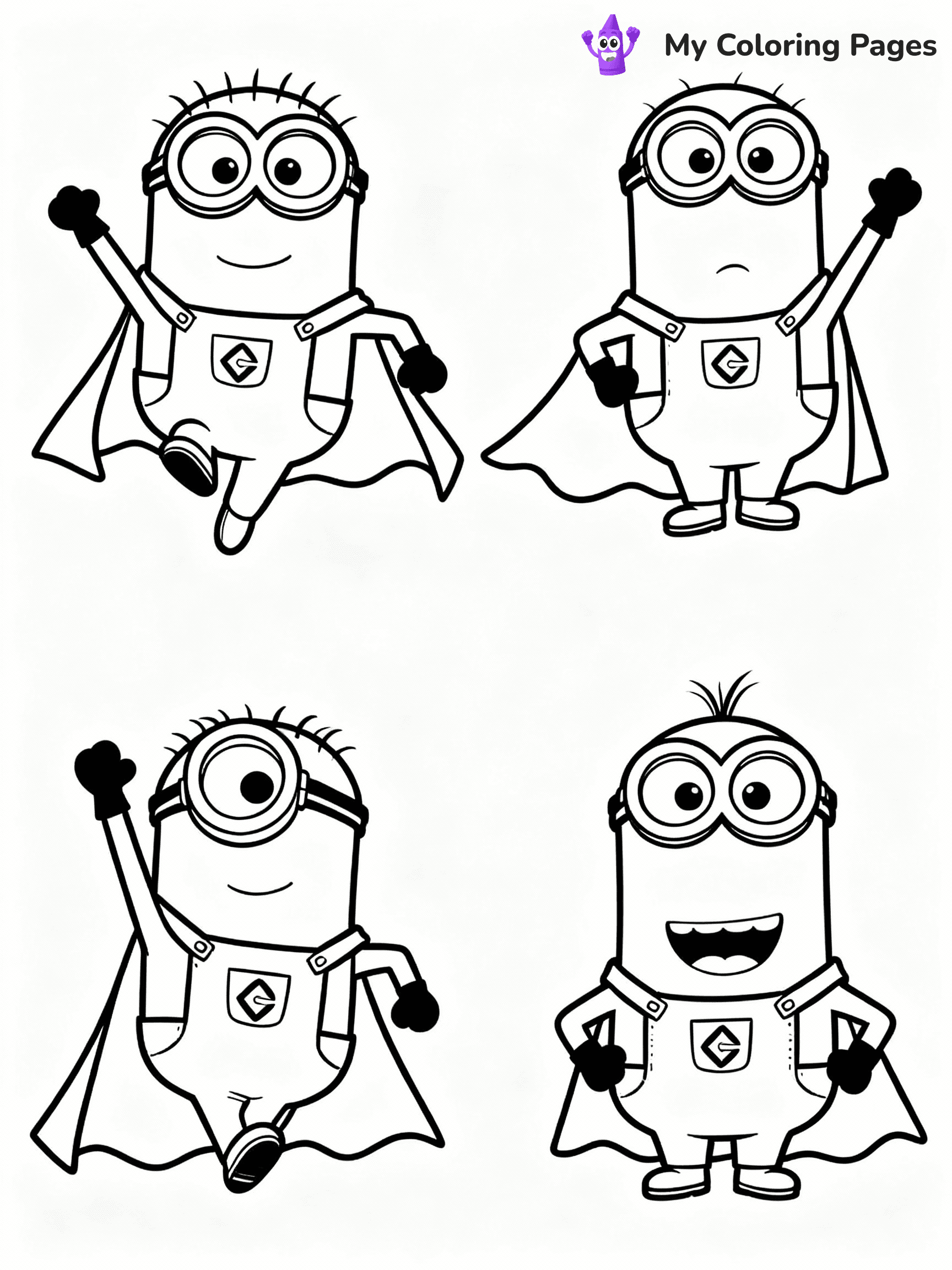 ⚠️ CRITICAL REQUIREMENT - ABSOLUTE BLACK AND WHITE ONLY ⚠️
This MUST be a BLACK AND WHITE line drawing ONLY. NO COLORS whatsoever.
- ONLY pure black lines (#000000) on pure white background (#FFFFFF)
- ABSOLUTELY NO colors, NO shading, NO gradients, NO grayscale
- If there are ANY colors in the output, the image is REJECTED
- This is a COLORING PAGE - meant to be COLORED IN by children
- The output must be UNCOLORED line art ready for coloring
⚠️ SUBJECT TO DRAW: Minions in Minions animation style, dressed as superheroes, capes flowing, striking dynamic poses
(REMEMBER: Output must be BLACK AND WHITE line art only, NOT colored!)
# COLORING PAGE: BLACK OUTLINES ONLY - WHITE BACKGROUND MANDATORY
Create a **coloring book page** using EXACTLY two values: black lines, white space.
## NON-NEGOTIABLE BINARY RULES
- **ONLY #000000 (black) and #FFFFFF (white)** - NO other values exist
- **EVERY PIXEL = BLACK OR WHITE** - no gray/shading/antialiasing
- **WHITE BACKGROUND MANDATORY** - entire canvas stays white
- **ALL SHAPES HOLLOW** - everything is empty outlines waiting to be colored
- **FORBIDDEN:** fills, shading, gradients, patterns, textures, colors
- **NO SOLID REGIONS** - if it's not a thin line, it's wrong
## Universal Line Standards
- Black outlines ONLY - thin, uniform weight
- Every shape completely empty inside
- Closed contours suitable for coloring
- Simple flat illustration - zero depth/3D/realism
- **Style:** Whimsical Doodle Art Alley - rounded, friendly outlines (unless specified)
## Everything = Outline Only
- Characters/animals: hollow shapes
- Objects/clothing: empty contours
- Backgrounds/scenery: line work only
- Natural elements: outlined forms
- Dark/night areas: don't exist (use outlined symbols)
- Textures/patterns: convert to simple lines
## The Test
Can a child color EVERY white space with crayons? If any area is pre-filled/shaded/gray or colored in, it FAILS. Every shape must be waiting to receive color.
**FINAL OUTPUT**: Binary coloring page. Black lines define shapes. White spaces ready for coloring. Nothing else exists. No exceptions. Print-ready.
⚠️ FINAL REMINDER: Draw the subject "Minions in Minions animation style, dressed as superheroes, capes flowing, striking dynamic poses" as BLACK AND WHITE line art. Zero colors in output.