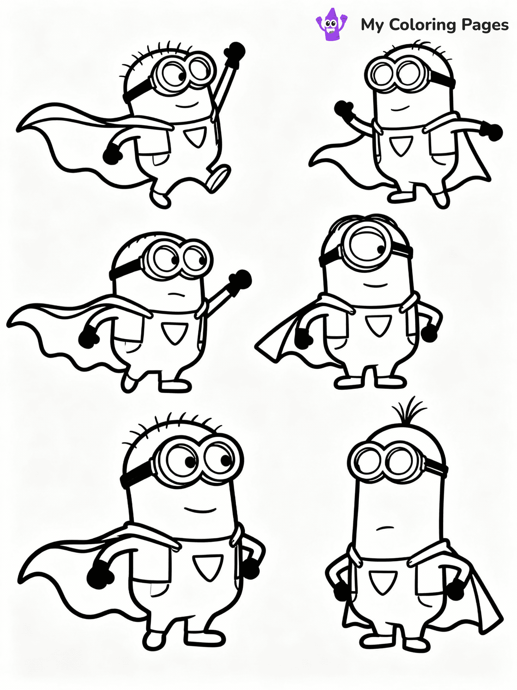 ⚠️ CRITICAL REQUIREMENT - ABSOLUTE BLACK AND WHITE ONLY ⚠️
This MUST be a BLACK AND WHITE line drawing ONLY. NO COLORS whatsoever.
- ONLY pure black lines (#000000) on pure white background (#FFFFFF)
- ABSOLUTELY NO colors, NO shading, NO gradients, NO grayscale
- If there are ANY colors in the output, the image is REJECTED
- This is a COLORING PAGE - meant to be COLORED IN by children
- The output must be UNCOLORED line art ready for coloring
⚠️ SUBJECT TO DRAW: Minions in Minions animation style, dressed as superheroes, capes flowing, striking dynamic poses
(REMEMBER: Output must be BLACK AND WHITE line art only, NOT colored!)
# COLORING PAGE: BLACK OUTLINES ONLY - WHITE BACKGROUND MANDATORY
Create a **coloring book page** using EXACTLY two values: black lines, white space.
## NON-NEGOTIABLE BINARY RULES
- **ONLY #000000 (black) and #FFFFFF (white)** - NO other values exist
- **EVERY PIXEL = BLACK OR WHITE** - no gray/shading/antialiasing
- **WHITE BACKGROUND MANDATORY** - entire canvas stays white
- **ALL SHAPES HOLLOW** - everything is empty outlines waiting to be colored
- **FORBIDDEN:** fills, shading, gradients, patterns, textures, colors
- **NO SOLID REGIONS** - if it's not a thin line, it's wrong
## Universal Line Standards
- Black outlines ONLY - thin, uniform weight
- Every shape completely empty inside
- Closed contours suitable for coloring
- Simple flat illustration - zero depth/3D/realism
- **Style:** Whimsical Doodle Art Alley - rounded, friendly outlines (unless specified)
## Everything = Outline Only
- Characters/animals: hollow shapes
- Objects/clothing: empty contours
- Backgrounds/scenery: line work only
- Natural elements: outlined forms
- Dark/night areas: don't exist (use outlined symbols)
- Textures/patterns: convert to simple lines
## The Test
Can a child color EVERY white space with crayons? If any area is pre-filled/shaded/gray or colored in, it FAILS. Every shape must be waiting to receive color.
**FINAL OUTPUT**: Binary coloring page. Black lines define shapes. White spaces ready for coloring. Nothing else exists. No exceptions. Print-ready.
⚠️ FINAL REMINDER: Draw the subject "Minions in Minions animation style, dressed as superheroes, capes flowing, striking dynamic poses" as BLACK AND WHITE line art. Zero colors in output.