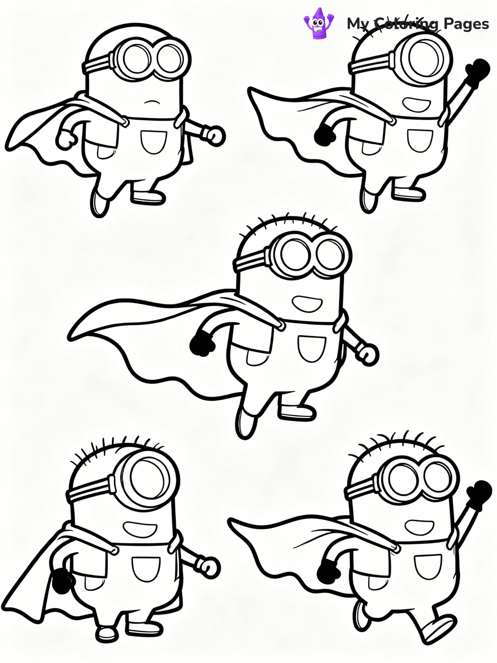 ⚠️ CRITICAL REQUIREMENT - ABSOLUTE BLACK AND WHITE ONLY ⚠️
This MUST be a BLACK AND WHITE line drawing ONLY. NO COLORS whatsoever.
- ONLY pure black lines (#000000) on pure white background (#FFFFFF)
- ABSOLUTELY NO colors, NO shading, NO gradients, NO grayscale
- If there are ANY colors in the output, the image is REJECTED
- This is a COLORING PAGE - meant to be COLORED IN by children
- The output must be UNCOLORED line art ready for coloring
⚠️ SUBJECT TO DRAW: Minions in Minions animation style, dressed as superheroes, capes flowing, striking dynamic poses
(REMEMBER: Output must be BLACK AND WHITE line art only, NOT colored!)
# COLORING PAGE: BLACK OUTLINES ONLY - WHITE BACKGROUND MANDATORY
Create a **coloring book page** using EXACTLY two values: black lines, white space.
## NON-NEGOTIABLE BINARY RULES
- **ONLY #000000 (black) and #FFFFFF (white)** - NO other values exist
- **EVERY PIXEL = BLACK OR WHITE** - no gray/shading/antialiasing
- **WHITE BACKGROUND MANDATORY** - entire canvas stays white
- **ALL SHAPES HOLLOW** - everything is empty outlines waiting to be colored
- **FORBIDDEN:** fills, shading, gradients, patterns, textures, colors
- **NO SOLID REGIONS** - if it's not a thin line, it's wrong
## Universal Line Standards
- Black outlines ONLY - thin, uniform weight
- Every shape completely empty inside
- Closed contours suitable for coloring
- Simple flat illustration - zero depth/3D/realism
- **Style:** Whimsical Doodle Art Alley - rounded, friendly outlines (unless specified)
## Everything = Outline Only
- Characters/animals: hollow shapes
- Objects/clothing: empty contours
- Backgrounds/scenery: line work only
- Natural elements: outlined forms
- Dark/night areas: don't exist (use outlined symbols)
- Textures/patterns: convert to simple lines
## The Test
Can a child color EVERY white space with crayons? If any area is pre-filled/shaded/gray or colored in, it FAILS. Every shape must be waiting to receive color.
**FINAL OUTPUT**: Binary coloring page. Black lines define shapes. White spaces ready for coloring. Nothing else exists. No exceptions. Print-ready.
⚠️ FINAL REMINDER: Draw the subject "Minions in Minions animation style, dressed as superheroes, capes flowing, striking dynamic poses" as BLACK AND WHITE line art. Zero colors in output.