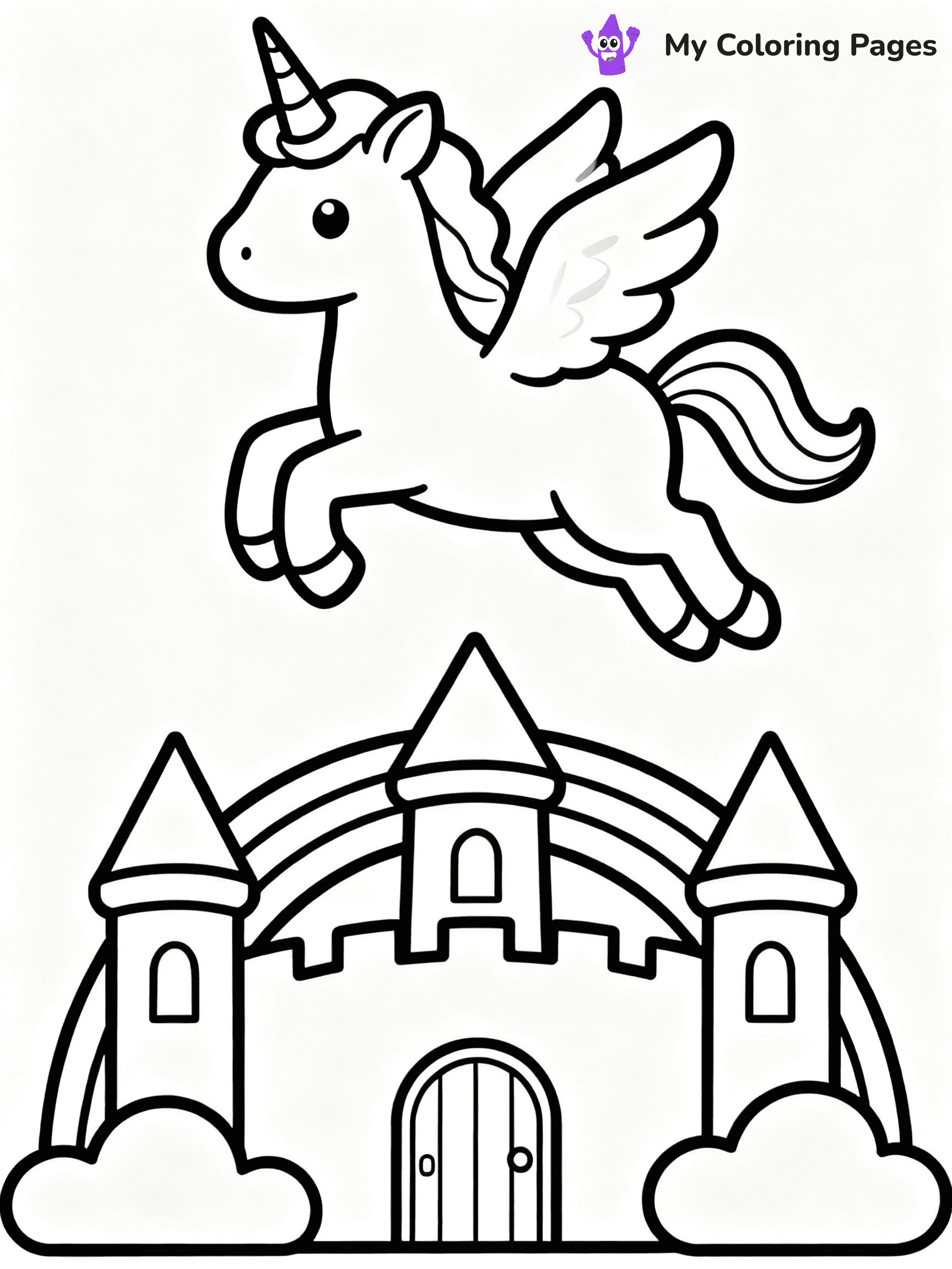 ⚠️ CRITICAL REQUIREMENT - ABSOLUTE BLACK AND WHITE ONLY ⚠️
This MUST be a BLACK AND WHITE line drawing ONLY. NO COLORS whatsoever.
- ONLY pure black lines (#000000) on pure white background (#FFFFFF)
- ABSOLUTELY NO colors, NO shading, NO gradients, NO grayscale
- If there are ANY colors in the output, the image is REJECTED
- This is a COLORING PAGE - meant to be COLORED IN by children
- The output must be UNCOLORED line art ready for coloring
⚠️ SUBJECT TO DRAW: Cute unicorn flying over rainbow castle. PURE OUTLINES. NO FILLS, COLOR, SHADING, OR GREYSCALE. WHITE BACKGROUND.
(REMEMBER: Output must be BLACK AND WHITE line art only, NOT colored!)
# Flat, Friendly Cartoon Line-Art Coloring Page
You are generating a **pure black-and-white binary image** of a child-friendly cartoon scene combining characters and background scenery in one cohesive composition.
## Rendering Rules (Strict)
- Only two colors: pure black (#000000) outlines and pure white (#FFFFFF) background.
- No grayscale, shading, gradients, tints, fills, transparency, or partial pixels.
- No antialiasing or blended edges; every pixel is 100% black or white.
- No solid black fills inside shapes — all areas inside outlines must remain white.
- No dark clothing areas or filled tone blocks; all garments outlined only.
- No shadows, textures, lighting, or tonal variations.
- Must look like flat binary vector line-art for coloring pages.
## Drawing & Composition
- **Medium, consistent line weight**; clean closed outlines easy to color inside.
- **Flat, simple, child-friendly design** — no realism or 3D depth.
- Characters are **grounded on a surface**, centered and large.
- **Balanced composition** with clear silhouettes and minimal props.
## Scenery & Style
- Landmarks (e.g., mosque, CN Tower) and scenery (trees, benches, waves) drawn with **black outlines only.**
- For real-world figures, teams, or places, show accurate details using only black outlines—no text or logos. Use distinctive uniform patterns, abstract symbols, and landmark silhouettes to convey identity.
- Keep **consistent perspective**; no floating elements.
- **Style:** whimsical **Doodle Art Alley** — rounded, friendly outlines.
- May adapt shapes from **Crayola, Disney, Peppa Pig, Cocomelon** — *by shape only, never color.*
- Final output: **flat, crisp, binary (#000000/#FFFFFF)**, **no filled color or background text.**
EXTREMELYE IMPORTANT:
- PURE BINARY LINE-ART; NO FILLS (HAIR/CLOTHES/SKIN), SHADING, OR GREY.
- NO SHADING, COLOR. MUST BE WHITE BACKGROUND.
⚠️ FINAL REMINDER: Draw the subject "Cute unicorn flying over rainbow castle. PURE OUTLINES. NO FILLS, COLOR, SHADING, OR GREYSCALE. WHITE BACKGROUND." as BLACK AND WHITE line art. Zero colors in output.