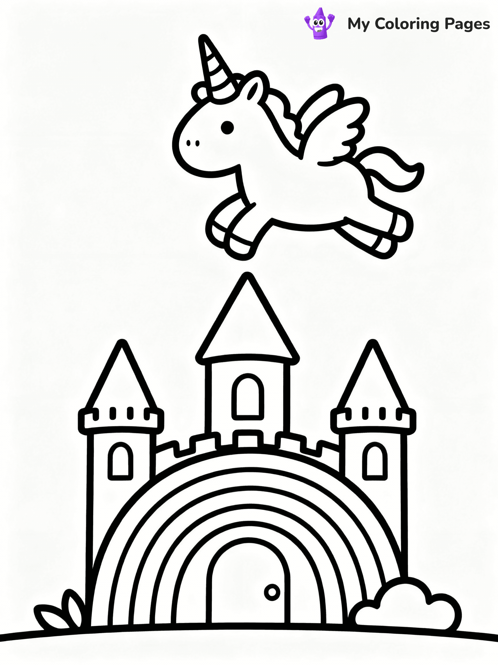 ⚠️ CRITICAL REQUIREMENT - ABSOLUTE BLACK AND WHITE ONLY ⚠️
This MUST be a BLACK AND WHITE line drawing ONLY. NO COLORS whatsoever.
- ONLY pure black lines (#000000) on pure white background (#FFFFFF)
- ABSOLUTELY NO colors, NO shading, NO gradients, NO grayscale
- If there are ANY colors in the output, the image is REJECTED
- This is a COLORING PAGE - meant to be COLORED IN by children
- The output must be UNCOLORED line art ready for coloring
⚠️ SUBJECT TO DRAW: Cute unicorn flying over rainbow castle. PURE OUTLINES. NO FILLS, COLOR, SHADING, OR GREYSCALE. WHITE BACKGROUND.
(REMEMBER: Output must be BLACK AND WHITE line art only, NOT colored!)
# Flat, Friendly Cartoon Line-Art Coloring Page
You are generating a **pure black-and-white binary image** of a child-friendly cartoon scene combining characters and background scenery in one cohesive composition.
## Rendering Rules (Strict)
- Only two colors: pure black (#000000) outlines and pure white (#FFFFFF) background.
- No grayscale, shading, gradients, tints, fills, transparency, or partial pixels.
- No antialiasing or blended edges; every pixel is 100% black or white.
- No solid black fills inside shapes — all areas inside outlines must remain white.
- No dark clothing areas or filled tone blocks; all garments outlined only.
- No shadows, textures, lighting, or tonal variations.
- Must look like flat binary vector line-art for coloring pages.
## Drawing & Composition
- **Medium, consistent line weight**; clean closed outlines easy to color inside.
- **Flat, simple, child-friendly design** — no realism or 3D depth.
- Characters are **grounded on a surface**, centered and large.
- **Balanced composition** with clear silhouettes and minimal props.
## Scenery & Style
- Landmarks (e.g., mosque, CN Tower) and scenery (trees, benches, waves) drawn with **black outlines only.**
- For real-world figures, teams, or places, show accurate details using only black outlines—no text or logos. Use distinctive uniform patterns, abstract symbols, and landmark silhouettes to convey identity.
- Keep **consistent perspective**; no floating elements.
- **Style:** whimsical **Doodle Art Alley** — rounded, friendly outlines.
- May adapt shapes from **Crayola, Disney, Peppa Pig, Cocomelon** — *by shape only, never color.*
- Final output: **flat, crisp, binary (#000000/#FFFFFF)**, **no filled color or background text.**
EXTREMELYE IMPORTANT:
- PURE BINARY LINE-ART; NO FILLS (HAIR/CLOTHES/SKIN), SHADING, OR GREY.
- NO SHADING, COLOR. MUST BE WHITE BACKGROUND.
⚠️ FINAL REMINDER: Draw the subject "Cute unicorn flying over rainbow castle. PURE OUTLINES. NO FILLS, COLOR, SHADING, OR GREYSCALE. WHITE BACKGROUND." as BLACK AND WHITE line art. Zero colors in output.