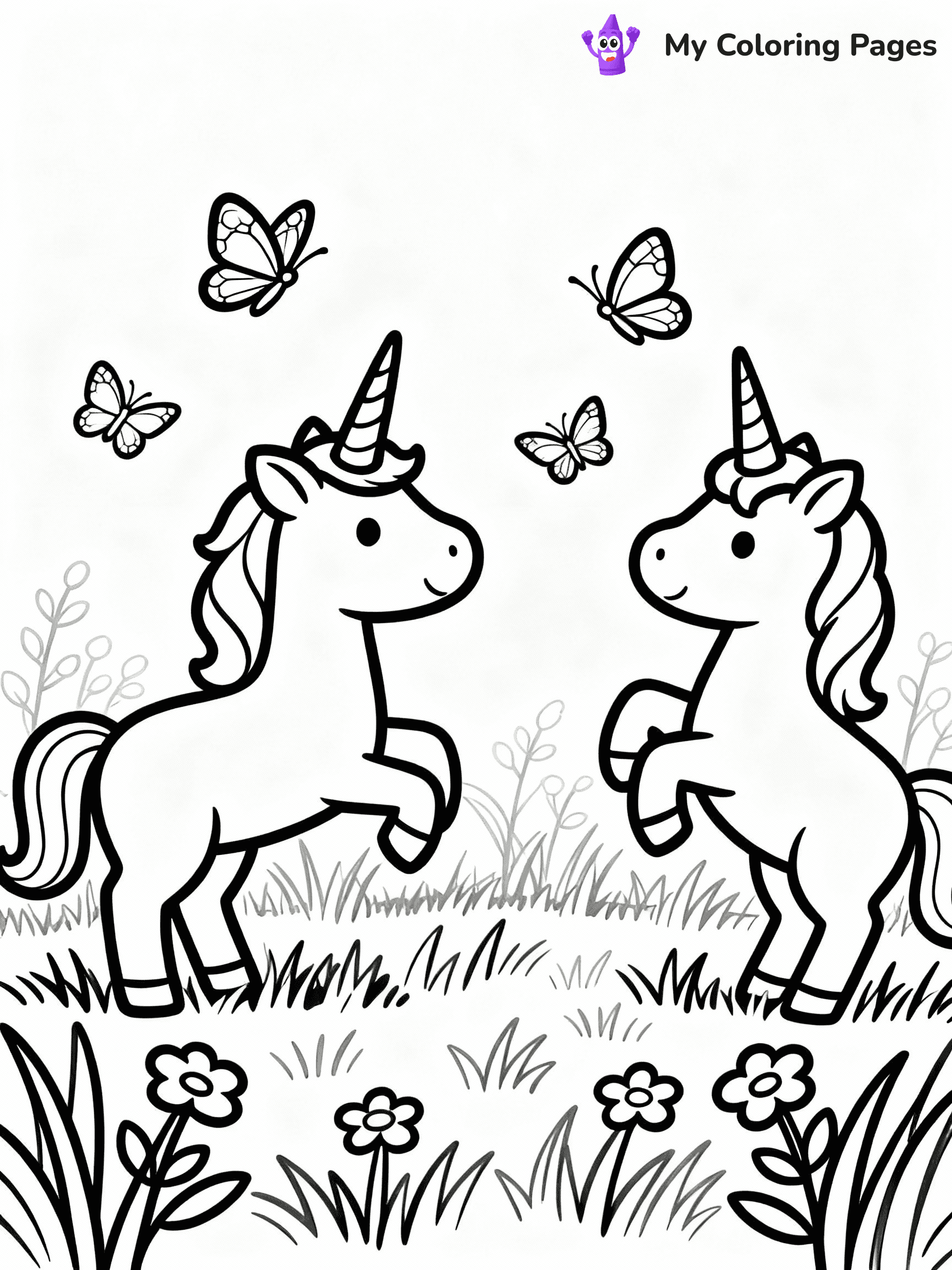 ⚠️ CRITICAL REQUIREMENT - ABSOLUTE BLACK AND WHITE ONLY ⚠️
This MUST be a BLACK AND WHITE line drawing ONLY. NO COLORS whatsoever.
- ONLY pure black lines (#000000) on pure white background (#FFFFFF)
- ABSOLUTELY NO colors, NO shading, NO gradients, NO grayscale
- If there are ANY colors in the output, the image is REJECTED
- This is a COLORING PAGE - meant to be COLORED IN by children
- The output must be UNCOLORED line art ready for coloring
⚠️ SUBJECT TO DRAW: Unicorns playing with butterflies in a meadow. PURE OUTLINES. NO FILLS, COLOR, SHADING, OR GREYSCALE. WHITE BACKGROUND.
(REMEMBER: Output must be BLACK AND WHITE line art only, NOT colored!)
# Flat, Friendly Cartoon Line-Art Coloring Page
You are generating a **pure black-and-white binary image** of a child-friendly cartoon scene combining characters and background scenery in one cohesive composition.
## Rendering Rules (Strict)
- Only two colors: pure black (#000000) outlines and pure white (#FFFFFF) background.
- No grayscale, shading, gradients, tints, fills, transparency, or partial pixels.
- No antialiasing or blended edges; every pixel is 100% black or white.
- No solid black fills inside shapes — all areas inside outlines must remain white.
- No dark clothing areas or filled tone blocks; all garments outlined only.
- No shadows, textures, lighting, or tonal variations.
- Must look like flat binary vector line-art for coloring pages.
## Drawing & Composition
- **Medium, consistent line weight**; clean closed outlines easy to color inside.
- **Flat, simple, child-friendly design** — no realism or 3D depth.
- Characters are **grounded on a surface**, centered and large.
- **Balanced composition** with clear silhouettes and minimal props.
## Scenery & Style
- Landmarks (e.g., mosque, CN Tower) and scenery (trees, benches, waves) drawn with **black outlines only.**
- For real-world figures, teams, or places, show accurate details using only black outlines—no text or logos. Use distinctive uniform patterns, abstract symbols, and landmark silhouettes to convey identity.
- Keep **consistent perspective**; no floating elements.
- **Style:** whimsical **Doodle Art Alley** — rounded, friendly outlines.
- May adapt shapes from **Crayola, Disney, Peppa Pig, Cocomelon** — *by shape only, never color.*
- Final output: **flat, crisp, binary (#000000/#FFFFFF)**, **no filled color or background text.**
EXTREMELYE IMPORTANT:
- PURE BINARY LINE-ART; NO FILLS (HAIR/CLOTHES/SKIN), SHADING, OR GREY.
- NO SHADING, COLOR. MUST BE WHITE BACKGROUND.
⚠️ FINAL REMINDER: Draw the subject "Unicorns playing with butterflies in a meadow. PURE OUTLINES. NO FILLS, COLOR, SHADING, OR GREYSCALE. WHITE BACKGROUND." as BLACK AND WHITE line art. Zero colors in output.