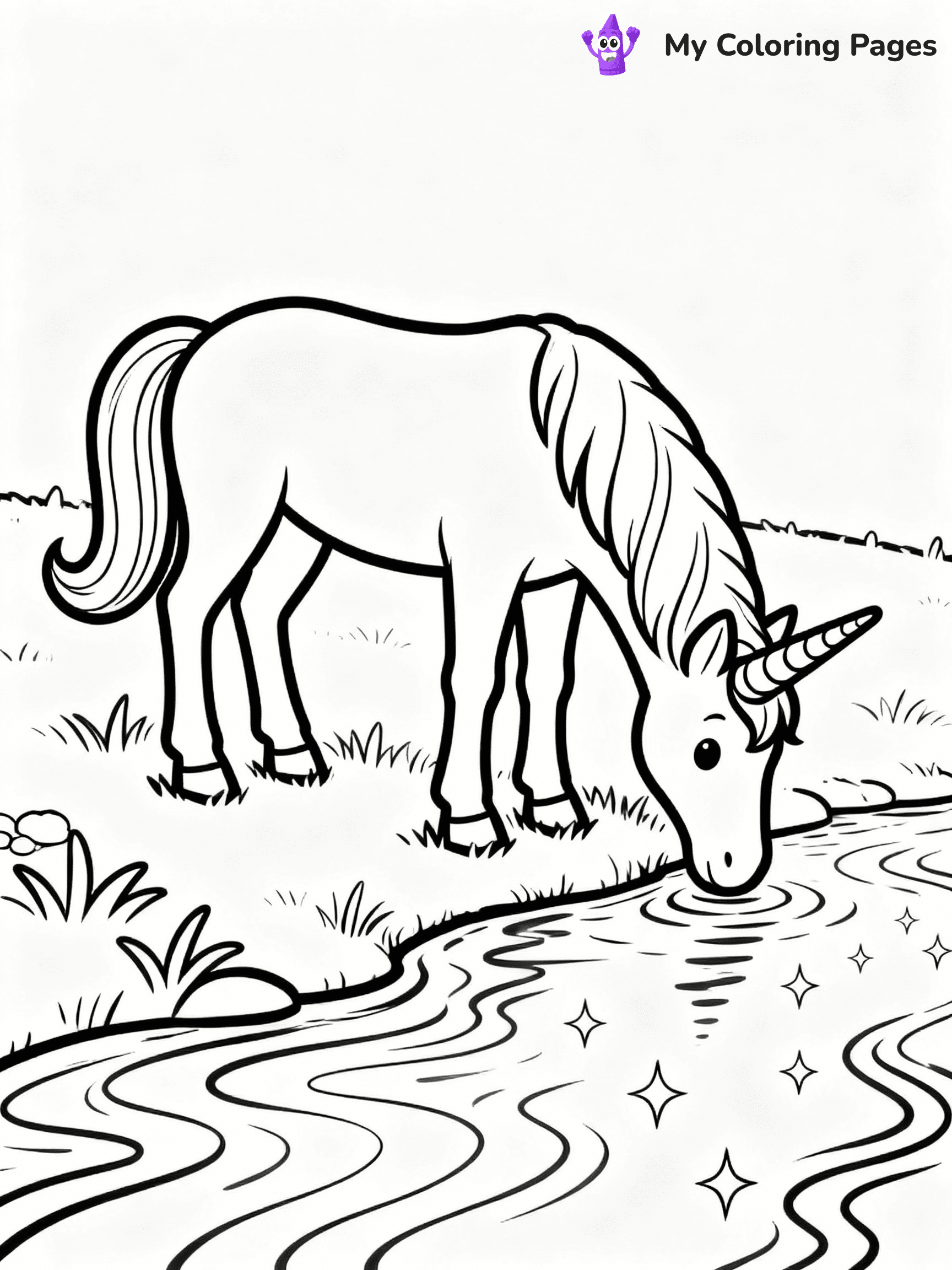 ⚠️ CRITICAL REQUIREMENT - ABSOLUTE BLACK AND WHITE ONLY ⚠️
This MUST be a BLACK AND WHITE line drawing ONLY. NO COLORS whatsoever.
- ONLY pure black lines (#000000) on pure white background (#FFFFFF)
- ABSOLUTELY NO colors, NO shading, NO gradients, NO grayscale
- If there are ANY colors in the output, the image is REJECTED
- This is a COLORING PAGE - meant to be COLORED IN by children
- The output must be UNCOLORED line art ready for coloring
⚠️ SUBJECT TO DRAW: Unicorn grazing by a sparkling river. PURE OUTLINES. NO FILLS, COLOR, SHADING, OR GREYSCALE. WHITE BACKGROUND.
(REMEMBER: Output must be BLACK AND WHITE line art only, NOT colored!)
# Flat, Friendly Cartoon Line-Art Coloring Page
You are generating a **pure black-and-white binary image** of a child-friendly cartoon scene combining characters and background scenery in one cohesive composition.
## Rendering Rules (Strict)
- Only two colors: pure black (#000000) outlines and pure white (#FFFFFF) background.
- No grayscale, shading, gradients, tints, fills, transparency, or partial pixels.
- No antialiasing or blended edges; every pixel is 100% black or white.
- No solid black fills inside shapes — all areas inside outlines must remain white.
- No dark clothing areas or filled tone blocks; all garments outlined only.
- No shadows, textures, lighting, or tonal variations.
- Must look like flat binary vector line-art for coloring pages.
## Drawing & Composition
- **Medium, consistent line weight**; clean closed outlines easy to color inside.
- **Flat, simple, child-friendly design** — no realism or 3D depth.
- Characters are **grounded on a surface**, centered and large.
- **Balanced composition** with clear silhouettes and minimal props.
## Scenery & Style
- Landmarks (e.g., mosque, CN Tower) and scenery (trees, benches, waves) drawn with **black outlines only.**
- For real-world figures, teams, or places, show accurate details using only black outlines—no text or logos. Use distinctive uniform patterns, abstract symbols, and landmark silhouettes to convey identity.
- Keep **consistent perspective**; no floating elements.
- **Style:** whimsical **Doodle Art Alley** — rounded, friendly outlines.
- May adapt shapes from **Crayola, Disney, Peppa Pig, Cocomelon** — *by shape only, never color.*
- Final output: **flat, crisp, binary (#000000/#FFFFFF)**, **no filled color or background text.**
EXTREMELYE IMPORTANT:
- PURE BINARY LINE-ART; NO FILLS (HAIR/CLOTHES/SKIN), SHADING, OR GREY.
- NO SHADING, COLOR. MUST BE WHITE BACKGROUND.
⚠️ FINAL REMINDER: Draw the subject "Unicorn grazing by a sparkling river. PURE OUTLINES. NO FILLS, COLOR, SHADING, OR GREYSCALE. WHITE BACKGROUND." as BLACK AND WHITE line art. Zero colors in output.