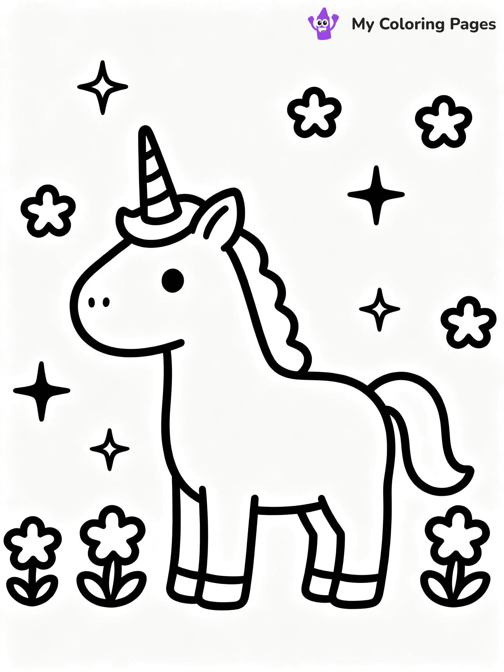 ⚠️ CRITICAL REQUIREMENT - ABSOLUTE BLACK AND WHITE ONLY ⚠️
This MUST be a BLACK AND WHITE line drawing ONLY. NO COLORS whatsoever.
- ONLY pure black lines (#000000) on pure white background (#FFFFFF)
- ABSOLUTELY NO colors, NO shading, NO gradients, NO grayscale
- If there are ANY colors in the output, the image is REJECTED
- This is a COLORING PAGE - meant to be COLORED IN by children
- The output must be UNCOLORED line art ready for coloring
⚠️ SUBJECT TO DRAW: Unicorn surrounded by flowers and sparkling stars. PURE OUTLINES. NO FILLS, COLOR, SHADING, OR GREYSCALE. WHITE BACKGROUND.
(REMEMBER: Output must be BLACK AND WHITE line art only, NOT colored!)
# Flat, Friendly Cartoon Line-Art Coloring Page
You are generating a **pure black-and-white binary image** of a child-friendly cartoon scene combining characters and background scenery in one cohesive composition.
## Rendering Rules (Strict)
- Only two colors: pure black (#000000) outlines and pure white (#FFFFFF) background.
- No grayscale, shading, gradients, tints, fills, transparency, or partial pixels.
- No antialiasing or blended edges; every pixel is 100% black or white.
- No solid black fills inside shapes — all areas inside outlines must remain white.
- No dark clothing areas or filled tone blocks; all garments outlined only.
- No shadows, textures, lighting, or tonal variations.
- Must look like flat binary vector line-art for coloring pages.
## Drawing & Composition
- **Medium, consistent line weight**; clean closed outlines easy to color inside.
- **Flat, simple, child-friendly design** — no realism or 3D depth.
- Characters are **grounded on a surface**, centered and large.
- **Balanced composition** with clear silhouettes and minimal props.
## Scenery & Style
- Landmarks (e.g., mosque, CN Tower) and scenery (trees, benches, waves) drawn with **black outlines only.**
- For real-world figures, teams, or places, show accurate details using only black outlines—no text or logos. Use distinctive uniform patterns, abstract symbols, and landmark silhouettes to convey identity.
- Keep **consistent perspective**; no floating elements.
- **Style:** whimsical **Doodle Art Alley** — rounded, friendly outlines.
- May adapt shapes from **Crayola, Disney, Peppa Pig, Cocomelon** — *by shape only, never color.*
- Final output: **flat, crisp, binary (#000000/#FFFFFF)**, **no filled color or background text.**
EXTREMELYE IMPORTANT:
- PURE BINARY LINE-ART; NO FILLS (HAIR/CLOTHES/SKIN), SHADING, OR GREY.
- NO SHADING, COLOR. MUST BE WHITE BACKGROUND.
⚠️ FINAL REMINDER: Draw the subject "Unicorn surrounded by flowers and sparkling stars. PURE OUTLINES. NO FILLS, COLOR, SHADING, OR GREYSCALE. WHITE BACKGROUND." as BLACK AND WHITE line art. Zero colors in output.