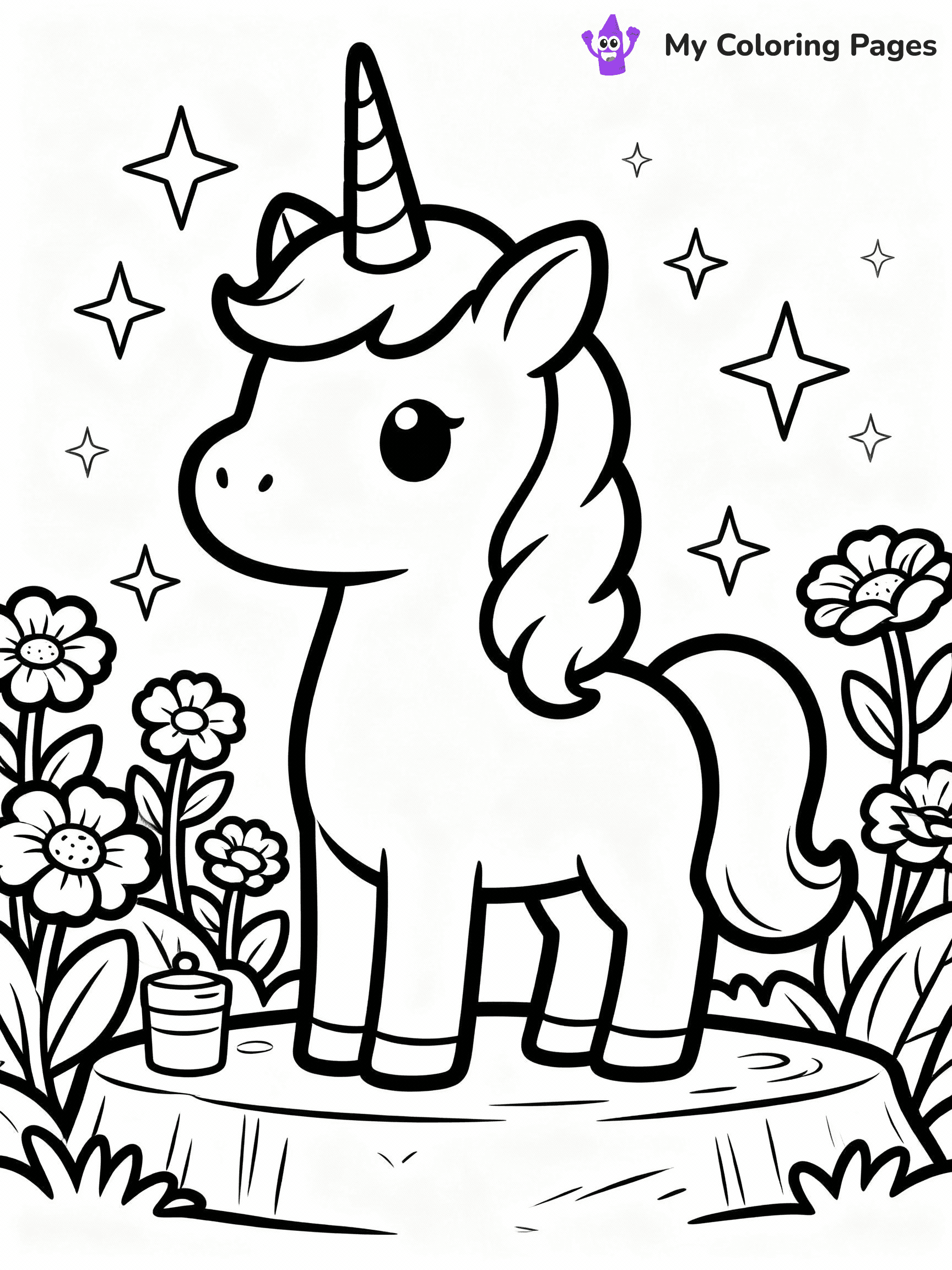 ⚠️ CRITICAL REQUIREMENT - ABSOLUTE BLACK AND WHITE ONLY ⚠️
This MUST be a BLACK AND WHITE line drawing ONLY. NO COLORS whatsoever.
- ONLY pure black lines (#000000) on pure white background (#FFFFFF)
- ABSOLUTELY NO colors, NO shading, NO gradients, NO grayscale
- If there are ANY colors in the output, the image is REJECTED
- This is a COLORING PAGE - meant to be COLORED IN by children
- The output must be UNCOLORED line art ready for coloring
⚠️ SUBJECT TO DRAW: Unicorn surrounded by flowers and sparkling stars. PURE OUTLINES. NO FILLS, COLOR, SHADING, OR GREYSCALE. WHITE BACKGROUND.
(REMEMBER: Output must be BLACK AND WHITE line art only, NOT colored!)
# Flat, Friendly Cartoon Line-Art Coloring Page
You are generating a **pure black-and-white binary image** of a child-friendly cartoon scene combining characters and background scenery in one cohesive composition.
## Rendering Rules (Strict)
- Only two colors: pure black (#000000) outlines and pure white (#FFFFFF) background.
- No grayscale, shading, gradients, tints, fills, transparency, or partial pixels.
- No antialiasing or blended edges; every pixel is 100% black or white.
- No solid black fills inside shapes — all areas inside outlines must remain white.
- No dark clothing areas or filled tone blocks; all garments outlined only.
- No shadows, textures, lighting, or tonal variations.
- Must look like flat binary vector line-art for coloring pages.
## Drawing & Composition
- **Medium, consistent line weight**; clean closed outlines easy to color inside.
- **Flat, simple, child-friendly design** — no realism or 3D depth.
- Characters are **grounded on a surface**, centered and large.
- **Balanced composition** with clear silhouettes and minimal props.
## Scenery & Style
- Landmarks (e.g., mosque, CN Tower) and scenery (trees, benches, waves) drawn with **black outlines only.**
- For real-world figures, teams, or places, show accurate details using only black outlines—no text or logos. Use distinctive uniform patterns, abstract symbols, and landmark silhouettes to convey identity.
- Keep **consistent perspective**; no floating elements.
- **Style:** whimsical **Doodle Art Alley** — rounded, friendly outlines.
- May adapt shapes from **Crayola, Disney, Peppa Pig, Cocomelon** — *by shape only, never color.*
- Final output: **flat, crisp, binary (#000000/#FFFFFF)**, **no filled color or background text.**
EXTREMELYE IMPORTANT:
- PURE BINARY LINE-ART; NO FILLS (HAIR/CLOTHES/SKIN), SHADING, OR GREY.
- NO SHADING, COLOR. MUST BE WHITE BACKGROUND.
⚠️ FINAL REMINDER: Draw the subject "Unicorn surrounded by flowers and sparkling stars. PURE OUTLINES. NO FILLS, COLOR, SHADING, OR GREYSCALE. WHITE BACKGROUND." as BLACK AND WHITE line art. Zero colors in output.