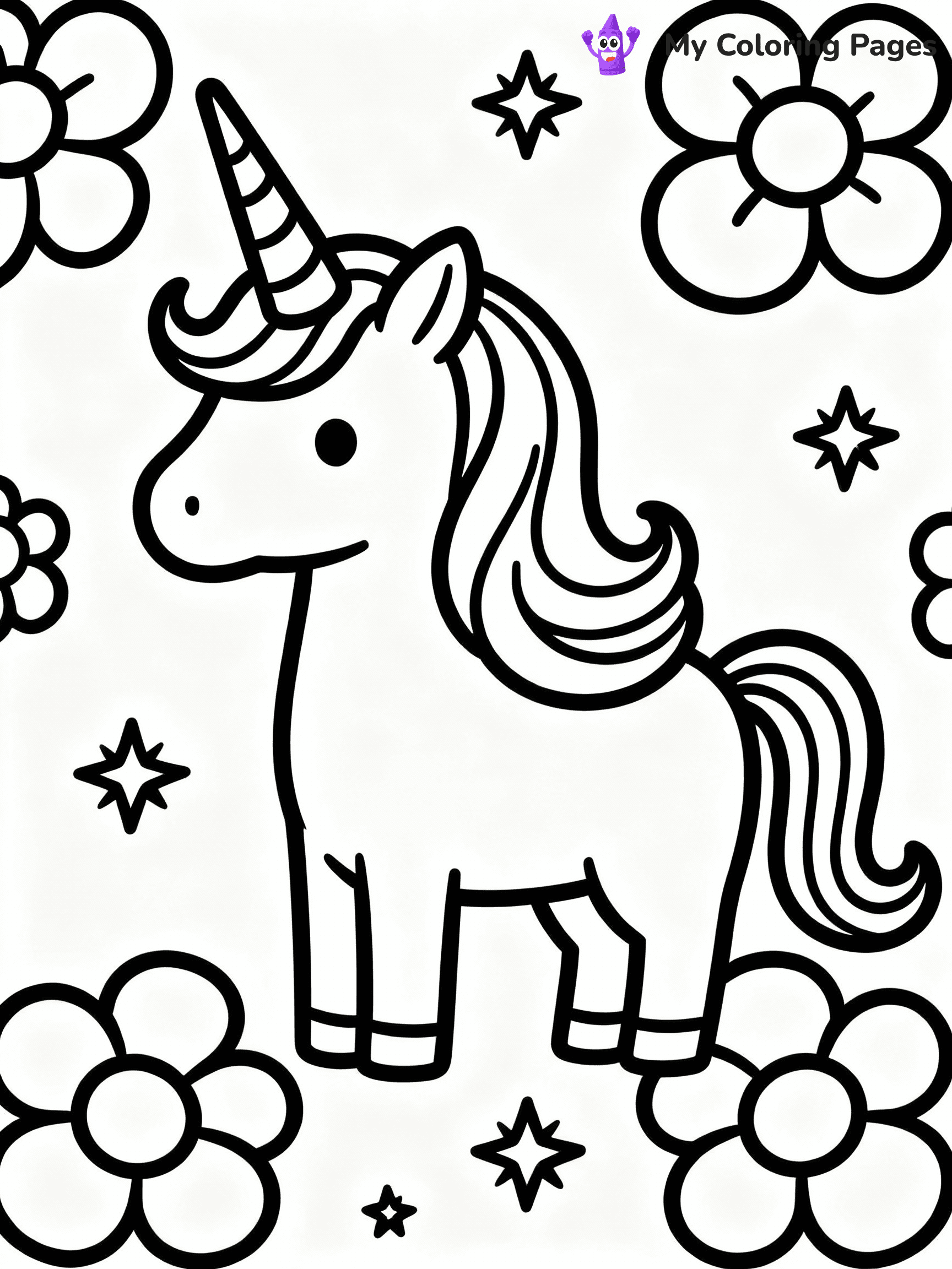 ⚠️ CRITICAL REQUIREMENT - ABSOLUTE BLACK AND WHITE ONLY ⚠️
This MUST be a BLACK AND WHITE line drawing ONLY. NO COLORS whatsoever.
- ONLY pure black lines (#000000) on pure white background (#FFFFFF)
- ABSOLUTELY NO colors, NO shading, NO gradients, NO grayscale
- If there are ANY colors in the output, the image is REJECTED
- This is a COLORING PAGE - meant to be COLORED IN by children
- The output must be UNCOLORED line art ready for coloring
⚠️ SUBJECT TO DRAW: Unicorn surrounded by flowers and sparkling stars. PURE OUTLINES. NO FILLS, COLOR, SHADING, OR GREYSCALE. WHITE BACKGROUND.
(REMEMBER: Output must be BLACK AND WHITE line art only, NOT colored!)
# Flat, Friendly Cartoon Line-Art Coloring Page
You are generating a **pure black-and-white binary image** of a child-friendly cartoon scene combining characters and background scenery in one cohesive composition.
## Rendering Rules (Strict)
- Only two colors: pure black (#000000) outlines and pure white (#FFFFFF) background.
- No grayscale, shading, gradients, tints, fills, transparency, or partial pixels.
- No antialiasing or blended edges; every pixel is 100% black or white.
- No solid black fills inside shapes — all areas inside outlines must remain white.
- No dark clothing areas or filled tone blocks; all garments outlined only.
- No shadows, textures, lighting, or tonal variations.
- Must look like flat binary vector line-art for coloring pages.
## Drawing & Composition
- **Medium, consistent line weight**; clean closed outlines easy to color inside.
- **Flat, simple, child-friendly design** — no realism or 3D depth.
- Characters are **grounded on a surface**, centered and large.
- **Balanced composition** with clear silhouettes and minimal props.
## Scenery & Style
- Landmarks (e.g., mosque, CN Tower) and scenery (trees, benches, waves) drawn with **black outlines only.**
- For real-world figures, teams, or places, show accurate details using only black outlines—no text or logos. Use distinctive uniform patterns, abstract symbols, and landmark silhouettes to convey identity.
- Keep **consistent perspective**; no floating elements.
- **Style:** whimsical **Doodle Art Alley** — rounded, friendly outlines.
- May adapt shapes from **Crayola, Disney, Peppa Pig, Cocomelon** — *by shape only, never color.*
- Final output: **flat, crisp, binary (#000000/#FFFFFF)**, **no filled color or background text.**
EXTREMELYE IMPORTANT:
- PURE BINARY LINE-ART; NO FILLS (HAIR/CLOTHES/SKIN), SHADING, OR GREY.
- NO SHADING, COLOR. MUST BE WHITE BACKGROUND.
⚠️ FINAL REMINDER: Draw the subject "Unicorn surrounded by flowers and sparkling stars. PURE OUTLINES. NO FILLS, COLOR, SHADING, OR GREYSCALE. WHITE BACKGROUND." as BLACK AND WHITE line art. Zero colors in output.