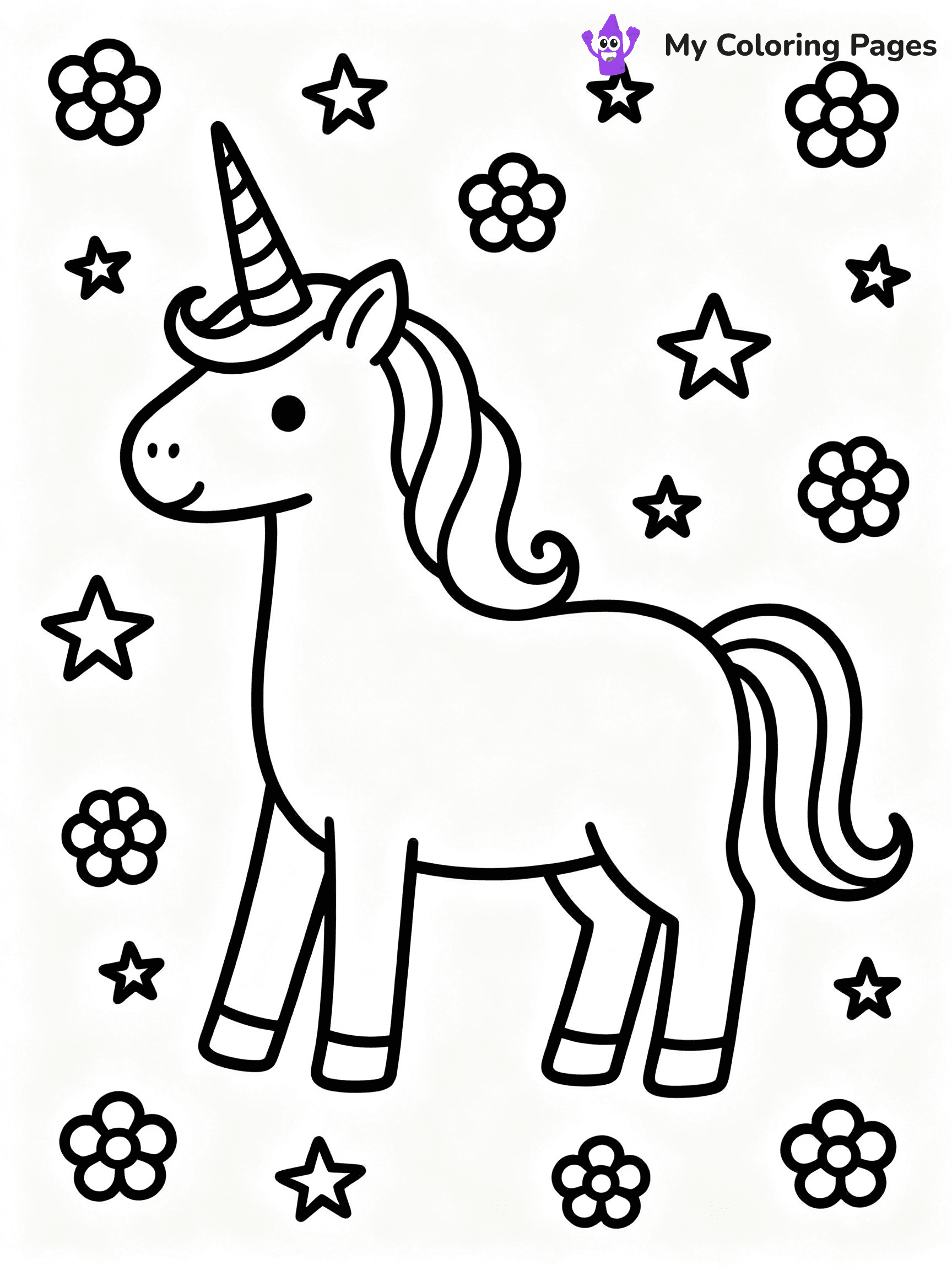 ⚠️ CRITICAL REQUIREMENT - ABSOLUTE BLACK AND WHITE ONLY ⚠️
This MUST be a BLACK AND WHITE line drawing ONLY. NO COLORS whatsoever.
- ONLY pure black lines (#000000) on pure white background (#FFFFFF)
- ABSOLUTELY NO colors, NO shading, NO gradients, NO grayscale
- If there are ANY colors in the output, the image is REJECTED
- This is a COLORING PAGE - meant to be COLORED IN by children
- The output must be UNCOLORED line art ready for coloring
⚠️ SUBJECT TO DRAW: Unicorn surrounded by flowers and sparkling stars. PURE OUTLINES. NO FILLS, COLOR, SHADING, OR GREYSCALE. WHITE BACKGROUND.
(REMEMBER: Output must be BLACK AND WHITE line art only, NOT colored!)
# Flat, Friendly Cartoon Line-Art Coloring Page
You are generating a **pure black-and-white binary image** of a child-friendly cartoon scene combining characters and background scenery in one cohesive composition.
## Rendering Rules (Strict)
- Only two colors: pure black (#000000) outlines and pure white (#FFFFFF) background.
- No grayscale, shading, gradients, tints, fills, transparency, or partial pixels.
- No antialiasing or blended edges; every pixel is 100% black or white.
- No solid black fills inside shapes — all areas inside outlines must remain white.
- No dark clothing areas or filled tone blocks; all garments outlined only.
- No shadows, textures, lighting, or tonal variations.
- Must look like flat binary vector line-art for coloring pages.
## Drawing & Composition
- **Medium, consistent line weight**; clean closed outlines easy to color inside.
- **Flat, simple, child-friendly design** — no realism or 3D depth.
- Characters are **grounded on a surface**, centered and large.
- **Balanced composition** with clear silhouettes and minimal props.
## Scenery & Style
- Landmarks (e.g., mosque, CN Tower) and scenery (trees, benches, waves) drawn with **black outlines only.**
- For real-world figures, teams, or places, show accurate details using only black outlines—no text or logos. Use distinctive uniform patterns, abstract symbols, and landmark silhouettes to convey identity.
- Keep **consistent perspective**; no floating elements.
- **Style:** whimsical **Doodle Art Alley** — rounded, friendly outlines.
- May adapt shapes from **Crayola, Disney, Peppa Pig, Cocomelon** — *by shape only, never color.*
- Final output: **flat, crisp, binary (#000000/#FFFFFF)**, **no filled color or background text.**
EXTREMELYE IMPORTANT:
- PURE BINARY LINE-ART; NO FILLS (HAIR/CLOTHES/SKIN), SHADING, OR GREY.
- NO SHADING, COLOR. MUST BE WHITE BACKGROUND.
⚠️ FINAL REMINDER: Draw the subject "Unicorn surrounded by flowers and sparkling stars. PURE OUTLINES. NO FILLS, COLOR, SHADING, OR GREYSCALE. WHITE BACKGROUND." as BLACK AND WHITE line art. Zero colors in output.