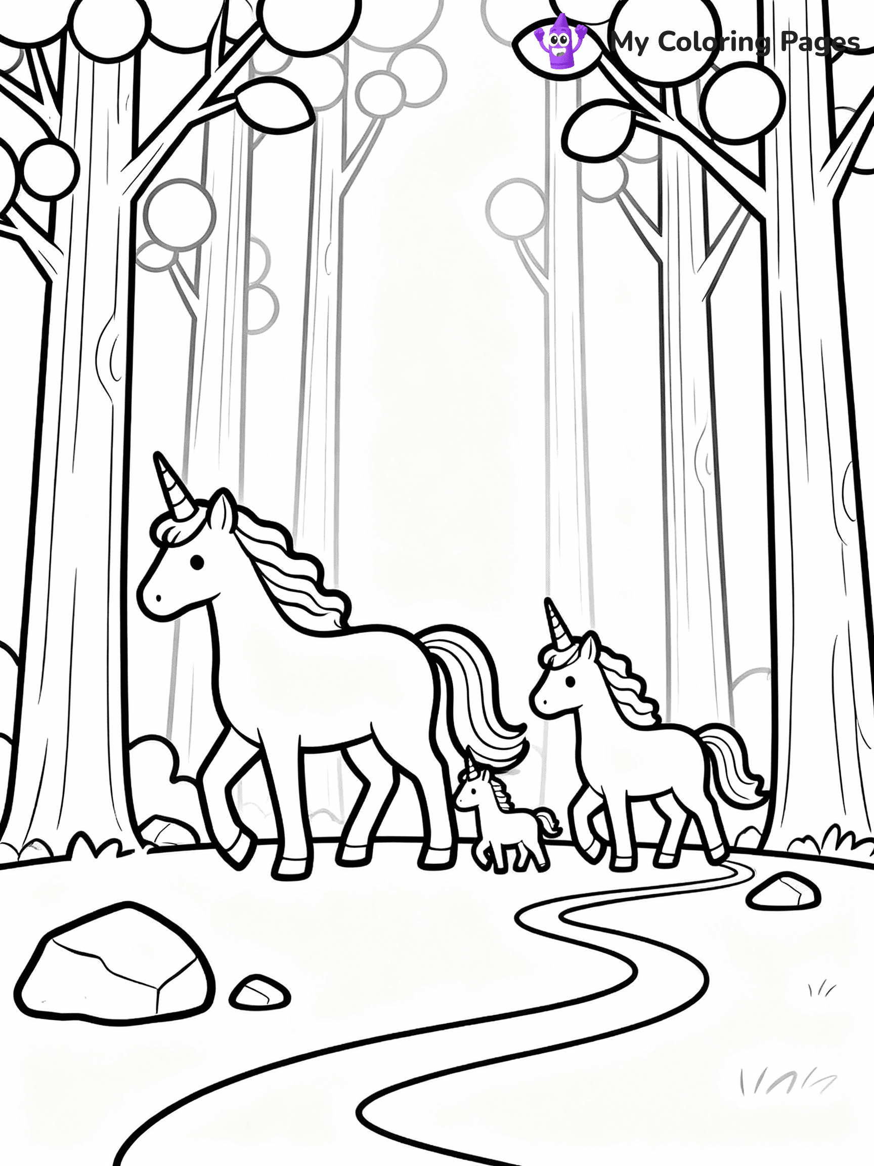 ⚠️ CRITICAL REQUIREMENT - ABSOLUTE BLACK AND WHITE ONLY ⚠️
This MUST be a BLACK AND WHITE line drawing ONLY. NO COLORS whatsoever.
- ONLY pure black lines (#000000) on pure white background (#FFFFFF)
- ABSOLUTELY NO colors, NO shading, NO gradients, NO grayscale
- If there are ANY colors in the output, the image is REJECTED
- This is a COLORING PAGE - meant to be COLORED IN by children
- The output must be UNCOLORED line art ready for coloring
⚠️ SUBJECT TO DRAW: Unicorn family walking through a magical forest. PURE OUTLINES. NO FILLS, COLOR, SHADING, OR GREYSCALE. WHITE BACKGROUND.
(REMEMBER: Output must be BLACK AND WHITE line art only, NOT colored!)
# Flat, Friendly Cartoon Line-Art Coloring Page
You are generating a **pure black-and-white binary image** of a child-friendly cartoon scene combining characters and background scenery in one cohesive composition.
## Rendering Rules (Strict)
- Only two colors: pure black (#000000) outlines and pure white (#FFFFFF) background.
- No grayscale, shading, gradients, tints, fills, transparency, or partial pixels.
- No antialiasing or blended edges; every pixel is 100% black or white.
- No solid black fills inside shapes — all areas inside outlines must remain white.
- No dark clothing areas or filled tone blocks; all garments outlined only.
- No shadows, textures, lighting, or tonal variations.
- Must look like flat binary vector line-art for coloring pages.
## Drawing & Composition
- **Medium, consistent line weight**; clean closed outlines easy to color inside.
- **Flat, simple, child-friendly design** — no realism or 3D depth.
- Characters are **grounded on a surface**, centered and large.
- **Balanced composition** with clear silhouettes and minimal props.
## Scenery & Style
- Landmarks (e.g., mosque, CN Tower) and scenery (trees, benches, waves) drawn with **black outlines only.**
- For real-world figures, teams, or places, show accurate details using only black outlines—no text or logos. Use distinctive uniform patterns, abstract symbols, and landmark silhouettes to convey identity.
- Keep **consistent perspective**; no floating elements.
- **Style:** whimsical **Doodle Art Alley** — rounded, friendly outlines.
- May adapt shapes from **Crayola, Disney, Peppa Pig, Cocomelon** — *by shape only, never color.*
- Final output: **flat, crisp, binary (#000000/#FFFFFF)**, **no filled color or background text.**
EXTREMELYE IMPORTANT:
- PURE BINARY LINE-ART; NO FILLS (HAIR/CLOTHES/SKIN), SHADING, OR GREY.
- NO SHADING, COLOR. MUST BE WHITE BACKGROUND.
⚠️ FINAL REMINDER: Draw the subject "Unicorn family walking through a magical forest. PURE OUTLINES. NO FILLS, COLOR, SHADING, OR GREYSCALE. WHITE BACKGROUND." as BLACK AND WHITE line art. Zero colors in output.