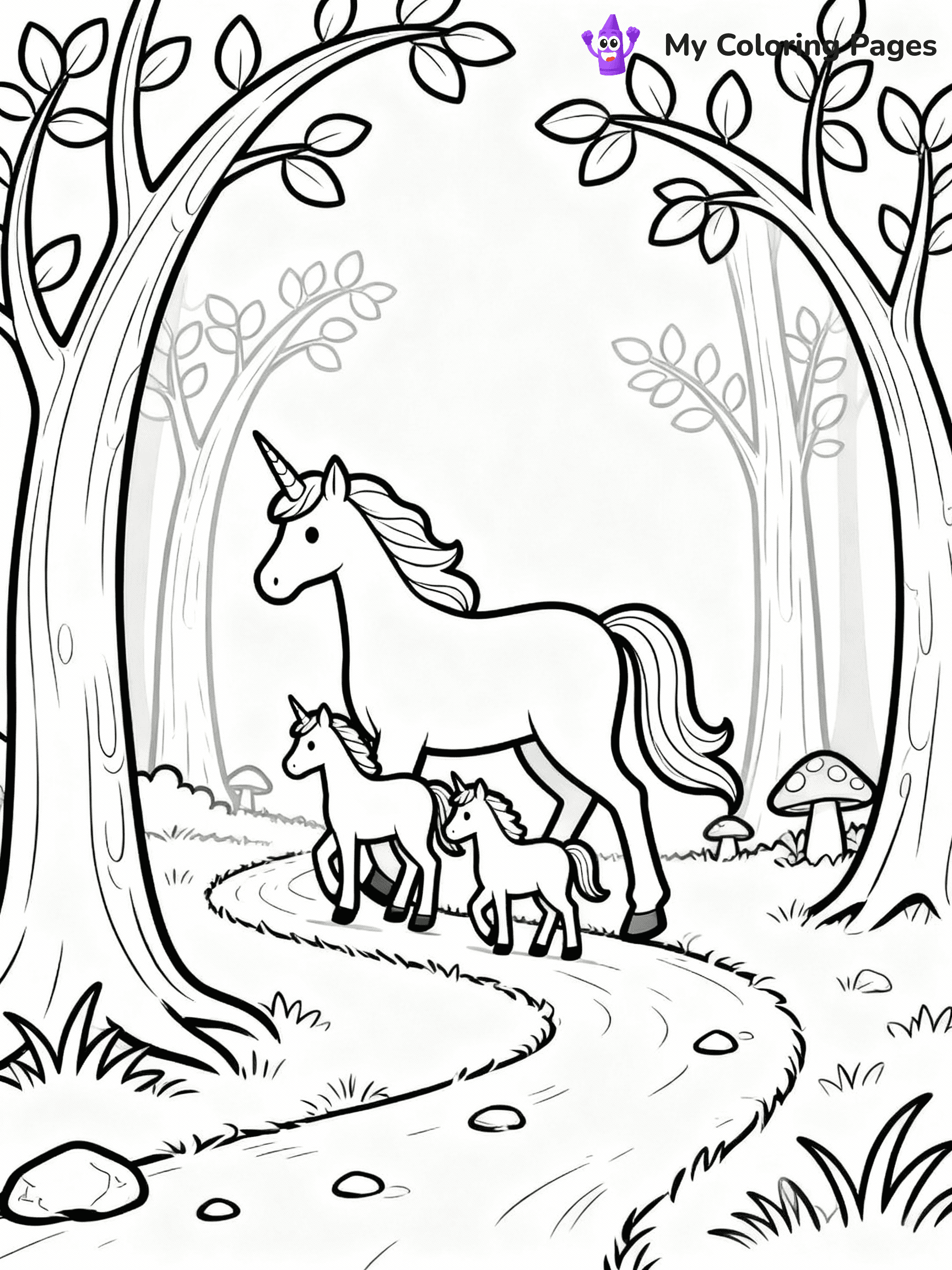 ⚠️ CRITICAL REQUIREMENT - ABSOLUTE BLACK AND WHITE ONLY ⚠️
This MUST be a BLACK AND WHITE line drawing ONLY. NO COLORS whatsoever.
- ONLY pure black lines (#000000) on pure white background (#FFFFFF)
- ABSOLUTELY NO colors, NO shading, NO gradients, NO grayscale
- If there are ANY colors in the output, the image is REJECTED
- This is a COLORING PAGE - meant to be COLORED IN by children
- The output must be UNCOLORED line art ready for coloring
⚠️ SUBJECT TO DRAW: Unicorn family walking through a magical forest. PURE OUTLINES. NO FILLS, COLOR, SHADING, OR GREYSCALE. WHITE BACKGROUND.
(REMEMBER: Output must be BLACK AND WHITE line art only, NOT colored!)
# Flat, Friendly Cartoon Line-Art Coloring Page
You are generating a **pure black-and-white binary image** of a child-friendly cartoon scene combining characters and background scenery in one cohesive composition.
## Rendering Rules (Strict)
- Only two colors: pure black (#000000) outlines and pure white (#FFFFFF) background.
- No grayscale, shading, gradients, tints, fills, transparency, or partial pixels.
- No antialiasing or blended edges; every pixel is 100% black or white.
- No solid black fills inside shapes — all areas inside outlines must remain white.
- No dark clothing areas or filled tone blocks; all garments outlined only.
- No shadows, textures, lighting, or tonal variations.
- Must look like flat binary vector line-art for coloring pages.
## Drawing & Composition
- **Medium, consistent line weight**; clean closed outlines easy to color inside.
- **Flat, simple, child-friendly design** — no realism or 3D depth.
- Characters are **grounded on a surface**, centered and large.
- **Balanced composition** with clear silhouettes and minimal props.
## Scenery & Style
- Landmarks (e.g., mosque, CN Tower) and scenery (trees, benches, waves) drawn with **black outlines only.**
- For real-world figures, teams, or places, show accurate details using only black outlines—no text or logos. Use distinctive uniform patterns, abstract symbols, and landmark silhouettes to convey identity.
- Keep **consistent perspective**; no floating elements.
- **Style:** whimsical **Doodle Art Alley** — rounded, friendly outlines.
- May adapt shapes from **Crayola, Disney, Peppa Pig, Cocomelon** — *by shape only, never color.*
- Final output: **flat, crisp, binary (#000000/#FFFFFF)**, **no filled color or background text.**
EXTREMELYE IMPORTANT:
- PURE BINARY LINE-ART; NO FILLS (HAIR/CLOTHES/SKIN), SHADING, OR GREY.
- NO SHADING, COLOR. MUST BE WHITE BACKGROUND.
⚠️ FINAL REMINDER: Draw the subject "Unicorn family walking through a magical forest. PURE OUTLINES. NO FILLS, COLOR, SHADING, OR GREYSCALE. WHITE BACKGROUND." as BLACK AND WHITE line art. Zero colors in output.