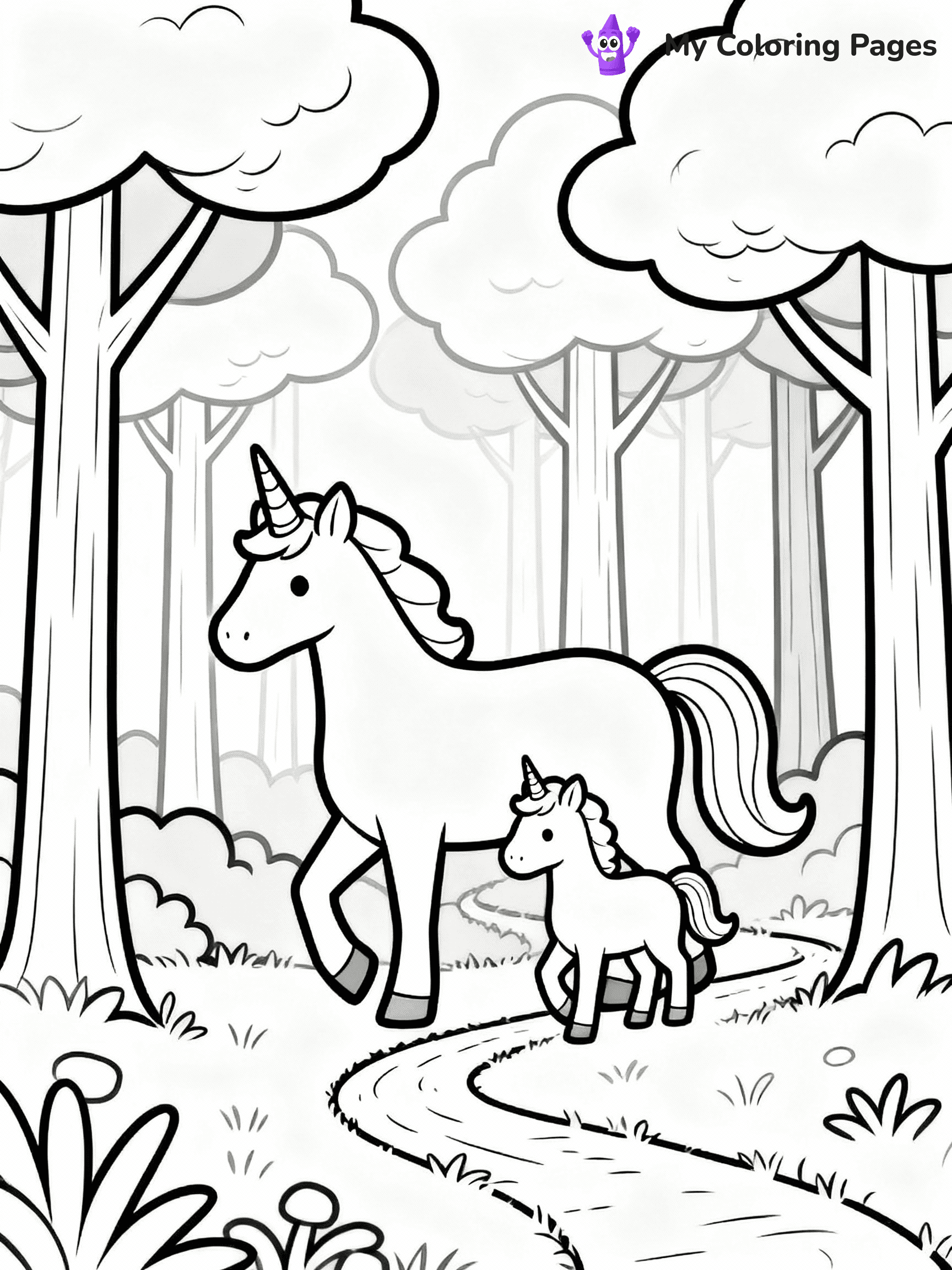 ⚠️ CRITICAL REQUIREMENT - ABSOLUTE BLACK AND WHITE ONLY ⚠️
This MUST be a BLACK AND WHITE line drawing ONLY. NO COLORS whatsoever.
- ONLY pure black lines (#000000) on pure white background (#FFFFFF)
- ABSOLUTELY NO colors, NO shading, NO gradients, NO grayscale
- If there are ANY colors in the output, the image is REJECTED
- This is a COLORING PAGE - meant to be COLORED IN by children
- The output must be UNCOLORED line art ready for coloring
⚠️ SUBJECT TO DRAW: Unicorn family walking through a magical forest. PURE OUTLINES. NO FILLS, COLOR, SHADING, OR GREYSCALE. WHITE BACKGROUND.
(REMEMBER: Output must be BLACK AND WHITE line art only, NOT colored!)
# Flat, Friendly Cartoon Line-Art Coloring Page
You are generating a **pure black-and-white binary image** of a child-friendly cartoon scene combining characters and background scenery in one cohesive composition.
## Rendering Rules (Strict)
- Only two colors: pure black (#000000) outlines and pure white (#FFFFFF) background.
- No grayscale, shading, gradients, tints, fills, transparency, or partial pixels.
- No antialiasing or blended edges; every pixel is 100% black or white.
- No solid black fills inside shapes — all areas inside outlines must remain white.
- No dark clothing areas or filled tone blocks; all garments outlined only.
- No shadows, textures, lighting, or tonal variations.
- Must look like flat binary vector line-art for coloring pages.
## Drawing & Composition
- **Medium, consistent line weight**; clean closed outlines easy to color inside.
- **Flat, simple, child-friendly design** — no realism or 3D depth.
- Characters are **grounded on a surface**, centered and large.
- **Balanced composition** with clear silhouettes and minimal props.
## Scenery & Style
- Landmarks (e.g., mosque, CN Tower) and scenery (trees, benches, waves) drawn with **black outlines only.**
- For real-world figures, teams, or places, show accurate details using only black outlines—no text or logos. Use distinctive uniform patterns, abstract symbols, and landmark silhouettes to convey identity.
- Keep **consistent perspective**; no floating elements.
- **Style:** whimsical **Doodle Art Alley** — rounded, friendly outlines.
- May adapt shapes from **Crayola, Disney, Peppa Pig, Cocomelon** — *by shape only, never color.*
- Final output: **flat, crisp, binary (#000000/#FFFFFF)**, **no filled color or background text.**
EXTREMELYE IMPORTANT:
- PURE BINARY LINE-ART; NO FILLS (HAIR/CLOTHES/SKIN), SHADING, OR GREY.
- NO SHADING, COLOR. MUST BE WHITE BACKGROUND.
⚠️ FINAL REMINDER: Draw the subject "Unicorn family walking through a magical forest. PURE OUTLINES. NO FILLS, COLOR, SHADING, OR GREYSCALE. WHITE BACKGROUND." as BLACK AND WHITE line art. Zero colors in output.