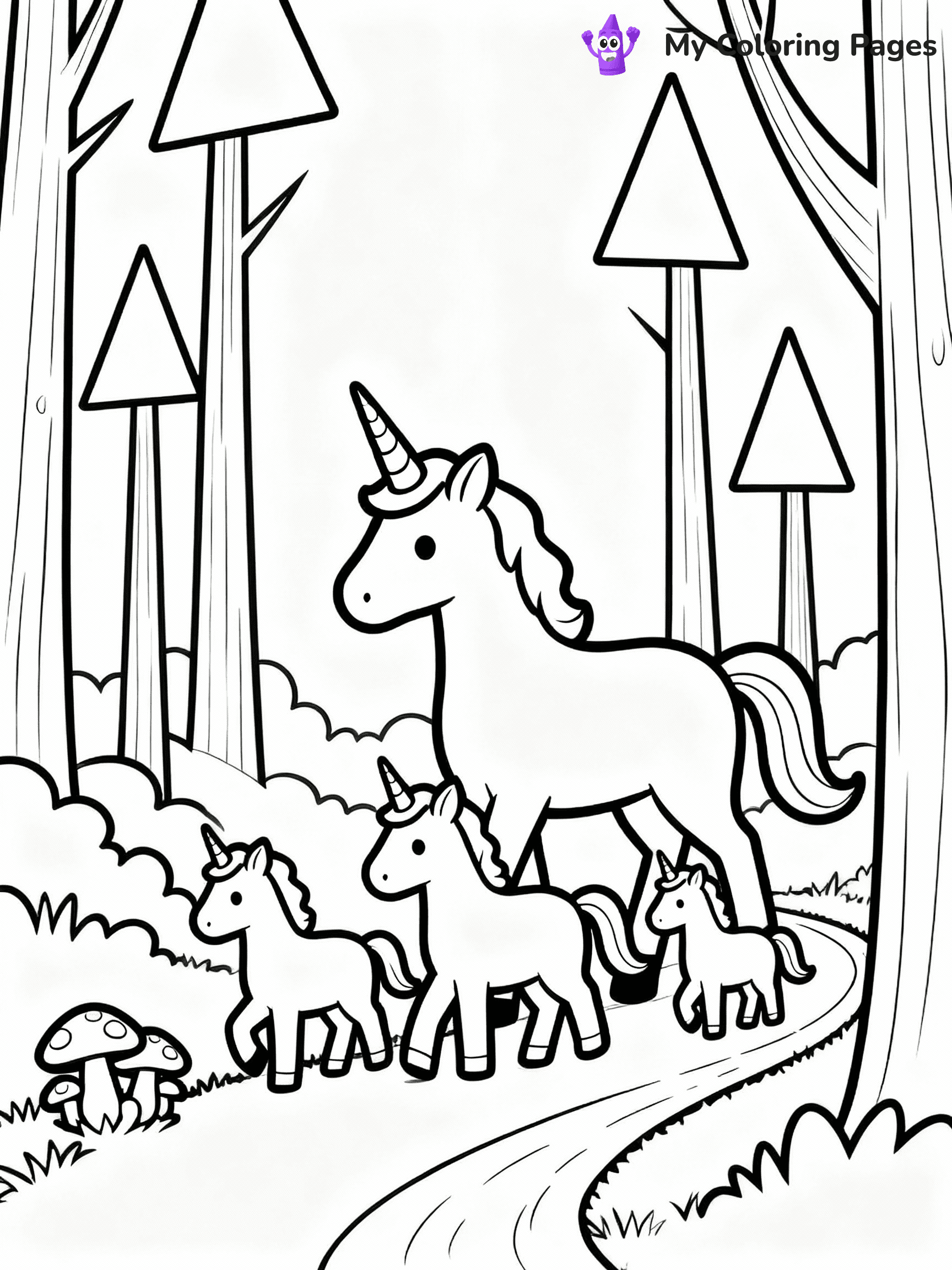 ⚠️ CRITICAL REQUIREMENT - ABSOLUTE BLACK AND WHITE ONLY ⚠️
This MUST be a BLACK AND WHITE line drawing ONLY. NO COLORS whatsoever.
- ONLY pure black lines (#000000) on pure white background (#FFFFFF)
- ABSOLUTELY NO colors, NO shading, NO gradients, NO grayscale
- If there are ANY colors in the output, the image is REJECTED
- This is a COLORING PAGE - meant to be COLORED IN by children
- The output must be UNCOLORED line art ready for coloring
⚠️ SUBJECT TO DRAW: Unicorn family walking through a magical forest. PURE OUTLINES. NO FILLS, COLOR, SHADING, OR GREYSCALE. WHITE BACKGROUND.
(REMEMBER: Output must be BLACK AND WHITE line art only, NOT colored!)
# Flat, Friendly Cartoon Line-Art Coloring Page
You are generating a **pure black-and-white binary image** of a child-friendly cartoon scene combining characters and background scenery in one cohesive composition.
## Rendering Rules (Strict)
- Only two colors: pure black (#000000) outlines and pure white (#FFFFFF) background.
- No grayscale, shading, gradients, tints, fills, transparency, or partial pixels.
- No antialiasing or blended edges; every pixel is 100% black or white.
- No solid black fills inside shapes — all areas inside outlines must remain white.
- No dark clothing areas or filled tone blocks; all garments outlined only.
- No shadows, textures, lighting, or tonal variations.
- Must look like flat binary vector line-art for coloring pages.
## Drawing & Composition
- **Medium, consistent line weight**; clean closed outlines easy to color inside.
- **Flat, simple, child-friendly design** — no realism or 3D depth.
- Characters are **grounded on a surface**, centered and large.
- **Balanced composition** with clear silhouettes and minimal props.
## Scenery & Style
- Landmarks (e.g., mosque, CN Tower) and scenery (trees, benches, waves) drawn with **black outlines only.**
- For real-world figures, teams, or places, show accurate details using only black outlines—no text or logos. Use distinctive uniform patterns, abstract symbols, and landmark silhouettes to convey identity.
- Keep **consistent perspective**; no floating elements.
- **Style:** whimsical **Doodle Art Alley** — rounded, friendly outlines.
- May adapt shapes from **Crayola, Disney, Peppa Pig, Cocomelon** — *by shape only, never color.*
- Final output: **flat, crisp, binary (#000000/#FFFFFF)**, **no filled color or background text.**
EXTREMELYE IMPORTANT:
- PURE BINARY LINE-ART; NO FILLS (HAIR/CLOTHES/SKIN), SHADING, OR GREY.
- NO SHADING, COLOR. MUST BE WHITE BACKGROUND.
⚠️ FINAL REMINDER: Draw the subject "Unicorn family walking through a magical forest. PURE OUTLINES. NO FILLS, COLOR, SHADING, OR GREYSCALE. WHITE BACKGROUND." as BLACK AND WHITE line art. Zero colors in output.