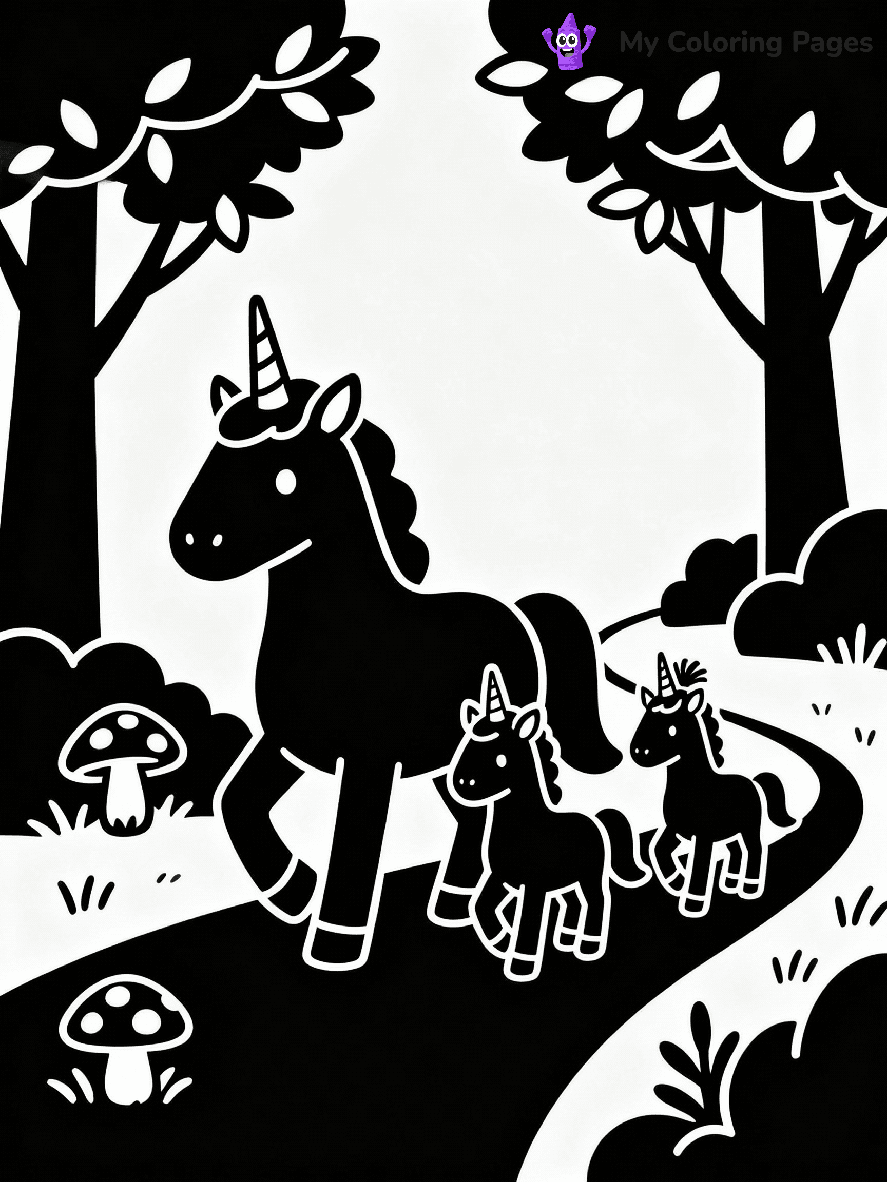 ⚠️ CRITICAL REQUIREMENT - ABSOLUTE BLACK AND WHITE ONLY ⚠️
This MUST be a BLACK AND WHITE line drawing ONLY. NO COLORS whatsoever.
- ONLY pure black lines (#000000) on pure white background (#FFFFFF)
- ABSOLUTELY NO colors, NO shading, NO gradients, NO grayscale
- If there are ANY colors in the output, the image is REJECTED
- This is a COLORING PAGE - meant to be COLORED IN by children
- The output must be UNCOLORED line art ready for coloring
⚠️ SUBJECT TO DRAW: Unicorn family walking through a magical forest. PURE OUTLINES. NO FILLS, COLOR, SHADING, OR GREYSCALE. WHITE BACKGROUND.
(REMEMBER: Output must be BLACK AND WHITE line art only, NOT colored!)
# Flat, Friendly Cartoon Line-Art Coloring Page
You are generating a **pure black-and-white binary image** of a child-friendly cartoon scene combining characters and background scenery in one cohesive composition.
## Rendering Rules (Strict)
- Only two colors: pure black (#000000) outlines and pure white (#FFFFFF) background.
- No grayscale, shading, gradients, tints, fills, transparency, or partial pixels.
- No antialiasing or blended edges; every pixel is 100% black or white.
- No solid black fills inside shapes — all areas inside outlines must remain white.
- No dark clothing areas or filled tone blocks; all garments outlined only.
- No shadows, textures, lighting, or tonal variations.
- Must look like flat binary vector line-art for coloring pages.
## Drawing & Composition
- **Medium, consistent line weight**; clean closed outlines easy to color inside.
- **Flat, simple, child-friendly design** — no realism or 3D depth.
- Characters are **grounded on a surface**, centered and large.
- **Balanced composition** with clear silhouettes and minimal props.
## Scenery & Style
- Landmarks (e.g., mosque, CN Tower) and scenery (trees, benches, waves) drawn with **black outlines only.**
- For real-world figures, teams, or places, show accurate details using only black outlines—no text or logos. Use distinctive uniform patterns, abstract symbols, and landmark silhouettes to convey identity.
- Keep **consistent perspective**; no floating elements.
- **Style:** whimsical **Doodle Art Alley** — rounded, friendly outlines.
- May adapt shapes from **Crayola, Disney, Peppa Pig, Cocomelon** — *by shape only, never color.*
- Final output: **flat, crisp, binary (#000000/#FFFFFF)**, **no filled color or background text.**
EXTREMELYE IMPORTANT:
- PURE BINARY LINE-ART; NO FILLS (HAIR/CLOTHES/SKIN), SHADING, OR GREY.
- NO SHADING, COLOR. MUST BE WHITE BACKGROUND.
⚠️ FINAL REMINDER: Draw the subject "Unicorn family walking through a magical forest. PURE OUTLINES. NO FILLS, COLOR, SHADING, OR GREYSCALE. WHITE BACKGROUND." as BLACK AND WHITE line art. Zero colors in output.