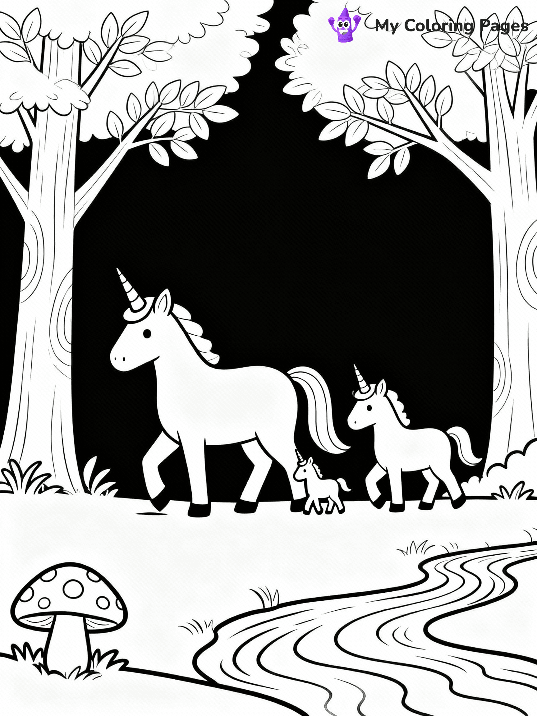 ⚠️ CRITICAL REQUIREMENT - ABSOLUTE BLACK AND WHITE ONLY ⚠️
This MUST be a BLACK AND WHITE line drawing ONLY. NO COLORS whatsoever.
- ONLY pure black lines (#000000) on pure white background (#FFFFFF)
- ABSOLUTELY NO colors, NO shading, NO gradients, NO grayscale
- If there are ANY colors in the output, the image is REJECTED
- This is a COLORING PAGE - meant to be COLORED IN by children
- The output must be UNCOLORED line art ready for coloring
⚠️ SUBJECT TO DRAW: Unicorn family walking through a magical forest. PURE OUTLINES. NO FILLS, COLOR, SHADING, OR GREYSCALE. WHITE BACKGROUND.
(REMEMBER: Output must be BLACK AND WHITE line art only, NOT colored!)
# Flat, Friendly Cartoon Line-Art Coloring Page
You are generating a **pure black-and-white binary image** of a child-friendly cartoon scene combining characters and background scenery in one cohesive composition.
## Rendering Rules (Strict)
- Only two colors: pure black (#000000) outlines and pure white (#FFFFFF) background.
- No grayscale, shading, gradients, tints, fills, transparency, or partial pixels.
- No antialiasing or blended edges; every pixel is 100% black or white.
- No solid black fills inside shapes — all areas inside outlines must remain white.
- No dark clothing areas or filled tone blocks; all garments outlined only.
- No shadows, textures, lighting, or tonal variations.
- Must look like flat binary vector line-art for coloring pages.
## Drawing & Composition
- **Medium, consistent line weight**; clean closed outlines easy to color inside.
- **Flat, simple, child-friendly design** — no realism or 3D depth.
- Characters are **grounded on a surface**, centered and large.
- **Balanced composition** with clear silhouettes and minimal props.
## Scenery & Style
- Landmarks (e.g., mosque, CN Tower) and scenery (trees, benches, waves) drawn with **black outlines only.**
- For real-world figures, teams, or places, show accurate details using only black outlines—no text or logos. Use distinctive uniform patterns, abstract symbols, and landmark silhouettes to convey identity.
- Keep **consistent perspective**; no floating elements.
- **Style:** whimsical **Doodle Art Alley** — rounded, friendly outlines.
- May adapt shapes from **Crayola, Disney, Peppa Pig, Cocomelon** — *by shape only, never color.*
- Final output: **flat, crisp, binary (#000000/#FFFFFF)**, **no filled color or background text.**
EXTREMELYE IMPORTANT:
- PURE BINARY LINE-ART; NO FILLS (HAIR/CLOTHES/SKIN), SHADING, OR GREY.
- NO SHADING, COLOR. MUST BE WHITE BACKGROUND.
⚠️ FINAL REMINDER: Draw the subject "Unicorn family walking through a magical forest. PURE OUTLINES. NO FILLS, COLOR, SHADING, OR GREYSCALE. WHITE BACKGROUND." as BLACK AND WHITE line art. Zero colors in output.