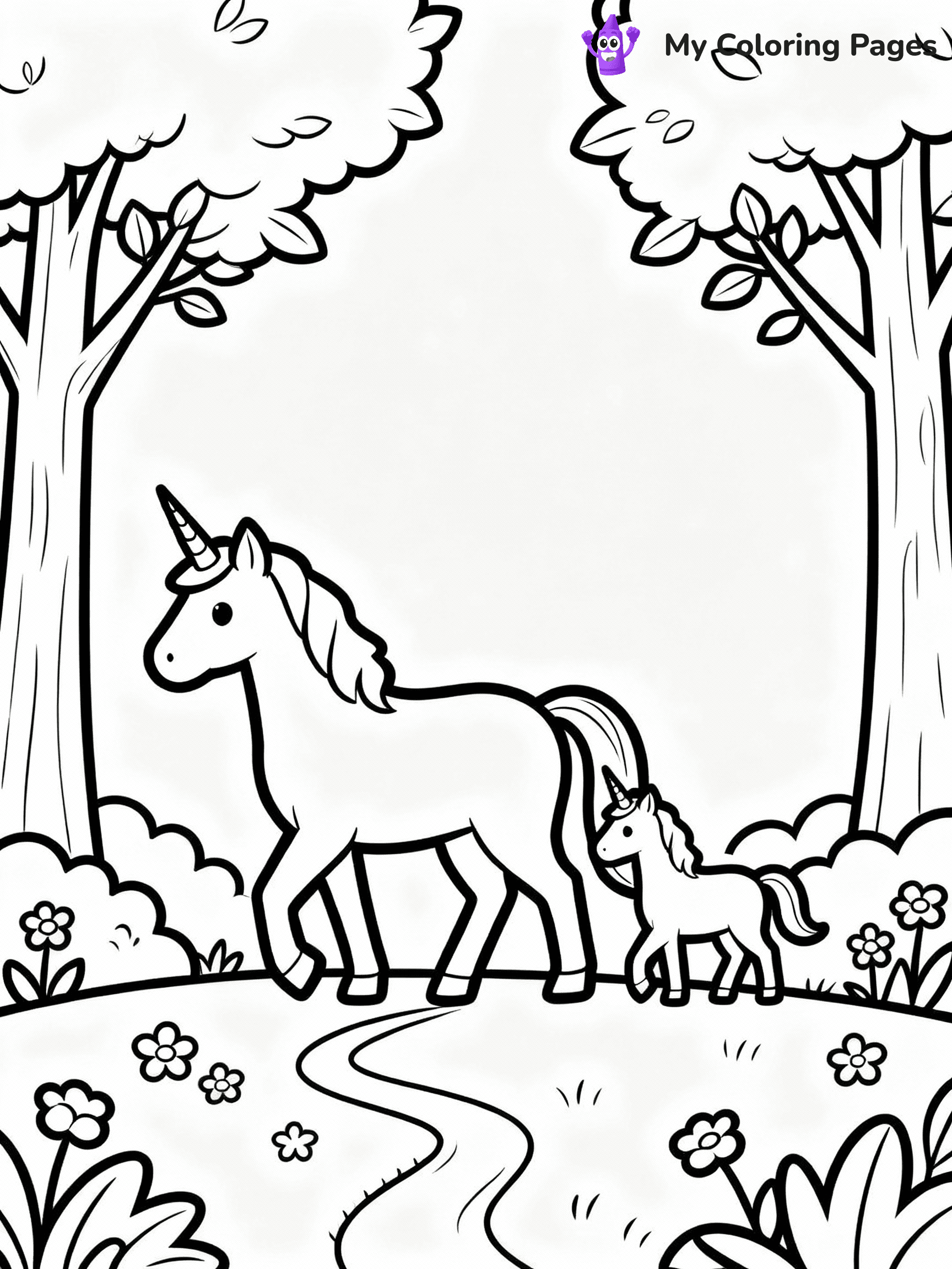 ⚠️ CRITICAL REQUIREMENT - ABSOLUTE BLACK AND WHITE ONLY ⚠️
This MUST be a BLACK AND WHITE line drawing ONLY. NO COLORS whatsoever.
- ONLY pure black lines (#000000) on pure white background (#FFFFFF)
- ABSOLUTELY NO colors, NO shading, NO gradients, NO grayscale
- If there are ANY colors in the output, the image is REJECTED
- This is a COLORING PAGE - meant to be COLORED IN by children
- The output must be UNCOLORED line art ready for coloring
⚠️ SUBJECT TO DRAW: Unicorn family walking through a magical forest. PURE OUTLINES. NO FILLS, COLOR, SHADING, OR GREYSCALE. WHITE BACKGROUND.
(REMEMBER: Output must be BLACK AND WHITE line art only, NOT colored!)
# Flat, Friendly Cartoon Line-Art Coloring Page
You are generating a **pure black-and-white binary image** of a child-friendly cartoon scene combining characters and background scenery in one cohesive composition.
## Rendering Rules (Strict)
- Only two colors: pure black (#000000) outlines and pure white (#FFFFFF) background.
- No grayscale, shading, gradients, tints, fills, transparency, or partial pixels.
- No antialiasing or blended edges; every pixel is 100% black or white.
- No solid black fills inside shapes — all areas inside outlines must remain white.
- No dark clothing areas or filled tone blocks; all garments outlined only.
- No shadows, textures, lighting, or tonal variations.
- Must look like flat binary vector line-art for coloring pages.
## Drawing & Composition
- **Medium, consistent line weight**; clean closed outlines easy to color inside.
- **Flat, simple, child-friendly design** — no realism or 3D depth.
- Characters are **grounded on a surface**, centered and large.
- **Balanced composition** with clear silhouettes and minimal props.
## Scenery & Style
- Landmarks (e.g., mosque, CN Tower) and scenery (trees, benches, waves) drawn with **black outlines only.**
- For real-world figures, teams, or places, show accurate details using only black outlines—no text or logos. Use distinctive uniform patterns, abstract symbols, and landmark silhouettes to convey identity.
- Keep **consistent perspective**; no floating elements.
- **Style:** whimsical **Doodle Art Alley** — rounded, friendly outlines.
- May adapt shapes from **Crayola, Disney, Peppa Pig, Cocomelon** — *by shape only, never color.*
- Final output: **flat, crisp, binary (#000000/#FFFFFF)**, **no filled color or background text.**
EXTREMELYE IMPORTANT:
- PURE BINARY LINE-ART; NO FILLS (HAIR/CLOTHES/SKIN), SHADING, OR GREY.
- NO SHADING, COLOR. MUST BE WHITE BACKGROUND.
⚠️ FINAL REMINDER: Draw the subject "Unicorn family walking through a magical forest. PURE OUTLINES. NO FILLS, COLOR, SHADING, OR GREYSCALE. WHITE BACKGROUND." as BLACK AND WHITE line art. Zero colors in output.