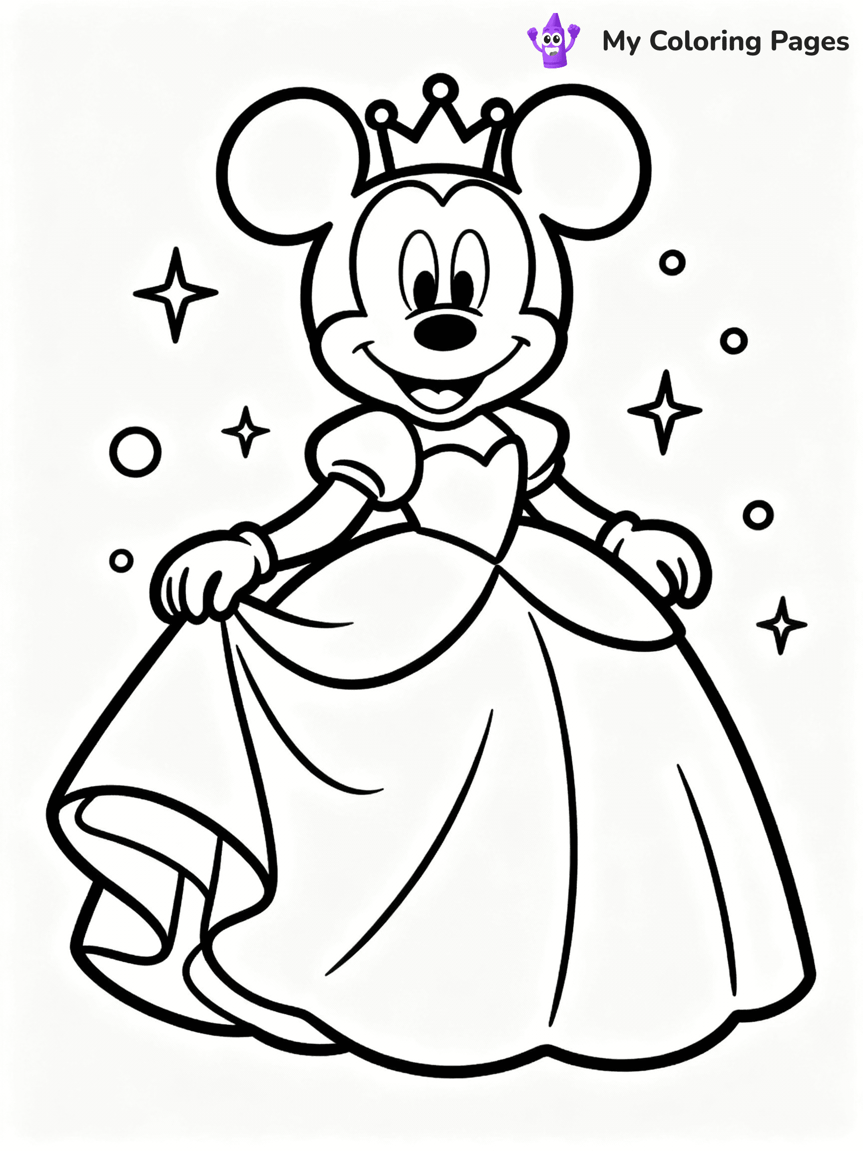 ⚠️ CRITICAL REQUIREMENT - ABSOLUTE BLACK AND WHITE ONLY ⚠️
This MUST be a BLACK AND WHITE line drawing ONLY. NO COLORS whatsoever.
- ONLY pure black lines (#000000) on pure white background (#FFFFFF)
- ABSOLUTELY NO colors, NO shading, NO gradients, NO grayscale
- If there are ANY colors in the output, the image is REJECTED
- This is a COLORING PAGE - meant to be COLORED IN by children
- The output must be UNCOLORED line art ready for coloring
⚠️ SUBJECT TO DRAW: Princess Minnie Mouse from Disney, in a flowing gown, tiara on head, surrounded by sparkles
(REMEMBER: Output must be BLACK AND WHITE line art only, NOT colored!)
# COLORING PAGE: BLACK OUTLINES ONLY - WHITE BACKGROUND MANDATORY
Create a **coloring book page** using EXACTLY two values: black lines, white space.
## NON-NEGOTIABLE BINARY RULES
- **ONLY #000000 (black) and #FFFFFF (white)** - NO other values exist
- **EVERY PIXEL = BLACK OR WHITE** - no gray/shading/antialiasing
- **WHITE BACKGROUND MANDATORY** - entire canvas stays white
- **ALL SHAPES HOLLOW** - everything is empty outlines waiting to be colored
- **FORBIDDEN:** fills, shading, gradients, patterns, textures, colors
- **NO SOLID REGIONS** - if it's not a thin line, it's wrong
## Universal Line Standards
- Black outlines ONLY - thin, uniform weight
- Every shape completely empty inside
- Closed contours suitable for coloring
- Simple flat illustration - zero depth/3D/realism
- **Style:** Whimsical Doodle Art Alley - rounded, friendly outlines (unless specified)
## Everything = Outline Only
- Characters/animals: hollow shapes
- Objects/clothing: empty contours
- Backgrounds/scenery: line work only
- Natural elements: outlined forms
- Dark/night areas: don't exist (use outlined symbols)
- Textures/patterns: convert to simple lines
## The Test
Can a child color EVERY white space with crayons? If any area is pre-filled/shaded/gray, it FAILS. Every shape must be waiting to receive color.
**FINAL OUTPUT**: Binary coloring page. Black lines define shapes. White spaces ready for coloring. Nothing else exists. No exceptions. Print-ready.
⚠️ FINAL REMINDER: Draw the subject "Princess Minnie Mouse from Disney, in a flowing gown, tiara on head, surrounded by sparkles" as BLACK AND WHITE line art. Zero colors in output.