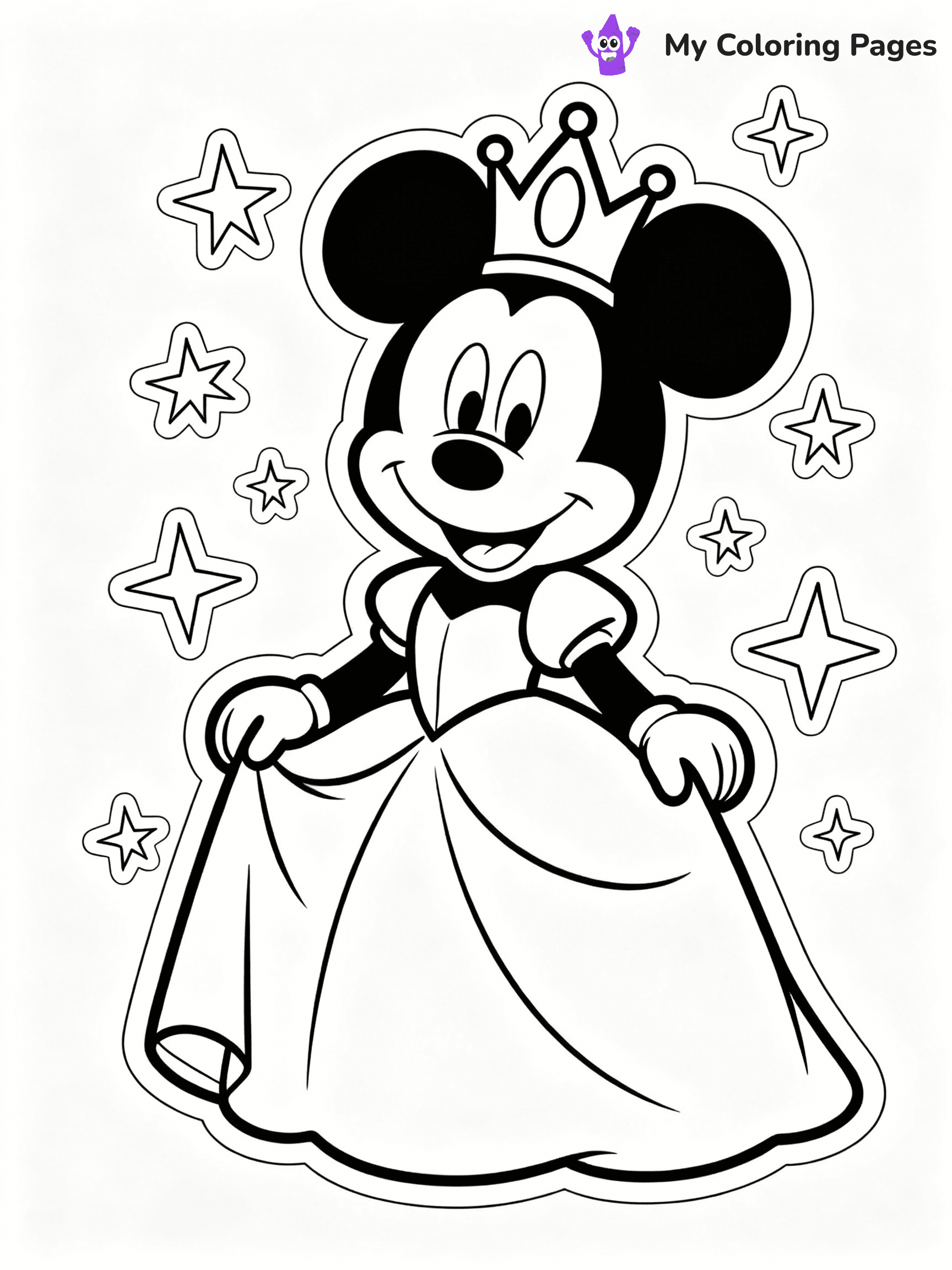 ⚠️ CRITICAL REQUIREMENT - ABSOLUTE BLACK AND WHITE ONLY ⚠️
This MUST be a BLACK AND WHITE line drawing ONLY. NO COLORS whatsoever.
- ONLY pure black lines (#000000) on pure white background (#FFFFFF)
- ABSOLUTELY NO colors, NO shading, NO gradients, NO grayscale
- If there are ANY colors in the output, the image is REJECTED
- This is a COLORING PAGE - meant to be COLORED IN by children
- The output must be UNCOLORED line art ready for coloring
⚠️ SUBJECT TO DRAW: Princess Minnie Mouse from Disney, in a flowing gown, tiara on head, surrounded by sparkles
(REMEMBER: Output must be BLACK AND WHITE line art only, NOT colored!)
# COLORING PAGE: BLACK OUTLINES ONLY - WHITE BACKGROUND MANDATORY
Create a **coloring book page** using EXACTLY two values: black lines, white space.
## NON-NEGOTIABLE BINARY RULES
- **ONLY #000000 (black) and #FFFFFF (white)** - NO other values exist
- **EVERY PIXEL = BLACK OR WHITE** - no gray/shading/antialiasing
- **WHITE BACKGROUND MANDATORY** - entire canvas stays white
- **ALL SHAPES HOLLOW** - everything is empty outlines waiting to be colored
- **FORBIDDEN:** fills, shading, gradients, patterns, textures, colors
- **NO SOLID REGIONS** - if it's not a thin line, it's wrong
## Universal Line Standards
- Black outlines ONLY - thin, uniform weight
- Every shape completely empty inside
- Closed contours suitable for coloring
- Simple flat illustration - zero depth/3D/realism
- **Style:** Whimsical Doodle Art Alley - rounded, friendly outlines (unless specified)
## Everything = Outline Only
- Characters/animals: hollow shapes
- Objects/clothing: empty contours
- Backgrounds/scenery: line work only
- Natural elements: outlined forms
- Dark/night areas: don't exist (use outlined symbols)
- Textures/patterns: convert to simple lines
## The Test
Can a child color EVERY white space with crayons? If any area is pre-filled/shaded/gray, it FAILS. Every shape must be waiting to receive color.
**FINAL OUTPUT**: Binary coloring page. Black lines define shapes. White spaces ready for coloring. Nothing else exists. No exceptions. Print-ready.
⚠️ FINAL REMINDER: Draw the subject "Princess Minnie Mouse from Disney, in a flowing gown, tiara on head, surrounded by sparkles" as BLACK AND WHITE line art. Zero colors in output.