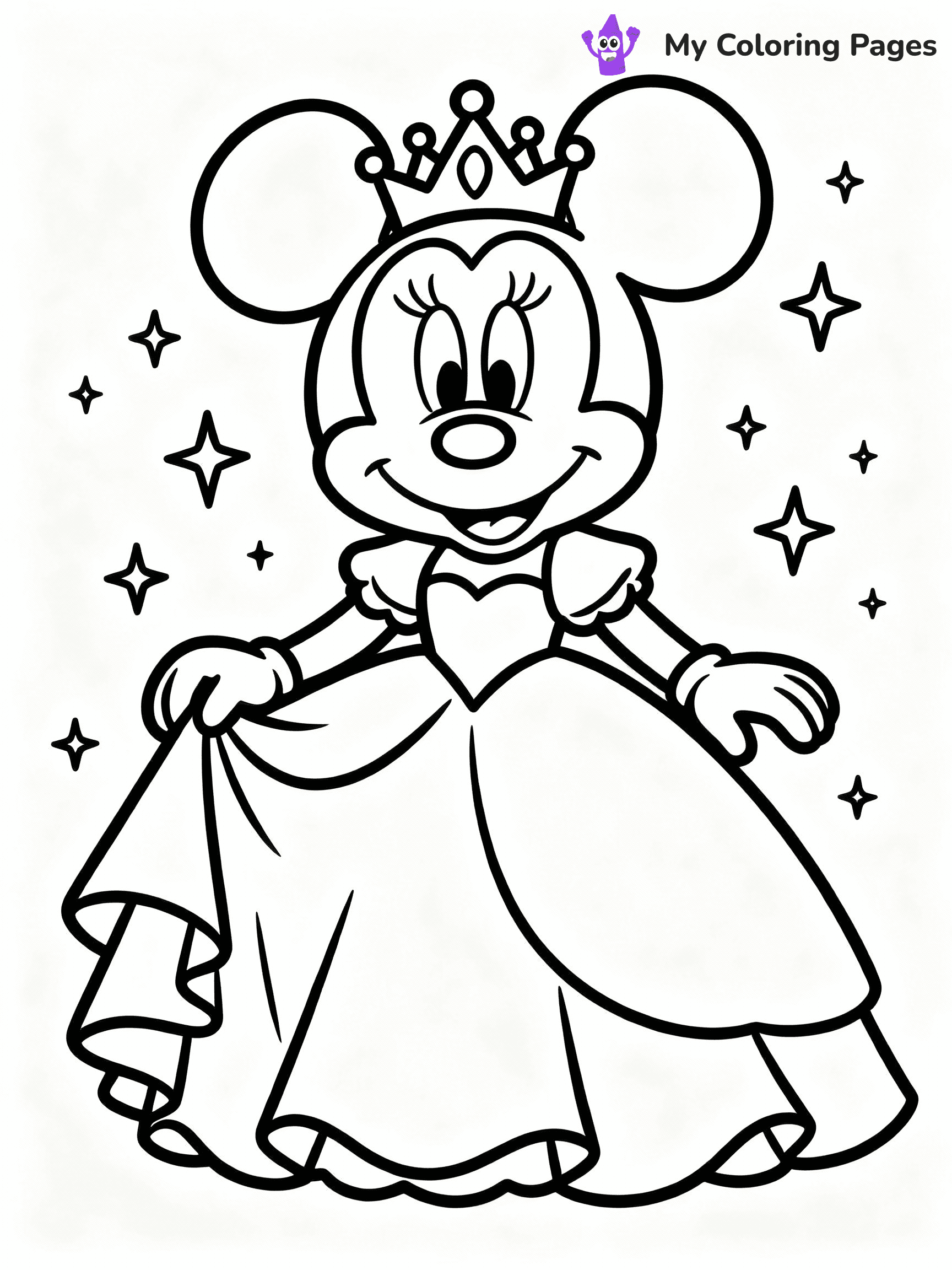 ⚠️ CRITICAL REQUIREMENT - ABSOLUTE BLACK AND WHITE ONLY ⚠️
This MUST be a BLACK AND WHITE line drawing ONLY. NO COLORS whatsoever.
- ONLY pure black lines (#000000) on pure white background (#FFFFFF)
- ABSOLUTELY NO colors, NO shading, NO gradients, NO grayscale
- If there are ANY colors in the output, the image is REJECTED
- This is a COLORING PAGE - meant to be COLORED IN by children
- The output must be UNCOLORED line art ready for coloring
⚠️ SUBJECT TO DRAW: Princess Minnie Mouse from Disney, in a flowing gown, tiara on head, surrounded by sparkles
(REMEMBER: Output must be BLACK AND WHITE line art only, NOT colored!)
# COLORING PAGE: BLACK OUTLINES ONLY - WHITE BACKGROUND MANDATORY
Create a **coloring book page** using EXACTLY two values: black lines, white space.
## NON-NEGOTIABLE BINARY RULES
- **ONLY #000000 (black) and #FFFFFF (white)** - NO other values exist
- **EVERY PIXEL = BLACK OR WHITE** - no gray/shading/antialiasing
- **WHITE BACKGROUND MANDATORY** - entire canvas stays white
- **ALL SHAPES HOLLOW** - everything is empty outlines waiting to be colored
- **FORBIDDEN:** fills, shading, gradients, patterns, textures, colors
- **NO SOLID REGIONS** - if it's not a thin line, it's wrong
## Universal Line Standards
- Black outlines ONLY - thin, uniform weight
- Every shape completely empty inside
- Closed contours suitable for coloring
- Simple flat illustration - zero depth/3D/realism
- **Style:** Whimsical Doodle Art Alley - rounded, friendly outlines (unless specified)
## Everything = Outline Only
- Characters/animals: hollow shapes
- Objects/clothing: empty contours
- Backgrounds/scenery: line work only
- Natural elements: outlined forms
- Dark/night areas: don't exist (use outlined symbols)
- Textures/patterns: convert to simple lines
## The Test
Can a child color EVERY white space with crayons? If any area is pre-filled/shaded/gray, it FAILS. Every shape must be waiting to receive color.
**FINAL OUTPUT**: Binary coloring page. Black lines define shapes. White spaces ready for coloring. Nothing else exists. No exceptions. Print-ready.
⚠️ FINAL REMINDER: Draw the subject "Princess Minnie Mouse from Disney, in a flowing gown, tiara on head, surrounded by sparkles" as BLACK AND WHITE line art. Zero colors in output.