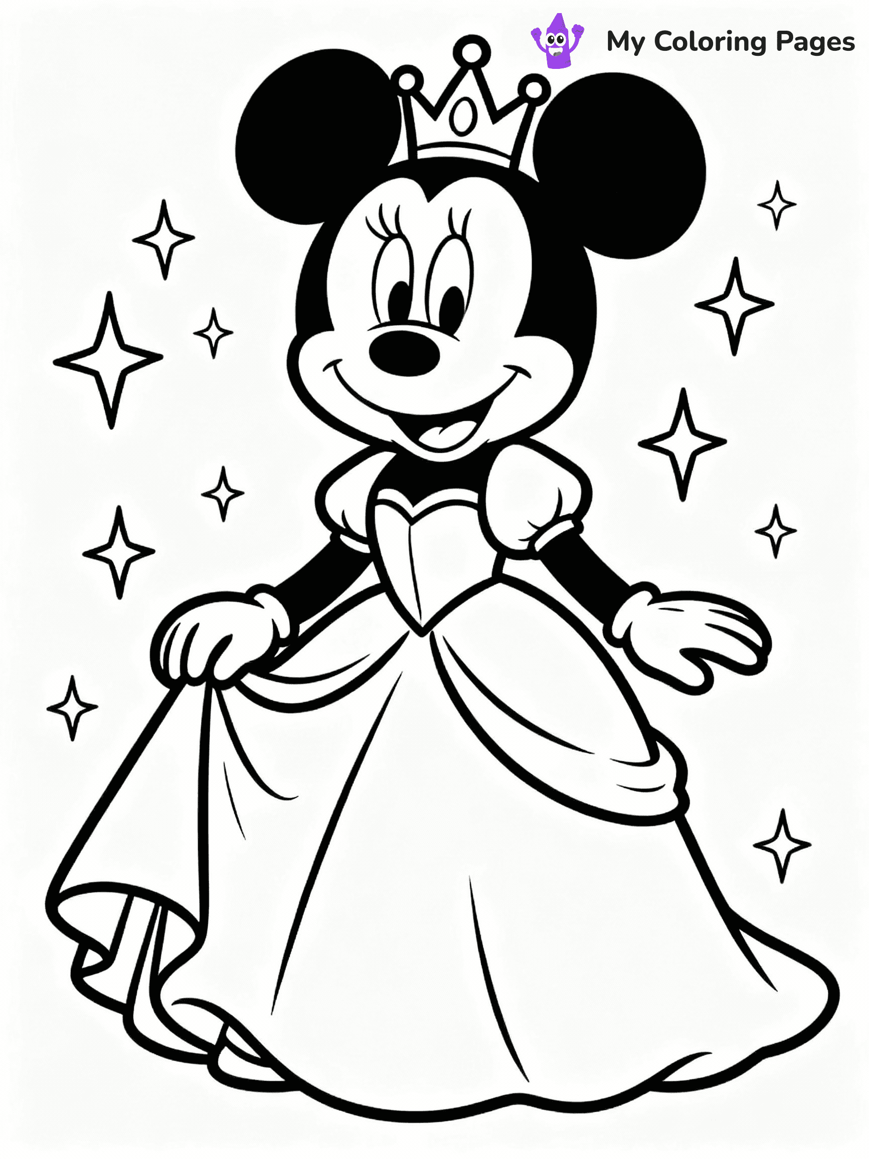 ⚠️ CRITICAL REQUIREMENT - ABSOLUTE BLACK AND WHITE ONLY ⚠️
This MUST be a BLACK AND WHITE line drawing ONLY. NO COLORS whatsoever.
- ONLY pure black lines (#000000) on pure white background (#FFFFFF)
- ABSOLUTELY NO colors, NO shading, NO gradients, NO grayscale
- If there are ANY colors in the output, the image is REJECTED
- This is a COLORING PAGE - meant to be COLORED IN by children
- The output must be UNCOLORED line art ready for coloring
⚠️ SUBJECT TO DRAW: Princess Minnie Mouse from Disney, in a flowing gown, tiara on head, surrounded by sparkles
(REMEMBER: Output must be BLACK AND WHITE line art only, NOT colored!)
# COLORING PAGE: BLACK OUTLINES ONLY - WHITE BACKGROUND MANDATORY
Create a **coloring book page** using EXACTLY two values: black lines, white space.
## NON-NEGOTIABLE BINARY RULES
- **ONLY #000000 (black) and #FFFFFF (white)** - NO other values exist
- **EVERY PIXEL = BLACK OR WHITE** - no gray/shading/antialiasing
- **WHITE BACKGROUND MANDATORY** - entire canvas stays white
- **ALL SHAPES HOLLOW** - everything is empty outlines waiting to be colored
- **FORBIDDEN:** fills, shading, gradients, patterns, textures, colors
- **NO SOLID REGIONS** - if it's not a thin line, it's wrong
## Universal Line Standards
- Black outlines ONLY - thin, uniform weight
- Every shape completely empty inside
- Closed contours suitable for coloring
- Simple flat illustration - zero depth/3D/realism
- **Style:** Whimsical Doodle Art Alley - rounded, friendly outlines (unless specified)
## Everything = Outline Only
- Characters/animals: hollow shapes
- Objects/clothing: empty contours
- Backgrounds/scenery: line work only
- Natural elements: outlined forms
- Dark/night areas: don't exist (use outlined symbols)
- Textures/patterns: convert to simple lines
## The Test
Can a child color EVERY white space with crayons? If any area is pre-filled/shaded/gray, it FAILS. Every shape must be waiting to receive color.
**FINAL OUTPUT**: Binary coloring page. Black lines define shapes. White spaces ready for coloring. Nothing else exists. No exceptions. Print-ready.
⚠️ FINAL REMINDER: Draw the subject "Princess Minnie Mouse from Disney, in a flowing gown, tiara on head, surrounded by sparkles" as BLACK AND WHITE line art. Zero colors in output.