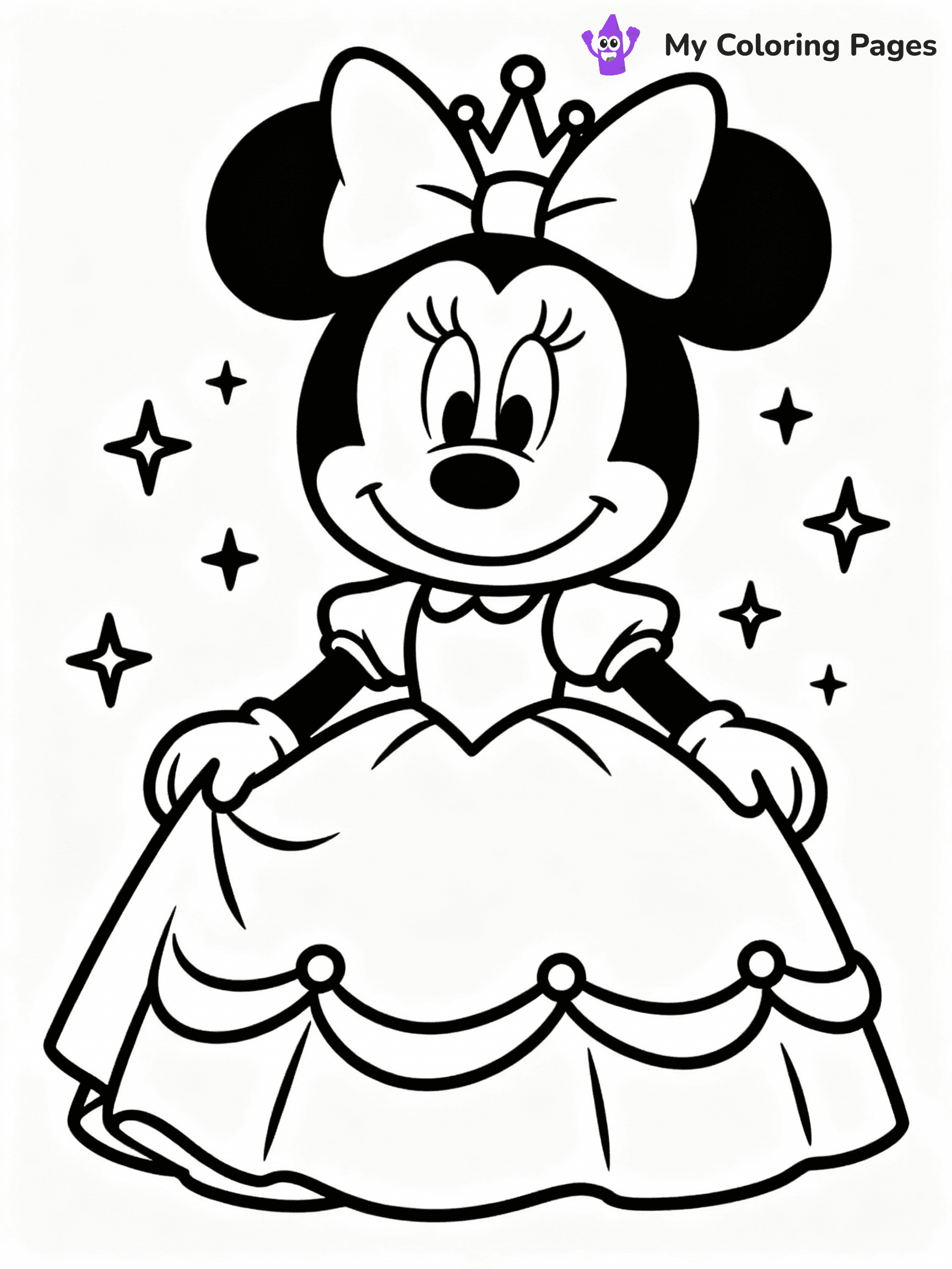 ⚠️ CRITICAL REQUIREMENT - ABSOLUTE BLACK AND WHITE ONLY ⚠️
This MUST be a BLACK AND WHITE line drawing ONLY. NO COLORS whatsoever.
- ONLY pure black lines (#000000) on pure white background (#FFFFFF)
- ABSOLUTELY NO colors, NO shading, NO gradients, NO grayscale
- If there are ANY colors in the output, the image is REJECTED
- This is a COLORING PAGE - meant to be COLORED IN by children
- The output must be UNCOLORED line art ready for coloring
⚠️ SUBJECT TO DRAW: Princess Minnie Mouse from Disney, in a flowing gown, tiara on head, surrounded by sparkles
(REMEMBER: Output must be BLACK AND WHITE line art only, NOT colored!)
# COLORING PAGE: BLACK OUTLINES ONLY - WHITE BACKGROUND MANDATORY
Create a **coloring book page** using EXACTLY two values: black lines, white space.
## NON-NEGOTIABLE BINARY RULES
- **ONLY #000000 (black) and #FFFFFF (white)** - NO other values exist
- **EVERY PIXEL = BLACK OR WHITE** - no gray/shading/antialiasing
- **WHITE BACKGROUND MANDATORY** - entire canvas stays white
- **ALL SHAPES HOLLOW** - everything is empty outlines waiting to be colored
- **FORBIDDEN:** fills, shading, gradients, patterns, textures, colors
- **NO SOLID REGIONS** - if it's not a thin line, it's wrong
## Universal Line Standards
- Black outlines ONLY - thin, uniform weight
- Every shape completely empty inside
- Closed contours suitable for coloring
- Simple flat illustration - zero depth/3D/realism
- **Style:** Whimsical Doodle Art Alley - rounded, friendly outlines (unless specified)
## Everything = Outline Only
- Characters/animals: hollow shapes
- Objects/clothing: empty contours
- Backgrounds/scenery: line work only
- Natural elements: outlined forms
- Dark/night areas: don't exist (use outlined symbols)
- Textures/patterns: convert to simple lines
## The Test
Can a child color EVERY white space with crayons? If any area is pre-filled/shaded/gray, it FAILS. Every shape must be waiting to receive color.
**FINAL OUTPUT**: Binary coloring page. Black lines define shapes. White spaces ready for coloring. Nothing else exists. No exceptions. Print-ready.
⚠️ FINAL REMINDER: Draw the subject "Princess Minnie Mouse from Disney, in a flowing gown, tiara on head, surrounded by sparkles" as BLACK AND WHITE line art. Zero colors in output.