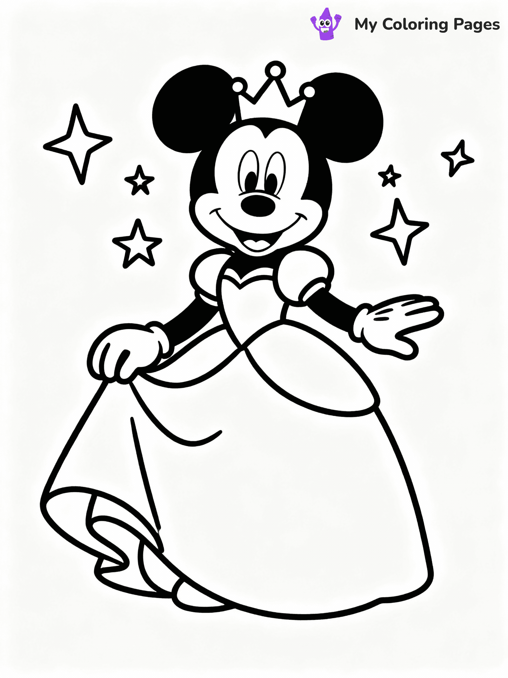 ⚠️ CRITICAL REQUIREMENT - ABSOLUTE BLACK AND WHITE ONLY ⚠️
This MUST be a BLACK AND WHITE line drawing ONLY. NO COLORS whatsoever.
- ONLY pure black lines (#000000) on pure white background (#FFFFFF)
- ABSOLUTELY NO colors, NO shading, NO gradients, NO grayscale
- If there are ANY colors in the output, the image is REJECTED
- This is a COLORING PAGE - meant to be COLORED IN by children
- The output must be UNCOLORED line art ready for coloring
⚠️ SUBJECT TO DRAW: Princess Minnie Mouse from Disney, in a flowing gown, tiara on head, surrounded by sparkles
(REMEMBER: Output must be BLACK AND WHITE line art only, NOT colored!)
# COLORING PAGE: BLACK OUTLINES ONLY - WHITE BACKGROUND MANDATORY
Create a **coloring book page** using EXACTLY two values: black lines, white space.
## NON-NEGOTIABLE BINARY RULES
- **ONLY #000000 (black) and #FFFFFF (white)** - NO other values exist
- **EVERY PIXEL = BLACK OR WHITE** - no gray/shading/antialiasing
- **WHITE BACKGROUND MANDATORY** - entire canvas stays white
- **ALL SHAPES HOLLOW** - everything is empty outlines waiting to be colored
- **FORBIDDEN:** fills, shading, gradients, patterns, textures, colors
- **NO SOLID REGIONS** - if it's not a thin line, it's wrong
## Universal Line Standards
- Black outlines ONLY - thin, uniform weight
- Every shape completely empty inside
- Closed contours suitable for coloring
- Simple flat illustration - zero depth/3D/realism
- **Style:** Whimsical Doodle Art Alley - rounded, friendly outlines (unless specified)
## Everything = Outline Only
- Characters/animals: hollow shapes
- Objects/clothing: empty contours
- Backgrounds/scenery: line work only
- Natural elements: outlined forms
- Dark/night areas: don't exist (use outlined symbols)
- Textures/patterns: convert to simple lines
## The Test
Can a child color EVERY white space with crayons? If any area is pre-filled/shaded/gray, it FAILS. Every shape must be waiting to receive color.
**FINAL OUTPUT**: Binary coloring page. Black lines define shapes. White spaces ready for coloring. Nothing else exists. No exceptions. Print-ready.
⚠️ FINAL REMINDER: Draw the subject "Princess Minnie Mouse from Disney, in a flowing gown, tiara on head, surrounded by sparkles" as BLACK AND WHITE line art. Zero colors in output.