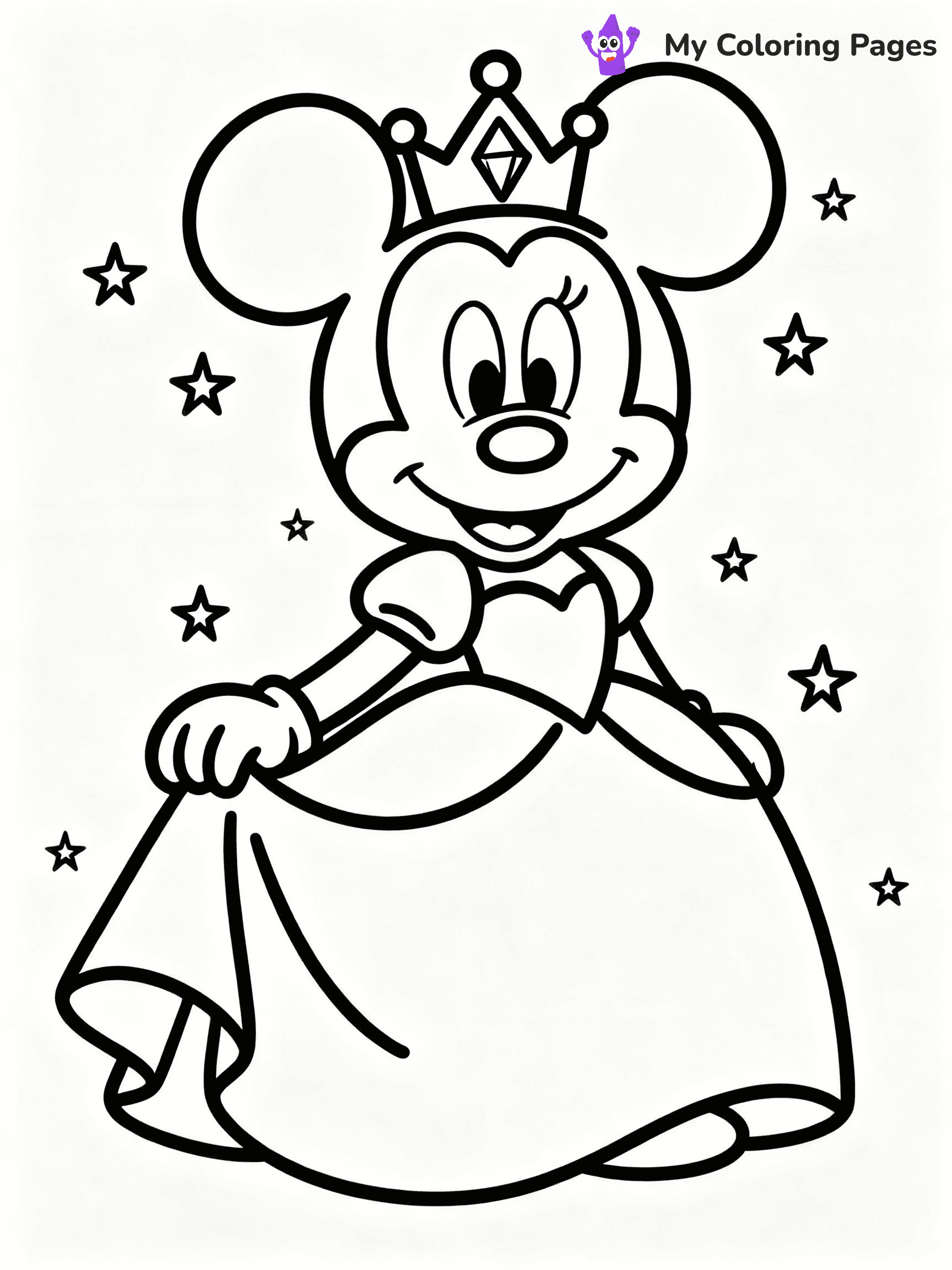 ⚠️ CRITICAL REQUIREMENT - ABSOLUTE BLACK AND WHITE ONLY ⚠️
This MUST be a BLACK AND WHITE line drawing ONLY. NO COLORS whatsoever.
- ONLY pure black lines (#000000) on pure white background (#FFFFFF)
- ABSOLUTELY NO colors, NO shading, NO gradients, NO grayscale
- If there are ANY colors in the output, the image is REJECTED
- This is a COLORING PAGE - meant to be COLORED IN by children
- The output must be UNCOLORED line art ready for coloring
⚠️ SUBJECT TO DRAW: Princess Minnie Mouse from Disney, in a flowing gown, tiara on head, surrounded by sparkles
(REMEMBER: Output must be BLACK AND WHITE line art only, NOT colored!)
# COLORING PAGE: BLACK OUTLINES ONLY - WHITE BACKGROUND MANDATORY
Create a **coloring book page** using EXACTLY two values: black lines, white space.
## NON-NEGOTIABLE BINARY RULES
- **ONLY #000000 (black) and #FFFFFF (white)** - NO other values exist
- **EVERY PIXEL = BLACK OR WHITE** - no gray/shading/antialiasing
- **WHITE BACKGROUND MANDATORY** - entire canvas stays white
- **ALL SHAPES HOLLOW** - everything is empty outlines waiting to be colored
- **FORBIDDEN:** fills, shading, gradients, patterns, textures, colors
- **NO SOLID REGIONS** - if it's not a thin line, it's wrong
## Universal Line Standards
- Black outlines ONLY - thin, uniform weight
- Every shape completely empty inside
- Closed contours suitable for coloring
- Simple flat illustration - zero depth/3D/realism
- **Style:** Whimsical Doodle Art Alley - rounded, friendly outlines (unless specified)
## Everything = Outline Only
- Characters/animals: hollow shapes
- Objects/clothing: empty contours
- Backgrounds/scenery: line work only
- Natural elements: outlined forms
- Dark/night areas: don't exist (use outlined symbols)
- Textures/patterns: convert to simple lines
## The Test
Can a child color EVERY white space with crayons? If any area is pre-filled/shaded/gray, it FAILS. Every shape must be waiting to receive color.
**FINAL OUTPUT**: Binary coloring page. Black lines define shapes. White spaces ready for coloring. Nothing else exists. No exceptions. Print-ready.
⚠️ FINAL REMINDER: Draw the subject "Princess Minnie Mouse from Disney, in a flowing gown, tiara on head, surrounded by sparkles" as BLACK AND WHITE line art. Zero colors in output.