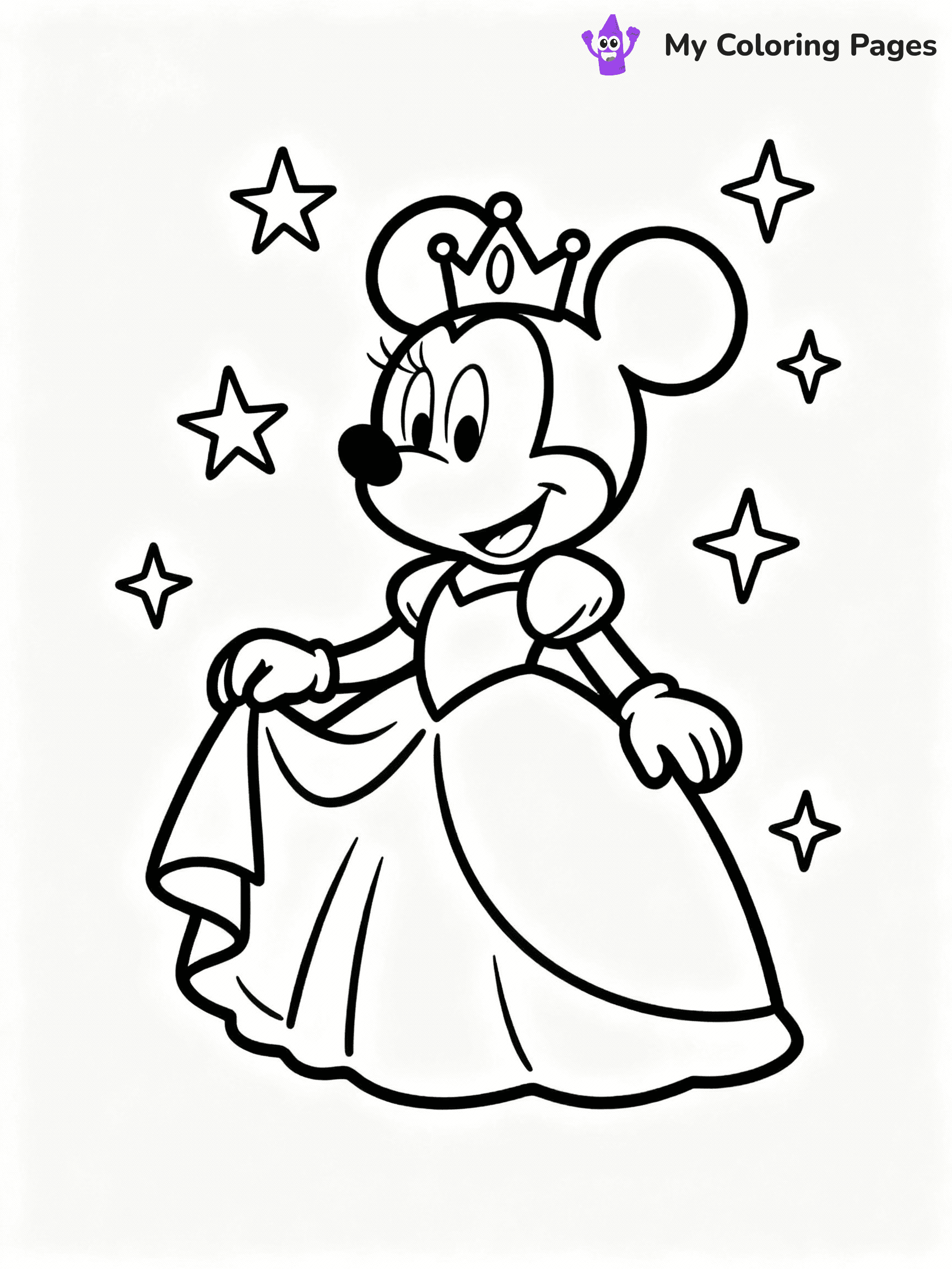 ⚠️ CRITICAL REQUIREMENT - ABSOLUTE BLACK AND WHITE ONLY ⚠️
This MUST be a BLACK AND WHITE line drawing ONLY. NO COLORS whatsoever.
- ONLY pure black lines (#000000) on pure white background (#FFFFFF)
- ABSOLUTELY NO colors, NO shading, NO gradients, NO grayscale
- If there are ANY colors in the output, the image is REJECTED
- This is a COLORING PAGE - meant to be COLORED IN by children
- The output must be UNCOLORED line art ready for coloring
⚠️ SUBJECT TO DRAW: Princess Minnie Mouse from Disney, in a flowing gown, tiara on head, surrounded by sparkles
(REMEMBER: Output must be BLACK AND WHITE line art only, NOT colored!)
# COLORING PAGE: BLACK OUTLINES ONLY - WHITE BACKGROUND MANDATORY
Create a **coloring book page** using EXACTLY two values: black lines, white space.
## NON-NEGOTIABLE BINARY RULES
- **ONLY #000000 (black) and #FFFFFF (white)** - NO other values exist
- **EVERY PIXEL = BLACK OR WHITE** - no gray/shading/antialiasing
- **WHITE BACKGROUND MANDATORY** - entire canvas stays white
- **ALL SHAPES HOLLOW** - everything is empty outlines waiting to be colored
- **FORBIDDEN:** fills, shading, gradients, patterns, textures, colors
- **NO SOLID REGIONS** - if it's not a thin line, it's wrong
## Universal Line Standards
- Black outlines ONLY - thin, uniform weight
- Every shape completely empty inside
- Closed contours suitable for coloring
- Simple flat illustration - zero depth/3D/realism
- **Style:** Whimsical Doodle Art Alley - rounded, friendly outlines (unless specified)
## Everything = Outline Only
- Characters/animals: hollow shapes
- Objects/clothing: empty contours
- Backgrounds/scenery: line work only
- Natural elements: outlined forms
- Dark/night areas: don't exist (use outlined symbols)
- Textures/patterns: convert to simple lines
## The Test
Can a child color EVERY white space with crayons? If any area is pre-filled/shaded/gray, it FAILS. Every shape must be waiting to receive color.
**FINAL OUTPUT**: Binary coloring page. Black lines define shapes. White spaces ready for coloring. Nothing else exists. No exceptions. Print-ready.
⚠️ FINAL REMINDER: Draw the subject "Princess Minnie Mouse from Disney, in a flowing gown, tiara on head, surrounded by sparkles" as BLACK AND WHITE line art. Zero colors in output.