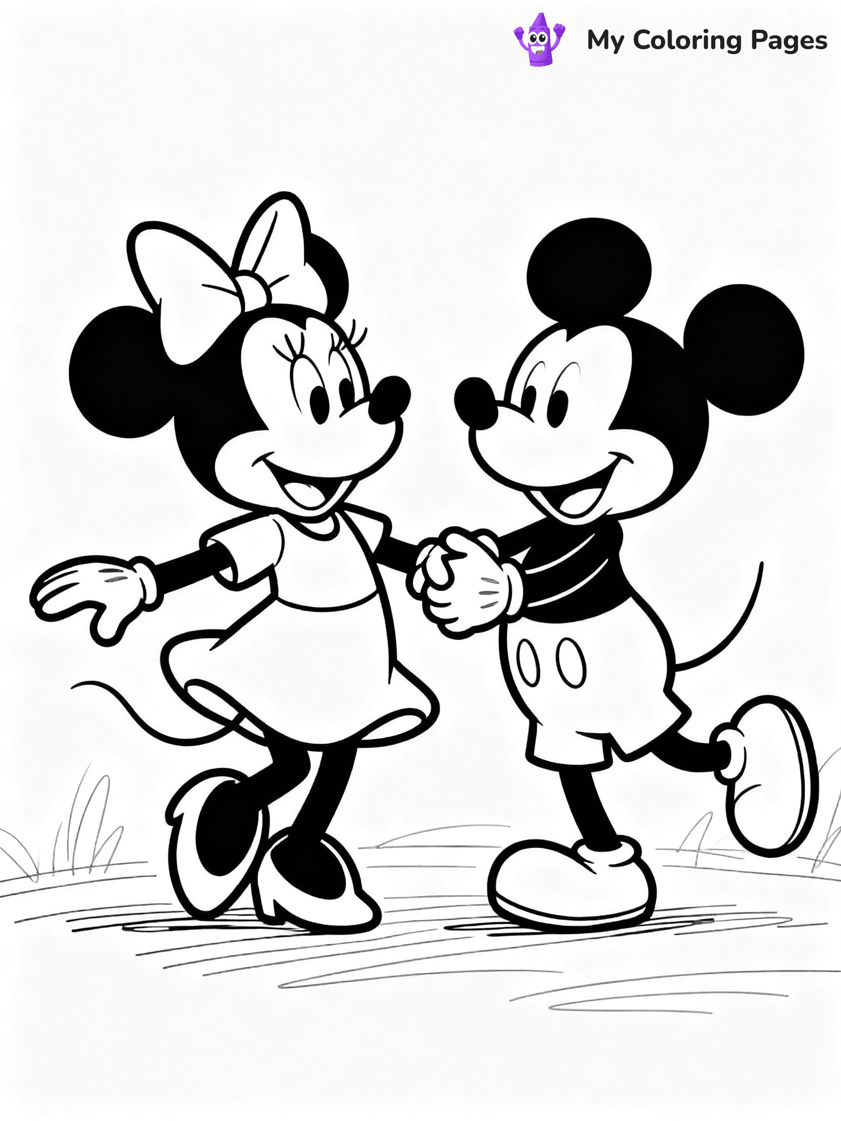 ⚠️ CRITICAL REQUIREMENT - ABSOLUTE BLACK AND WHITE ONLY ⚠️
This MUST be a BLACK AND WHITE line drawing ONLY. NO COLORS whatsoever.
- ONLY pure black lines (#000000) on pure white background (#FFFFFF)
- ABSOLUTELY NO colors, NO shading, NO gradients, NO grayscale
- If there are ANY colors in the output, the image is REJECTED
- This is a COLORING PAGE - meant to be COLORED IN by children
- The output must be UNCOLORED line art ready for coloring
⚠️ SUBJECT TO DRAW: Minnie Mouse with Mickey from Disney, both dancing together, holding hands, cheerful expressions
(REMEMBER: Output must be BLACK AND WHITE line art only, NOT colored!)
# COLORING PAGE: BLACK OUTLINES ONLY - WHITE BACKGROUND MANDATORY
Create a **coloring book page** using EXACTLY two values: black lines, white space.
## NON-NEGOTIABLE BINARY RULES
- **ONLY #000000 (black) and #FFFFFF (white)** - NO other values exist
- **EVERY PIXEL = BLACK OR WHITE** - no gray/shading/antialiasing
- **WHITE BACKGROUND MANDATORY** - entire canvas stays white
- **ALL SHAPES HOLLOW** - everything is empty outlines waiting to be colored
- **FORBIDDEN:** fills, shading, gradients, patterns, textures, colors
- **NO SOLID REGIONS** - if it's not a thin line, it's wrong
## Universal Line Standards
- Black outlines ONLY - thin, uniform weight
- Every shape completely empty inside
- Closed contours suitable for coloring
- Simple flat illustration - zero depth/3D/realism
- **Style:** Whimsical Doodle Art Alley - rounded, friendly outlines (unless specified)
## Everything = Outline Only
- Characters/animals: hollow shapes
- Objects/clothing: empty contours
- Backgrounds/scenery: line work only
- Natural elements: outlined forms
- Dark/night areas: don't exist (use outlined symbols)
- Textures/patterns: convert to simple lines
## The Test
Can a child color EVERY white space with crayons? If any area is pre-filled/shaded/gray, it FAILS. Every shape must be waiting to receive color.
**FINAL OUTPUT**: Binary coloring page. Black lines define shapes. White spaces ready for coloring. Nothing else exists. No exceptions. Print-ready.
⚠️ FINAL REMINDER: Draw the subject "Minnie Mouse with Mickey from Disney, both dancing together, holding hands, cheerful expressions" as BLACK AND WHITE line art. Zero colors in output.