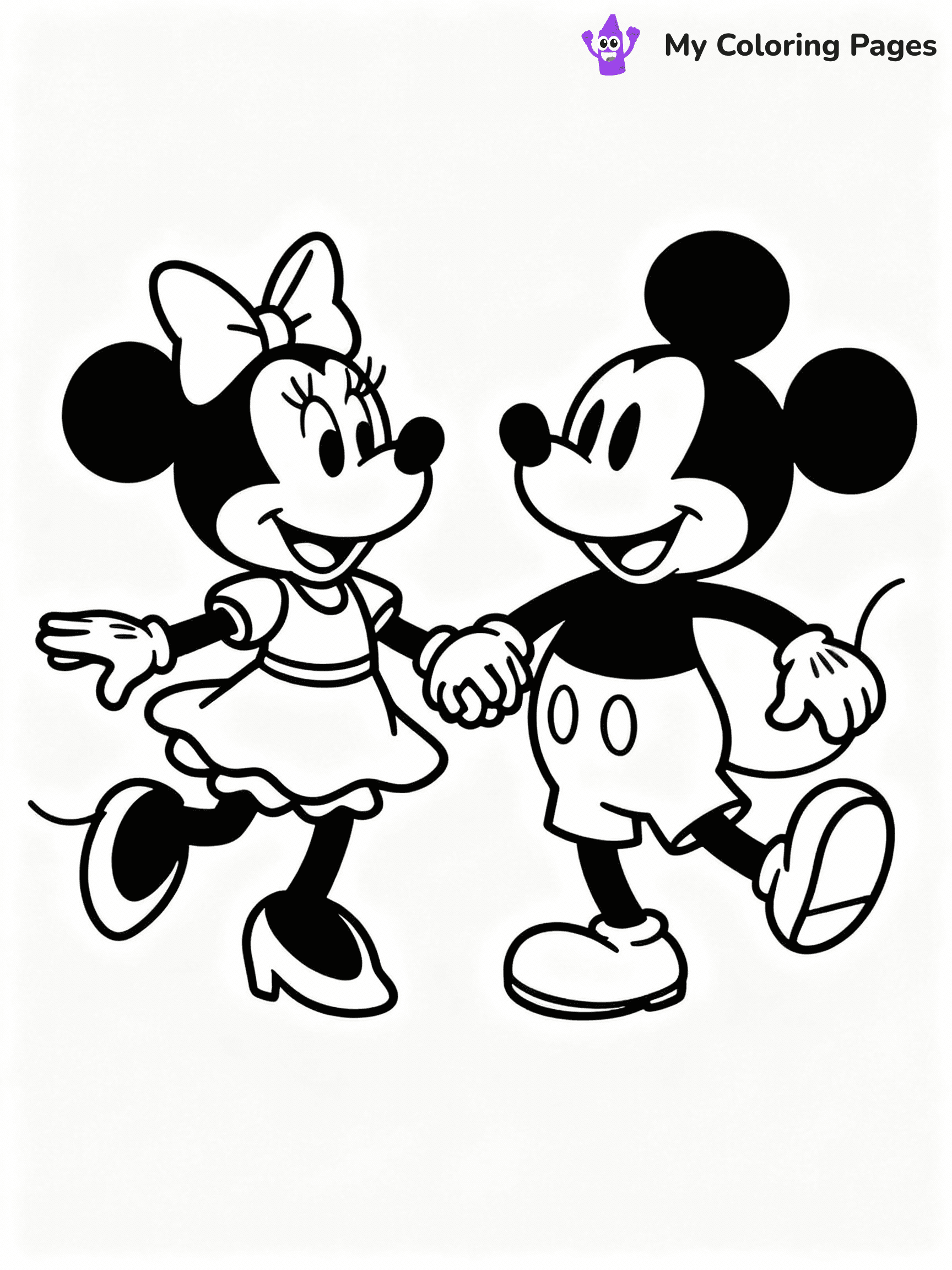 ⚠️ CRITICAL REQUIREMENT - ABSOLUTE BLACK AND WHITE ONLY ⚠️
This MUST be a BLACK AND WHITE line drawing ONLY. NO COLORS whatsoever.
- ONLY pure black lines (#000000) on pure white background (#FFFFFF)
- ABSOLUTELY NO colors, NO shading, NO gradients, NO grayscale
- If there are ANY colors in the output, the image is REJECTED
- This is a COLORING PAGE - meant to be COLORED IN by children
- The output must be UNCOLORED line art ready for coloring
⚠️ SUBJECT TO DRAW: Minnie Mouse with Mickey from Disney, both dancing together, holding hands, cheerful expressions
(REMEMBER: Output must be BLACK AND WHITE line art only, NOT colored!)
# COLORING PAGE: BLACK OUTLINES ONLY - WHITE BACKGROUND MANDATORY
Create a **coloring book page** using EXACTLY two values: black lines, white space.
## NON-NEGOTIABLE BINARY RULES
- **ONLY #000000 (black) and #FFFFFF (white)** - NO other values exist
- **EVERY PIXEL = BLACK OR WHITE** - no gray/shading/antialiasing
- **WHITE BACKGROUND MANDATORY** - entire canvas stays white
- **ALL SHAPES HOLLOW** - everything is empty outlines waiting to be colored
- **FORBIDDEN:** fills, shading, gradients, patterns, textures, colors
- **NO SOLID REGIONS** - if it's not a thin line, it's wrong
## Universal Line Standards
- Black outlines ONLY - thin, uniform weight
- Every shape completely empty inside
- Closed contours suitable for coloring
- Simple flat illustration - zero depth/3D/realism
- **Style:** Whimsical Doodle Art Alley - rounded, friendly outlines (unless specified)
## Everything = Outline Only
- Characters/animals: hollow shapes
- Objects/clothing: empty contours
- Backgrounds/scenery: line work only
- Natural elements: outlined forms
- Dark/night areas: don't exist (use outlined symbols)
- Textures/patterns: convert to simple lines
## The Test
Can a child color EVERY white space with crayons? If any area is pre-filled/shaded/gray, it FAILS. Every shape must be waiting to receive color.
**FINAL OUTPUT**: Binary coloring page. Black lines define shapes. White spaces ready for coloring. Nothing else exists. No exceptions. Print-ready.
⚠️ FINAL REMINDER: Draw the subject "Minnie Mouse with Mickey from Disney, both dancing together, holding hands, cheerful expressions" as BLACK AND WHITE line art. Zero colors in output.