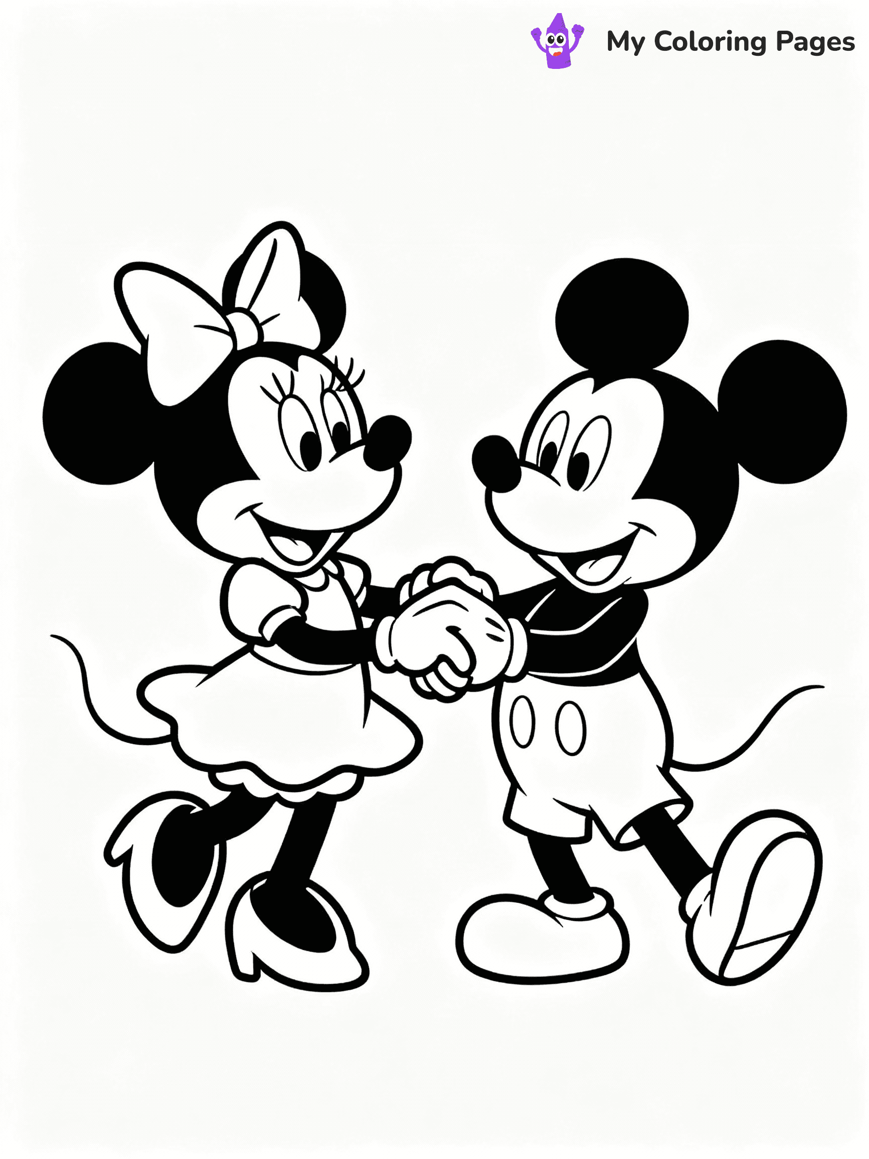 ⚠️ CRITICAL REQUIREMENT - ABSOLUTE BLACK AND WHITE ONLY ⚠️
This MUST be a BLACK AND WHITE line drawing ONLY. NO COLORS whatsoever.
- ONLY pure black lines (#000000) on pure white background (#FFFFFF)
- ABSOLUTELY NO colors, NO shading, NO gradients, NO grayscale
- If there are ANY colors in the output, the image is REJECTED
- This is a COLORING PAGE - meant to be COLORED IN by children
- The output must be UNCOLORED line art ready for coloring
⚠️ SUBJECT TO DRAW: Minnie Mouse with Mickey from Disney, both dancing together, holding hands, cheerful expressions
(REMEMBER: Output must be BLACK AND WHITE line art only, NOT colored!)
# COLORING PAGE: BLACK OUTLINES ONLY - WHITE BACKGROUND MANDATORY
Create a **coloring book page** using EXACTLY two values: black lines, white space.
## NON-NEGOTIABLE BINARY RULES
- **ONLY #000000 (black) and #FFFFFF (white)** - NO other values exist
- **EVERY PIXEL = BLACK OR WHITE** - no gray/shading/antialiasing
- **WHITE BACKGROUND MANDATORY** - entire canvas stays white
- **ALL SHAPES HOLLOW** - everything is empty outlines waiting to be colored
- **FORBIDDEN:** fills, shading, gradients, patterns, textures, colors
- **NO SOLID REGIONS** - if it's not a thin line, it's wrong
## Universal Line Standards
- Black outlines ONLY - thin, uniform weight
- Every shape completely empty inside
- Closed contours suitable for coloring
- Simple flat illustration - zero depth/3D/realism
- **Style:** Whimsical Doodle Art Alley - rounded, friendly outlines (unless specified)
## Everything = Outline Only
- Characters/animals: hollow shapes
- Objects/clothing: empty contours
- Backgrounds/scenery: line work only
- Natural elements: outlined forms
- Dark/night areas: don't exist (use outlined symbols)
- Textures/patterns: convert to simple lines
## The Test
Can a child color EVERY white space with crayons? If any area is pre-filled/shaded/gray, it FAILS. Every shape must be waiting to receive color.
**FINAL OUTPUT**: Binary coloring page. Black lines define shapes. White spaces ready for coloring. Nothing else exists. No exceptions. Print-ready.
⚠️ FINAL REMINDER: Draw the subject "Minnie Mouse with Mickey from Disney, both dancing together, holding hands, cheerful expressions" as BLACK AND WHITE line art. Zero colors in output.