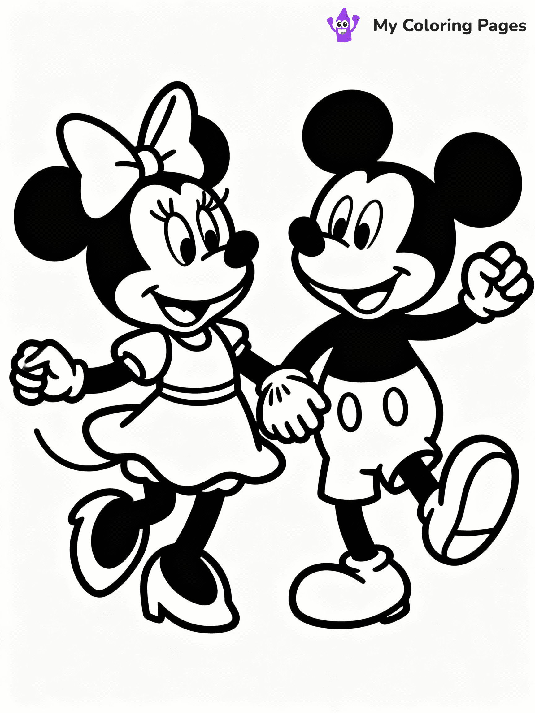 ⚠️ CRITICAL REQUIREMENT - ABSOLUTE BLACK AND WHITE ONLY ⚠️
This MUST be a BLACK AND WHITE line drawing ONLY. NO COLORS whatsoever.
- ONLY pure black lines (#000000) on pure white background (#FFFFFF)
- ABSOLUTELY NO colors, NO shading, NO gradients, NO grayscale
- If there are ANY colors in the output, the image is REJECTED
- This is a COLORING PAGE - meant to be COLORED IN by children
- The output must be UNCOLORED line art ready for coloring
⚠️ SUBJECT TO DRAW: Minnie Mouse with Mickey from Disney, both dancing together, holding hands, cheerful expressions
(REMEMBER: Output must be BLACK AND WHITE line art only, NOT colored!)
# COLORING PAGE: BLACK OUTLINES ONLY - WHITE BACKGROUND MANDATORY
Create a **coloring book page** using EXACTLY two values: black lines, white space.
## NON-NEGOTIABLE BINARY RULES
- **ONLY #000000 (black) and #FFFFFF (white)** - NO other values exist
- **EVERY PIXEL = BLACK OR WHITE** - no gray/shading/antialiasing
- **WHITE BACKGROUND MANDATORY** - entire canvas stays white
- **ALL SHAPES HOLLOW** - everything is empty outlines waiting to be colored
- **FORBIDDEN:** fills, shading, gradients, patterns, textures, colors
- **NO SOLID REGIONS** - if it's not a thin line, it's wrong
## Universal Line Standards
- Black outlines ONLY - thin, uniform weight
- Every shape completely empty inside
- Closed contours suitable for coloring
- Simple flat illustration - zero depth/3D/realism
- **Style:** Whimsical Doodle Art Alley - rounded, friendly outlines (unless specified)
## Everything = Outline Only
- Characters/animals: hollow shapes
- Objects/clothing: empty contours
- Backgrounds/scenery: line work only
- Natural elements: outlined forms
- Dark/night areas: don't exist (use outlined symbols)
- Textures/patterns: convert to simple lines
## The Test
Can a child color EVERY white space with crayons? If any area is pre-filled/shaded/gray, it FAILS. Every shape must be waiting to receive color.
**FINAL OUTPUT**: Binary coloring page. Black lines define shapes. White spaces ready for coloring. Nothing else exists. No exceptions. Print-ready.
⚠️ FINAL REMINDER: Draw the subject "Minnie Mouse with Mickey from Disney, both dancing together, holding hands, cheerful expressions" as BLACK AND WHITE line art. Zero colors in output.