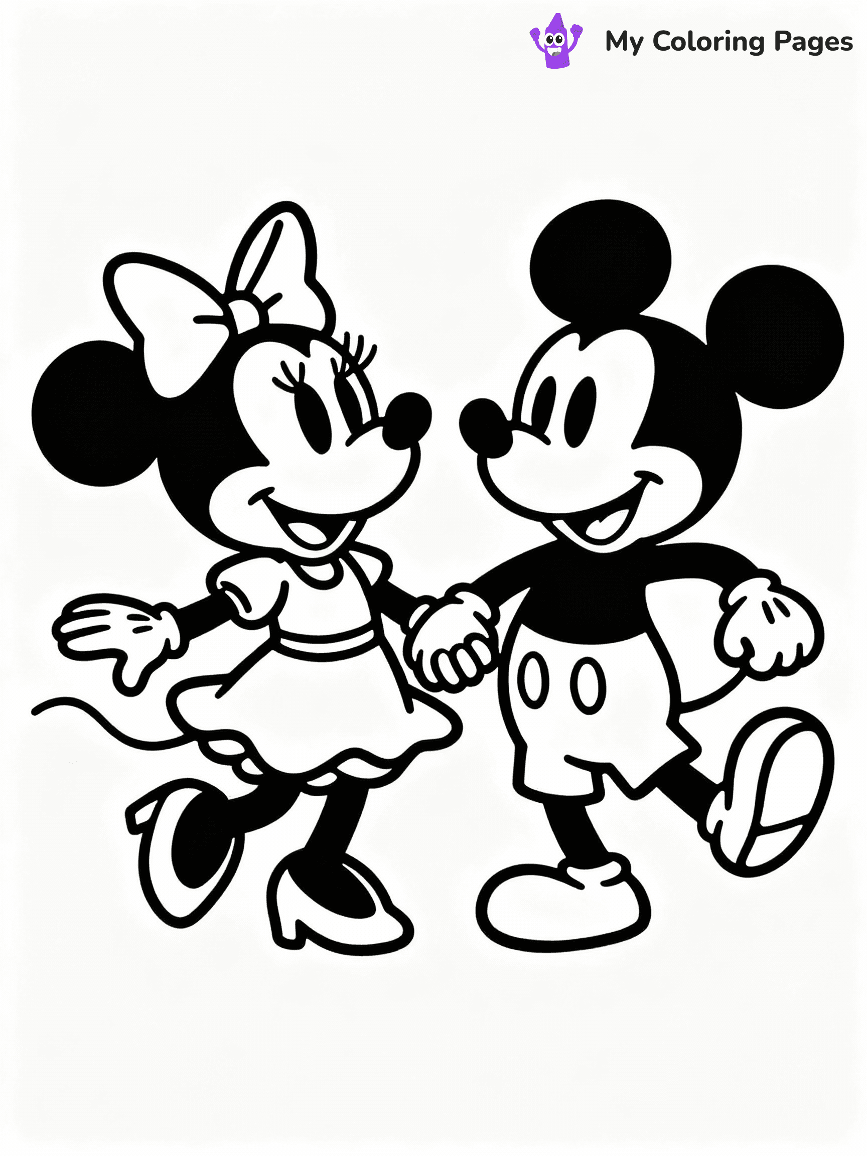 ⚠️ CRITICAL REQUIREMENT - ABSOLUTE BLACK AND WHITE ONLY ⚠️
This MUST be a BLACK AND WHITE line drawing ONLY. NO COLORS whatsoever.
- ONLY pure black lines (#000000) on pure white background (#FFFFFF)
- ABSOLUTELY NO colors, NO shading, NO gradients, NO grayscale
- If there are ANY colors in the output, the image is REJECTED
- This is a COLORING PAGE - meant to be COLORED IN by children
- The output must be UNCOLORED line art ready for coloring
⚠️ SUBJECT TO DRAW: Minnie Mouse with Mickey from Disney, both dancing together, holding hands, cheerful expressions
(REMEMBER: Output must be BLACK AND WHITE line art only, NOT colored!)
# COLORING PAGE: BLACK OUTLINES ONLY - WHITE BACKGROUND MANDATORY
Create a **coloring book page** using EXACTLY two values: black lines, white space.
## NON-NEGOTIABLE BINARY RULES
- **ONLY #000000 (black) and #FFFFFF (white)** - NO other values exist
- **EVERY PIXEL = BLACK OR WHITE** - no gray/shading/antialiasing
- **WHITE BACKGROUND MANDATORY** - entire canvas stays white
- **ALL SHAPES HOLLOW** - everything is empty outlines waiting to be colored
- **FORBIDDEN:** fills, shading, gradients, patterns, textures, colors
- **NO SOLID REGIONS** - if it's not a thin line, it's wrong
## Universal Line Standards
- Black outlines ONLY - thin, uniform weight
- Every shape completely empty inside
- Closed contours suitable for coloring
- Simple flat illustration - zero depth/3D/realism
- **Style:** Whimsical Doodle Art Alley - rounded, friendly outlines (unless specified)
## Everything = Outline Only
- Characters/animals: hollow shapes
- Objects/clothing: empty contours
- Backgrounds/scenery: line work only
- Natural elements: outlined forms
- Dark/night areas: don't exist (use outlined symbols)
- Textures/patterns: convert to simple lines
## The Test
Can a child color EVERY white space with crayons? If any area is pre-filled/shaded/gray, it FAILS. Every shape must be waiting to receive color.
**FINAL OUTPUT**: Binary coloring page. Black lines define shapes. White spaces ready for coloring. Nothing else exists. No exceptions. Print-ready.
⚠️ FINAL REMINDER: Draw the subject "Minnie Mouse with Mickey from Disney, both dancing together, holding hands, cheerful expressions" as BLACK AND WHITE line art. Zero colors in output.