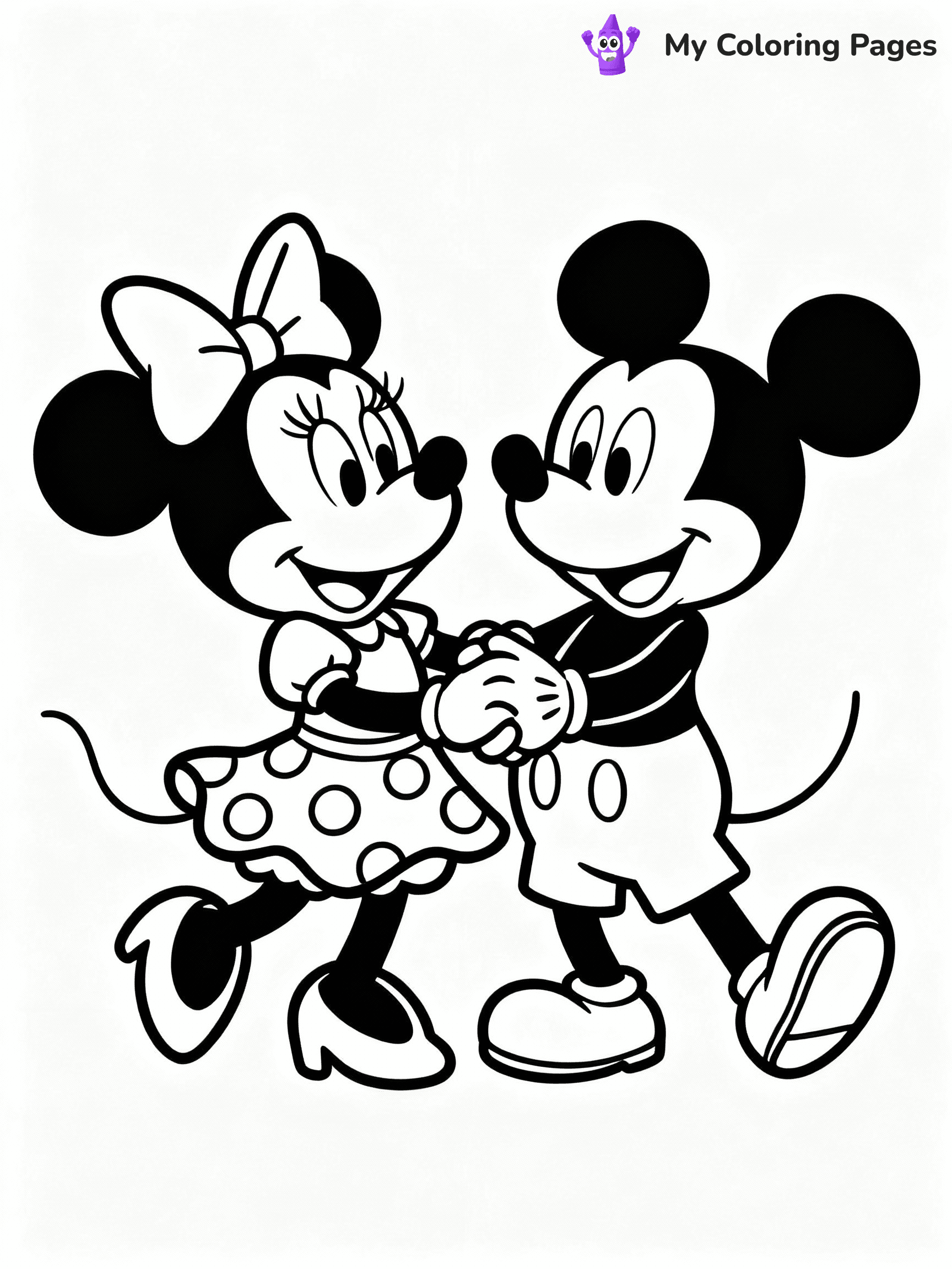 ⚠️ CRITICAL REQUIREMENT - ABSOLUTE BLACK AND WHITE ONLY ⚠️
This MUST be a BLACK AND WHITE line drawing ONLY. NO COLORS whatsoever.
- ONLY pure black lines (#000000) on pure white background (#FFFFFF)
- ABSOLUTELY NO colors, NO shading, NO gradients, NO grayscale
- If there are ANY colors in the output, the image is REJECTED
- This is a COLORING PAGE - meant to be COLORED IN by children
- The output must be UNCOLORED line art ready for coloring
⚠️ SUBJECT TO DRAW: Minnie Mouse with Mickey from Disney, both dancing together, holding hands, cheerful expressions
(REMEMBER: Output must be BLACK AND WHITE line art only, NOT colored!)
# COLORING PAGE: BLACK OUTLINES ONLY - WHITE BACKGROUND MANDATORY
Create a **coloring book page** using EXACTLY two values: black lines, white space.
## NON-NEGOTIABLE BINARY RULES
- **ONLY #000000 (black) and #FFFFFF (white)** - NO other values exist
- **EVERY PIXEL = BLACK OR WHITE** - no gray/shading/antialiasing
- **WHITE BACKGROUND MANDATORY** - entire canvas stays white
- **ALL SHAPES HOLLOW** - everything is empty outlines waiting to be colored
- **FORBIDDEN:** fills, shading, gradients, patterns, textures, colors
- **NO SOLID REGIONS** - if it's not a thin line, it's wrong
## Universal Line Standards
- Black outlines ONLY - thin, uniform weight
- Every shape completely empty inside
- Closed contours suitable for coloring
- Simple flat illustration - zero depth/3D/realism
- **Style:** Whimsical Doodle Art Alley - rounded, friendly outlines (unless specified)
## Everything = Outline Only
- Characters/animals: hollow shapes
- Objects/clothing: empty contours
- Backgrounds/scenery: line work only
- Natural elements: outlined forms
- Dark/night areas: don't exist (use outlined symbols)
- Textures/patterns: convert to simple lines
## The Test
Can a child color EVERY white space with crayons? If any area is pre-filled/shaded/gray, it FAILS. Every shape must be waiting to receive color.
**FINAL OUTPUT**: Binary coloring page. Black lines define shapes. White spaces ready for coloring. Nothing else exists. No exceptions. Print-ready.
⚠️ FINAL REMINDER: Draw the subject "Minnie Mouse with Mickey from Disney, both dancing together, holding hands, cheerful expressions" as BLACK AND WHITE line art. Zero colors in output.