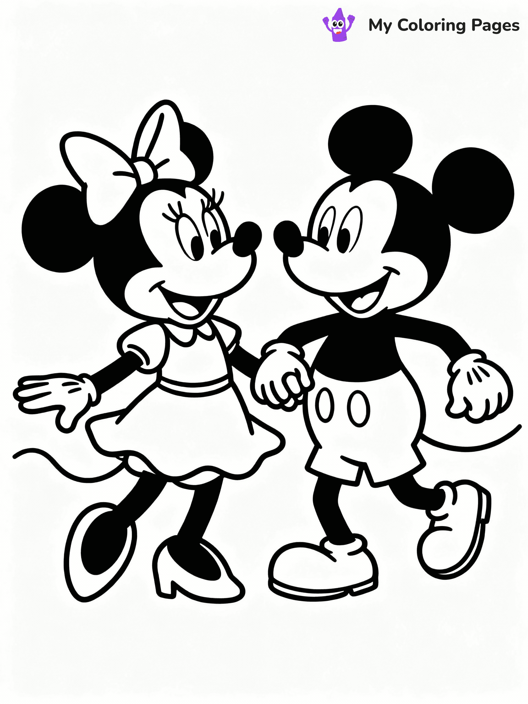 ⚠️ CRITICAL REQUIREMENT - ABSOLUTE BLACK AND WHITE ONLY ⚠️
This MUST be a BLACK AND WHITE line drawing ONLY. NO COLORS whatsoever.
- ONLY pure black lines (#000000) on pure white background (#FFFFFF)
- ABSOLUTELY NO colors, NO shading, NO gradients, NO grayscale
- If there are ANY colors in the output, the image is REJECTED
- This is a COLORING PAGE - meant to be COLORED IN by children
- The output must be UNCOLORED line art ready for coloring
⚠️ SUBJECT TO DRAW: Minnie Mouse with Mickey from Disney, both dancing together, holding hands, cheerful expressions
(REMEMBER: Output must be BLACK AND WHITE line art only, NOT colored!)
# COLORING PAGE: BLACK OUTLINES ONLY - WHITE BACKGROUND MANDATORY
Create a **coloring book page** using EXACTLY two values: black lines, white space.
## NON-NEGOTIABLE BINARY RULES
- **ONLY #000000 (black) and #FFFFFF (white)** - NO other values exist
- **EVERY PIXEL = BLACK OR WHITE** - no gray/shading/antialiasing
- **WHITE BACKGROUND MANDATORY** - entire canvas stays white
- **ALL SHAPES HOLLOW** - everything is empty outlines waiting to be colored
- **FORBIDDEN:** fills, shading, gradients, patterns, textures, colors
- **NO SOLID REGIONS** - if it's not a thin line, it's wrong
## Universal Line Standards
- Black outlines ONLY - thin, uniform weight
- Every shape completely empty inside
- Closed contours suitable for coloring
- Simple flat illustration - zero depth/3D/realism
- **Style:** Whimsical Doodle Art Alley - rounded, friendly outlines (unless specified)
## Everything = Outline Only
- Characters/animals: hollow shapes
- Objects/clothing: empty contours
- Backgrounds/scenery: line work only
- Natural elements: outlined forms
- Dark/night areas: don't exist (use outlined symbols)
- Textures/patterns: convert to simple lines
## The Test
Can a child color EVERY white space with crayons? If any area is pre-filled/shaded/gray, it FAILS. Every shape must be waiting to receive color.
**FINAL OUTPUT**: Binary coloring page. Black lines define shapes. White spaces ready for coloring. Nothing else exists. No exceptions. Print-ready.
⚠️ FINAL REMINDER: Draw the subject "Minnie Mouse with Mickey from Disney, both dancing together, holding hands, cheerful expressions" as BLACK AND WHITE line art. Zero colors in output.