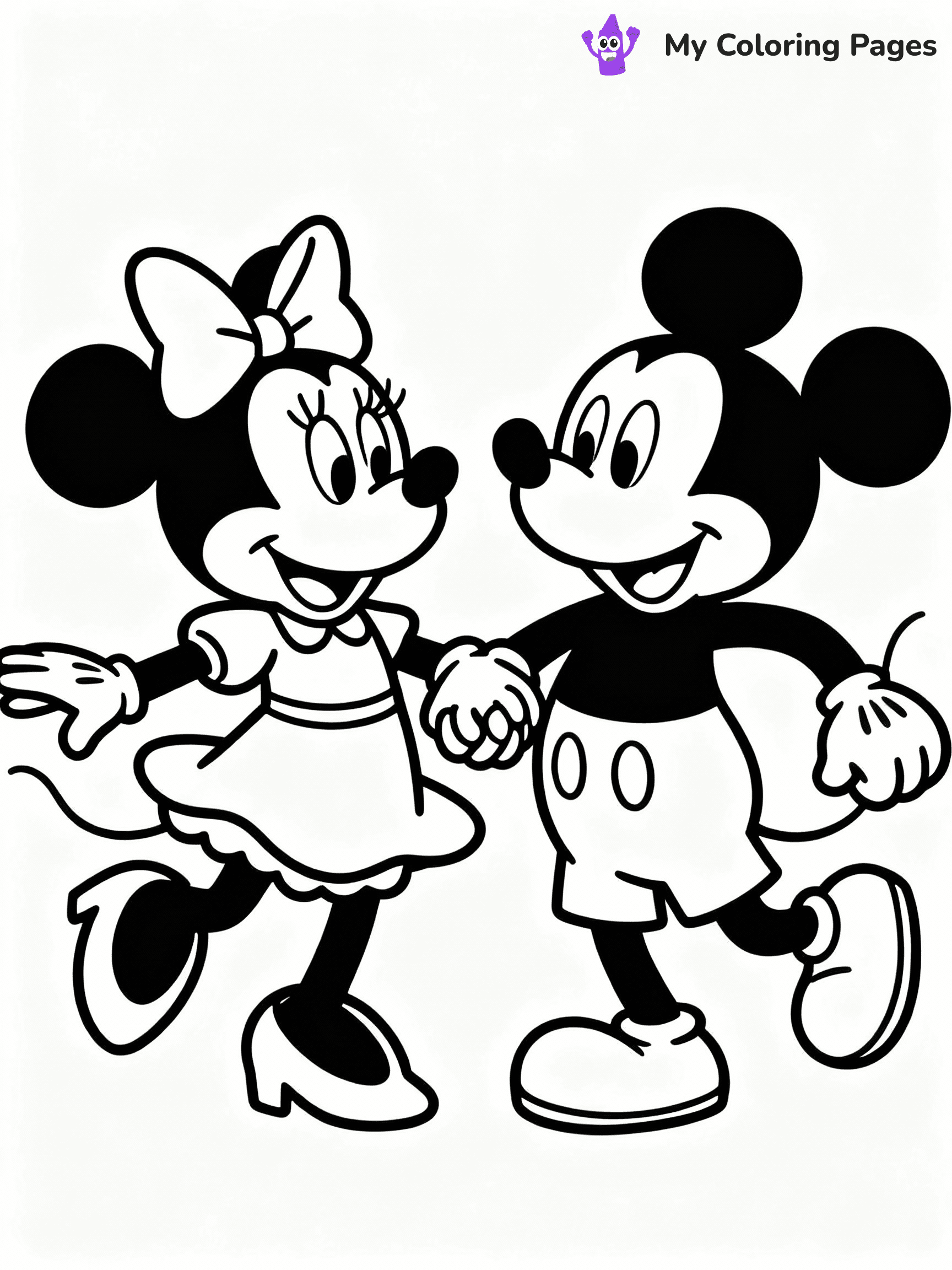 ⚠️ CRITICAL REQUIREMENT - ABSOLUTE BLACK AND WHITE ONLY ⚠️
This MUST be a BLACK AND WHITE line drawing ONLY. NO COLORS whatsoever.
- ONLY pure black lines (#000000) on pure white background (#FFFFFF)
- ABSOLUTELY NO colors, NO shading, NO gradients, NO grayscale
- If there are ANY colors in the output, the image is REJECTED
- This is a COLORING PAGE - meant to be COLORED IN by children
- The output must be UNCOLORED line art ready for coloring
⚠️ SUBJECT TO DRAW: Minnie Mouse with Mickey from Disney, both dancing together, holding hands, cheerful expressions
(REMEMBER: Output must be BLACK AND WHITE line art only, NOT colored!)
# COLORING PAGE: BLACK OUTLINES ONLY - WHITE BACKGROUND MANDATORY
Create a **coloring book page** using EXACTLY two values: black lines, white space.
## NON-NEGOTIABLE BINARY RULES
- **ONLY #000000 (black) and #FFFFFF (white)** - NO other values exist
- **EVERY PIXEL = BLACK OR WHITE** - no gray/shading/antialiasing
- **WHITE BACKGROUND MANDATORY** - entire canvas stays white
- **ALL SHAPES HOLLOW** - everything is empty outlines waiting to be colored
- **FORBIDDEN:** fills, shading, gradients, patterns, textures, colors
- **NO SOLID REGIONS** - if it's not a thin line, it's wrong
## Universal Line Standards
- Black outlines ONLY - thin, uniform weight
- Every shape completely empty inside
- Closed contours suitable for coloring
- Simple flat illustration - zero depth/3D/realism
- **Style:** Whimsical Doodle Art Alley - rounded, friendly outlines (unless specified)
## Everything = Outline Only
- Characters/animals: hollow shapes
- Objects/clothing: empty contours
- Backgrounds/scenery: line work only
- Natural elements: outlined forms
- Dark/night areas: don't exist (use outlined symbols)
- Textures/patterns: convert to simple lines
## The Test
Can a child color EVERY white space with crayons? If any area is pre-filled/shaded/gray, it FAILS. Every shape must be waiting to receive color.
**FINAL OUTPUT**: Binary coloring page. Black lines define shapes. White spaces ready for coloring. Nothing else exists. No exceptions. Print-ready.
⚠️ FINAL REMINDER: Draw the subject "Minnie Mouse with Mickey from Disney, both dancing together, holding hands, cheerful expressions" as BLACK AND WHITE line art. Zero colors in output.