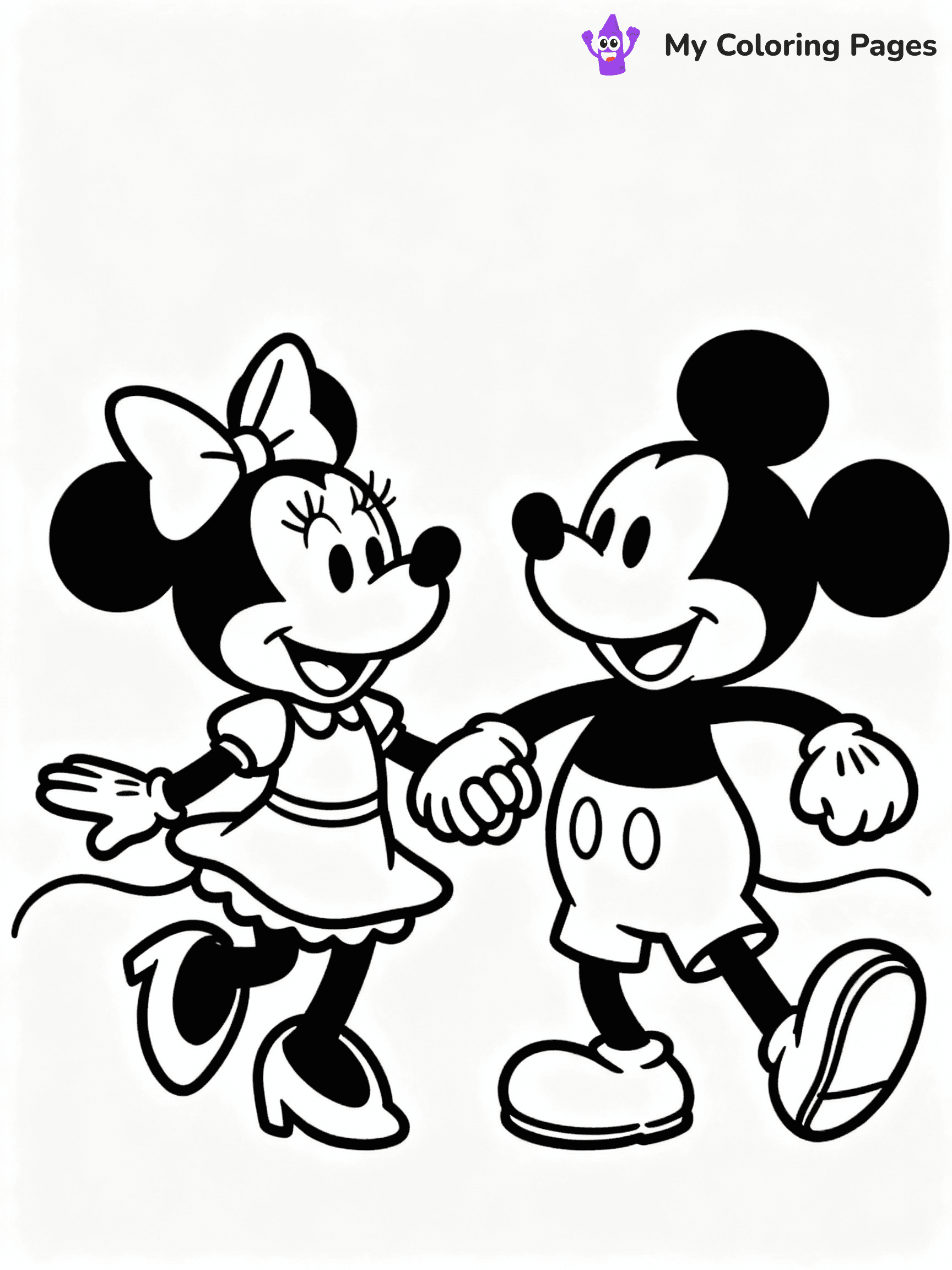 ⚠️ CRITICAL REQUIREMENT - ABSOLUTE BLACK AND WHITE ONLY ⚠️
This MUST be a BLACK AND WHITE line drawing ONLY. NO COLORS whatsoever.
- ONLY pure black lines (#000000) on pure white background (#FFFFFF)
- ABSOLUTELY NO colors, NO shading, NO gradients, NO grayscale
- If there are ANY colors in the output, the image is REJECTED
- This is a COLORING PAGE - meant to be COLORED IN by children
- The output must be UNCOLORED line art ready for coloring
⚠️ SUBJECT TO DRAW: Minnie Mouse with Mickey from Disney, both dancing together, holding hands, cheerful expressions
(REMEMBER: Output must be BLACK AND WHITE line art only, NOT colored!)
# COLORING PAGE: BLACK OUTLINES ONLY - WHITE BACKGROUND MANDATORY
Create a **coloring book page** using EXACTLY two values: black lines, white space.
## NON-NEGOTIABLE BINARY RULES
- **ONLY #000000 (black) and #FFFFFF (white)** - NO other values exist
- **EVERY PIXEL = BLACK OR WHITE** - no gray/shading/antialiasing
- **WHITE BACKGROUND MANDATORY** - entire canvas stays white
- **ALL SHAPES HOLLOW** - everything is empty outlines waiting to be colored
- **FORBIDDEN:** fills, shading, gradients, patterns, textures, colors
- **NO SOLID REGIONS** - if it's not a thin line, it's wrong
## Universal Line Standards
- Black outlines ONLY - thin, uniform weight
- Every shape completely empty inside
- Closed contours suitable for coloring
- Simple flat illustration - zero depth/3D/realism
- **Style:** Whimsical Doodle Art Alley - rounded, friendly outlines (unless specified)
## Everything = Outline Only
- Characters/animals: hollow shapes
- Objects/clothing: empty contours
- Backgrounds/scenery: line work only
- Natural elements: outlined forms
- Dark/night areas: don't exist (use outlined symbols)
- Textures/patterns: convert to simple lines
## The Test
Can a child color EVERY white space with crayons? If any area is pre-filled/shaded/gray, it FAILS. Every shape must be waiting to receive color.
**FINAL OUTPUT**: Binary coloring page. Black lines define shapes. White spaces ready for coloring. Nothing else exists. No exceptions. Print-ready.
⚠️ FINAL REMINDER: Draw the subject "Minnie Mouse with Mickey from Disney, both dancing together, holding hands, cheerful expressions" as BLACK AND WHITE line art. Zero colors in output.