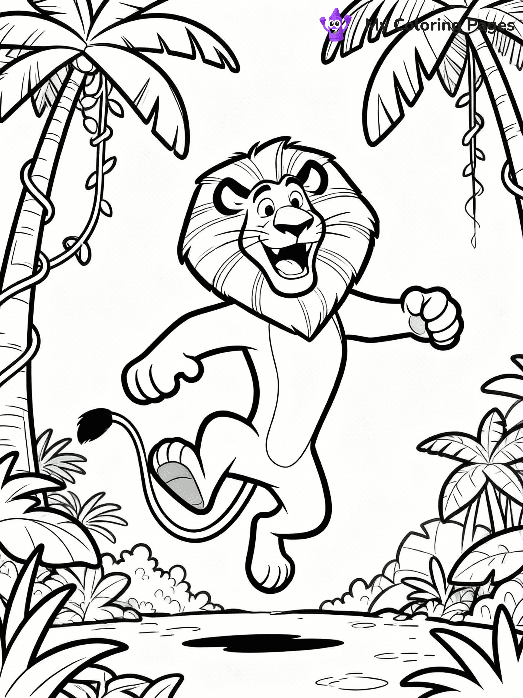 ⚠️ CRITICAL REQUIREMENT - ABSOLUTE BLACK AND WHITE ONLY ⚠️
This MUST be a BLACK AND WHITE line drawing ONLY. NO COLORS whatsoever.
- ONLY pure black lines (#000000) on pure white background (#FFFFFF)
- ABSOLUTELY NO colors, NO shading, NO gradients, NO grayscale
- If there are ANY colors in the output, the image is REJECTED
- This is a COLORING PAGE - meant to be COLORED IN by children
- The output must be UNCOLORED line art ready for coloring
⚠️ SUBJECT TO DRAW: Playful Alex the Lion from Madagascar in cartoon style, jumping with a big grin, jungle backdrop
(REMEMBER: Output must be BLACK AND WHITE line art only, NOT colored!)
# COLORING PAGE: BLACK OUTLINES ONLY - WHITE BACKGROUND MANDATORY
Create a **coloring book page** using EXACTLY two values: black lines, white space.
## NON-NEGOTIABLE BINARY RULES
- **ONLY #000000 (black) and #FFFFFF (white)** - NO other values exist
- **EVERY PIXEL = BLACK OR WHITE** - no gray/shading/antialiasing
- **WHITE BACKGROUND MANDATORY** - entire canvas stays white
- **ALL SHAPES HOLLOW** - everything is empty outlines waiting to be colored
- **FORBIDDEN:** fills, shading, gradients, patterns, textures, colors
- **NO SOLID REGIONS** - if it's not a thin line, it's wrong
## Universal Line Standards
- Black outlines ONLY - thin, uniform weight
- Every shape completely empty inside
- Closed contours suitable for coloring
- Simple flat illustration - zero depth/3D/realism
- **Style:** Whimsical Doodle Art Alley - rounded, friendly outlines (unless specified)
## Everything = Outline Only
- Characters/animals: hollow shapes
- Objects/clothing: empty contours
- Backgrounds/scenery: line work only
- Natural elements: outlined forms
- Dark/night areas: don't exist (use outlined symbols)
- Textures/patterns: convert to simple lines
## The Test
Can a child color EVERY white space with crayons? If any area is pre-filled/shaded/gray or colored in, it FAILS. Every shape must be waiting to receive color.
**FINAL OUTPUT**: Binary coloring page. Black lines define shapes. White spaces ready for coloring. Nothing else exists. No exceptions. Print-ready.
⚠️ FINAL REMINDER: Draw the subject "Playful Alex the Lion from Madagascar in cartoon style, jumping with a big grin, jungle backdrop" as BLACK AND WHITE line art. Zero colors in output.